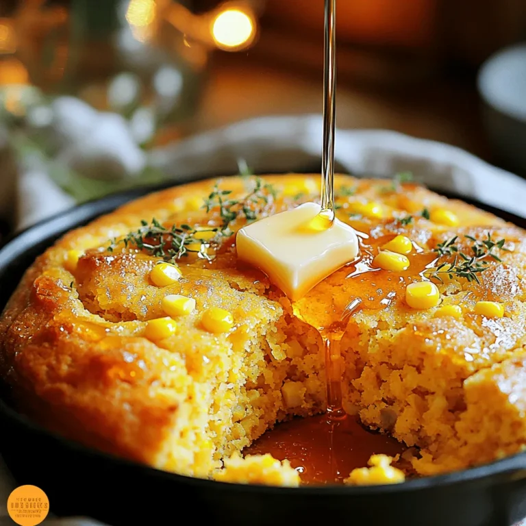 For the best Honey Butter Skillet Cornbread, gather these simple ingredients: - 1 cup cornmeal - 1 cup all-purpose flour - ½ cup granulated sugar - 1 tablespoon baking powder - ½ teaspoon salt - 1 cup milk, at room temperature - 2 large eggs, whisked - ¼ cup unsalted butter, melted and slightly cooled - ½ cup honey - ½ cup corn kernels - 2 tablespoons additional unsalted butter (for greasing) Each ingredient plays a key role. The cornmeal gives the bread its texture. The flour helps it rise. Sugar adds sweetness, while baking powder makes it fluffy. Salt enhances all the flavors. Milk keeps it moist, and eggs bind everything together. Melted butter adds richness, and honey brings a lovely sweetness. Corn kernels add bursts of flavor and texture. Using extra butter to grease the skillet ensures a crispy crust. With these ingredients, your cornbread will be rich and flavorful. First, set your oven to 400°F (200°C). Place your cast-iron skillet inside. This helps warm it up, so your cornbread gets that nice, crispy crust. In a large bowl, mix together the dry items. Add 1 cup of cornmeal, 1 cup of flour, ½ cup of sugar, 1 tablespoon of baking powder, and ½ teaspoon of salt. Whisk them well to break up any lumps. In another bowl, combine your wet items. Whisk 1 cup of milk, 2 large eggs, ¼ cup of melted butter, and ½ cup of honey. Make sure it’s smooth and mixed well. Pour the wet mixture into the dry ingredients. Use a spatula to gently fold them together. Don’t overmix! Add in ½ cup of corn kernels and fold until they are evenly spread. Carefully take the hot skillet out of the oven. Add 2 tablespoons of butter into the skillet. Swirl it around until it melts. This step helps create a golden, crispy edge. Pour the batter into the hot skillet, spreading it evenly. Place it back into the oven. Bake for 20-25 minutes. The top should be golden, and a toothpick should come out clean when inserted in the center. Let it cool for a few minutes before slicing. Enjoy! To get the best texture, use a mix of cornmeal and flour. This blend gives your cornbread a nice crumb. Make sure to fold the batter gently. Overmixing makes it tough. You want it light and fluffy. Adding corn kernels makes it even better. They add a sweet burst in every bite. A hot skillet is key for even baking. Preheat your cast-iron skillet in the oven. This helps the cornbread rise and form a great crust. Keep an eye on the time. Bake for 20-25 minutes until golden. A toothpick should come out clean from the center. Serve cornbread warm for the best taste. Cut it into wedges for easy sharing. Drizzle extra honey on top for sweetness. A pat of butter adds richness. You can also sprinkle fresh herbs, like parsley or chives, for a pop of color. This makes your dish look as good as it tastes! {{image_4}} You can make Honey Butter Skillet Cornbread even more exciting by adding spices and herbs. Try mixing in a teaspoon of chili powder for a kick. A pinch of cumin can add warmth too. Fresh herbs like thyme or rosemary bring a nice touch. Just chop them finely and fold them into the batter. These additions will enhance the flavor and make each bite special. Have fun by using different types of corn in your cornbread. Sweet corn kernels are a classic choice. You can also use white or blue cornmeal for a unique twist. If you want a richer taste, try adding creamed corn. This makes the cornbread moist and adds a sweet flavor. Experimenting with these options lets you find the perfect taste for your family. You can create sweet and savory twists to this recipe. Add some crumbled bacon or cheese for a savory delight. A little jalapeño gives it heat if you like spicy food. For a sweeter version, try folding in chocolate chips or dried fruit. These changes will make your cornbread stand out at any meal. Each option offers a new way to enjoy this delicious dish. To keep your Honey Butter Skillet Cornbread fresh, let it cool first. Once cool, wrap it tightly in plastic wrap or foil. You can also place it in an airtight container. Store it at room temperature for up to three days. If you want to keep it longer, the fridge is a good option. Cornbread will last about a week in the fridge. When you're ready to enjoy the leftovers, preheat your oven to 350°F (175°C). Place the cornbread on a baking sheet. Cover it with foil to prevent it from drying out. Heat for about 10-15 minutes, or until warm. You can also reheat it in the microwave. Just cover it with a damp paper towel and heat for about 30 seconds. For longer storage, you can freeze the cornbread. First, let it cool completely. Then, wrap it tightly in plastic wrap and aluminum foil. You can also place it in a freezer bag. It will keep well in the freezer for up to three months. When you want to eat it, thaw it in the fridge overnight. Reheat as described above. Yes, you can use gluten-free flour. Look for a brand that works well in baking. A blend of rice flour, tapioca flour, and potato starch often works best. Remember, gluten-free flour may change the texture. It might be slightly more crumbly or dense, but still delicious. To make it less sweet, reduce the sugar. Try cutting the granulated sugar to ¼ cup. You can also skip the honey drizzle on top. This will keep the cornbread tasty but less sweet. You can add a pinch of salt to balance the flavors too. This cornbread pairs well with many dishes. Serve it alongside chili, soups, or barbecued meats. It also works great with a simple salad or roasted veggies. Add a bit of butter or honey on top for extra flavor. Yes, you can prepare the batter ahead of time. Mix the dry and wet ingredients, but do not combine them yet. Store them in the fridge for up to 24 hours. When ready, combine and bake as usual. You can also bake the cornbread and store it covered for a few days. Reheat slices in the oven for best results. In this blog post, we explored how to make delicious Honey Butter Skillet Cornbread. We discussed the needed ingredients, step-by-step instructions, and helpful tips for a perfect bake. We also looked at tasty variations and storage methods to keep your cornbread fresh. Now, you can enjoy this delightful treat anytime. Remember, cooking is fun! Experiment with flavors and share your results with friends and family. Your homemade cornbread will surely impress!
