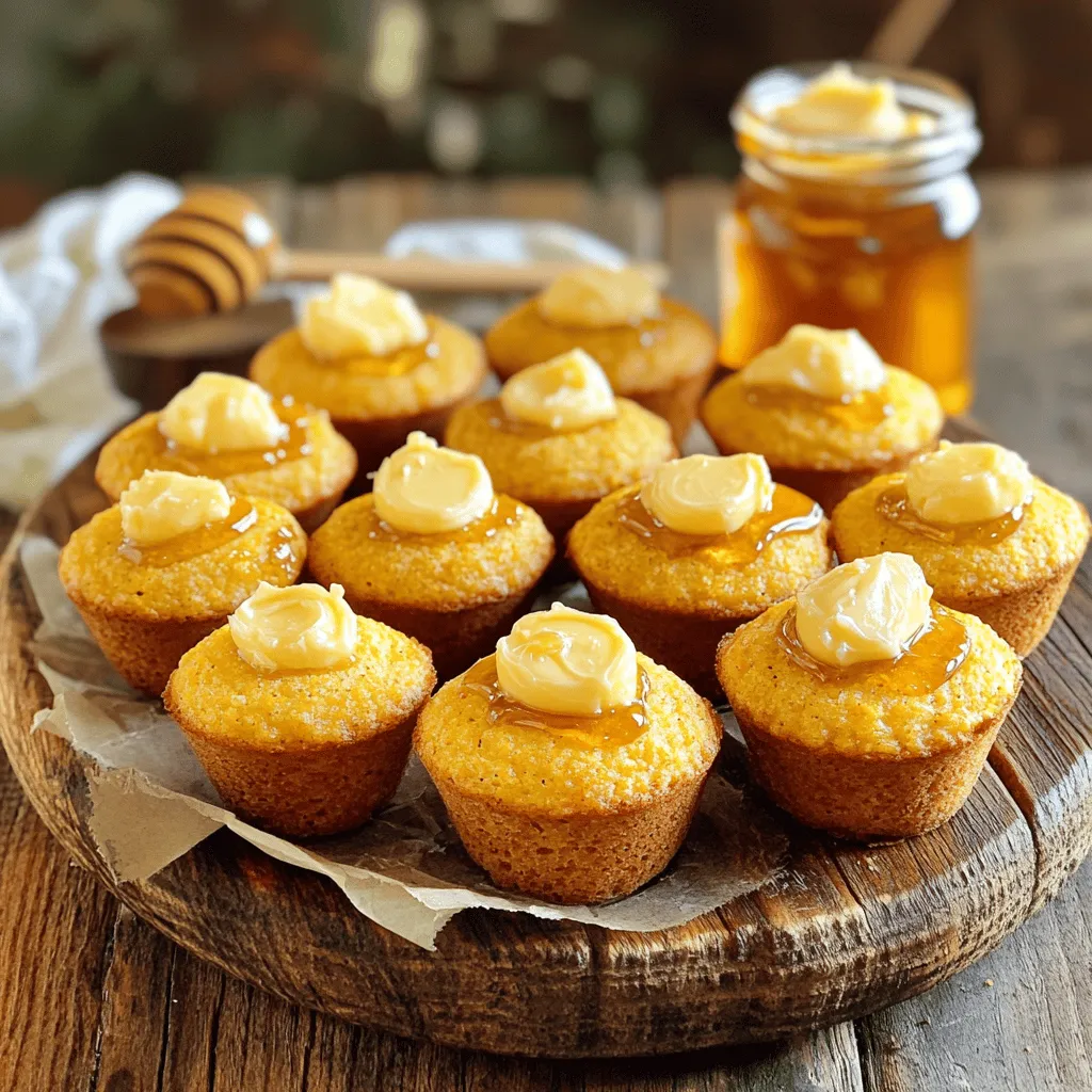 To make cornbread honey butter muffin bites, you will need: - 1 cup cornmeal - 1 cup all-purpose flour - 1 tablespoon baking powder - 1/2 teaspoon salt - 1/4 cup granulated sugar - 1 cup milk - 2 large eggs - 1/4 cup unsalted butter, melted - 1/2 cup honey - 2 tablespoons unsalted butter, softened (for honey butter) - Additional honey for drizzling Exact measurements are key for great muffins. Here’s what you need: - Cornmeal: 1 cup gives a nice texture. - All-purpose flour: 1 cup helps bind the mix. - Baking powder: 1 tablespoon makes them rise. - Salt: 1/2 teaspoon adds flavor. - Granulated sugar: 1/4 cup balances the taste. - Milk: 1 cup keeps it moist. - Large eggs: 2 eggs add richness. - Unsalted butter (melted): 1/4 cup for a lovely flavor. - Honey: 1/2 cup sweetens the mix. - Softened butter (for honey butter): 2 tablespoons make it creamy. - Extra honey: Drizzle as desired for extra sweetness. Choosing high-quality ingredients makes a big difference. Here are my tips: - Cornmeal: Look for stone-ground for the best taste. - Flour: Use unbleached all-purpose flour for better texture. - Baking powder: Make sure it's fresh for the best rise. - Honey: Use raw or local honey for richer flavor. - Butter: Choose unsalted butter for better control over salt. - Milk: Whole milk yields a creamier muffin. When you pick the best ingredients, your muffins will shine! Enjoy each bite of your cornbread honey butter muffin bites. Start by preheating your oven to 400°F (200°C). This step is key for getting those muffins to rise nicely. While the oven warms up, grab a mini muffin tin and lightly grease it. This will help the muffins come out easily. In a large mixing bowl, combine these dry ingredients: - 1 cup cornmeal - 1 cup all-purpose flour - 1 tablespoon baking powder - 1/2 teaspoon salt - 1/4 cup granulated sugar Stir these ingredients well. This helps mix them evenly and breaks up any lumps. In another bowl, whisk together: - 1 cup milk - 2 large eggs - 1/4 cup melted unsalted butter Make sure it’s smooth. Once mixed, pour this wet mixture into the bowl with dry ingredients. Stir gently until just combined. It’s okay if there are a few lumps; don’t overmix. This keeps the muffins light and fluffy. Using a spoon or small ice cream scoop, fill each muffin tin cavity about two-thirds full. This leaves space for the muffins to rise. Place the muffin tin in the preheated oven. Bake for 12 to 15 minutes. You’ll know they’re done when the tops are golden brown. A toothpick inserted in the center should come out clean. While the muffins bake, prepare the honey butter. In a small bowl, mix: - 2 tablespoons softened unsalted butter - 1/2 cup honey Stir until it’s smooth and creamy. This sweet treat will be perfect for spreading. After baking, let the muffins cool in the tin for about 5 minutes. Then, transfer them to a wire rack to cool completely. Serve these warm with a drizzle of honey. Add a generous dollop of honey butter on top for a delicious finish. Enjoy! To get the best texture in your cornbread honey butter muffin bites, focus on mixing. Combine dry ingredients well to avoid lumps. When you mix in the wet ingredients, stir just enough to blend. Leaving some lumps is okay. This keeps your muffins light and fluffy. Also, don’t overbake them. Check for doneness at 12 minutes. The tops should be golden brown. Avoid using too much flour. This makes the muffins dense. Don’t skip the resting time after mixing. Letting the batter sit for a few minutes helps it rise better. Also, remember to grease your muffin tin well. This prevents sticking and makes for easy removal. Lastly, don’t skip the honey butter. It adds a sweet, creamy finish that enhances the flavor. Serve your muffins warm for the best taste. Try drizzling extra honey on top for sweetness. Pair these muffin bites with a cup of tea or coffee. They also go great with chili or soup. For a fun twist, serve with fresh fruit or jam. This adds color and flavor to your table. Enjoy sharing these bites with friends and family for a cozy treat. {{image_4}} You can boost the flavor of your cornbread honey butter muffin bites. Try adding cheese for a savory touch. Sharp cheddar works great. You can also mix in cooked bacon bits for extra richness. For a sweet twist, fold in blueberries or diced peaches before baking. Nuts like pecans or walnuts add a nice crunch too. If you need a gluten-free option, swap the all-purpose flour for a gluten-free blend. Look for a mix that has a good balance of rice flour and starches. This keeps the texture light. Make sure your baking powder is gluten-free as well. Check the labels to be safe. You can enjoy these muffin bites without worry! You can create different flavors based on your mood. For sweet muffin bites, add cinnamon or a dash of nutmeg to the batter. A drizzle of maple syrup can enhance the sweetness. For savory options, try herbs like chives or thyme. These herbs add depth and aroma. You can even top them with a sprinkle of coarse salt before baking. To keep your cornbread honey butter muffin bites fresh, store them in an airtight container. This prevents moisture loss and keeps them soft. If you plan to eat them within two days, leave them at room temperature. For longer storage, consider refrigeration. You can freeze these muffin bites for up to three months. To do this, allow them to cool completely. Then, place them in a freezer-safe bag. When you’re ready to enjoy them, thaw them in the fridge overnight. For a quick reheat, pop them in the microwave for about 15 seconds. These muffin bites last about four days in the fridge. Check for any signs of spoilage, like mold or an off smell. If they feel hard or dry, it's best to toss them. Always trust your senses when it comes to food safety. Yes, you can use cornmeal mix. It includes flour and leavening agents. Just skip the baking powder in your recipe. The muffins will still taste great! Check the muffins after 12 minutes. Insert a toothpick into the center. If it comes out clean, your muffins are ready. The tops should also look golden brown. If you need a substitute for honey, try maple syrup or agave nectar. Both add sweetness and flavor. You can also use brown sugar mixed with a little water. To make these muffins gluten-free, use a gluten-free flour blend. For a dairy-free option, swap milk with almond milk or oat milk. Use coconut oil instead of butter for a vegan option. Yes! You can bake the muffins a day in advance. Store them in an airtight container. Reheat in the oven for a few minutes before serving. Enjoy them warm! Cornbread honey butter muffin bites are delicious and easy to make. We covered the main ingredients and measurements needed to create them. Following the step-by-step instructions ensures perfect muffins every time. I shared tips to enhance texture and avoid common mistakes. You can also explore fun variations and learn about storing your muffins. In summary, these muffins are tasty, versatile, and great for any occasion. Enjoy baking and sharing them!