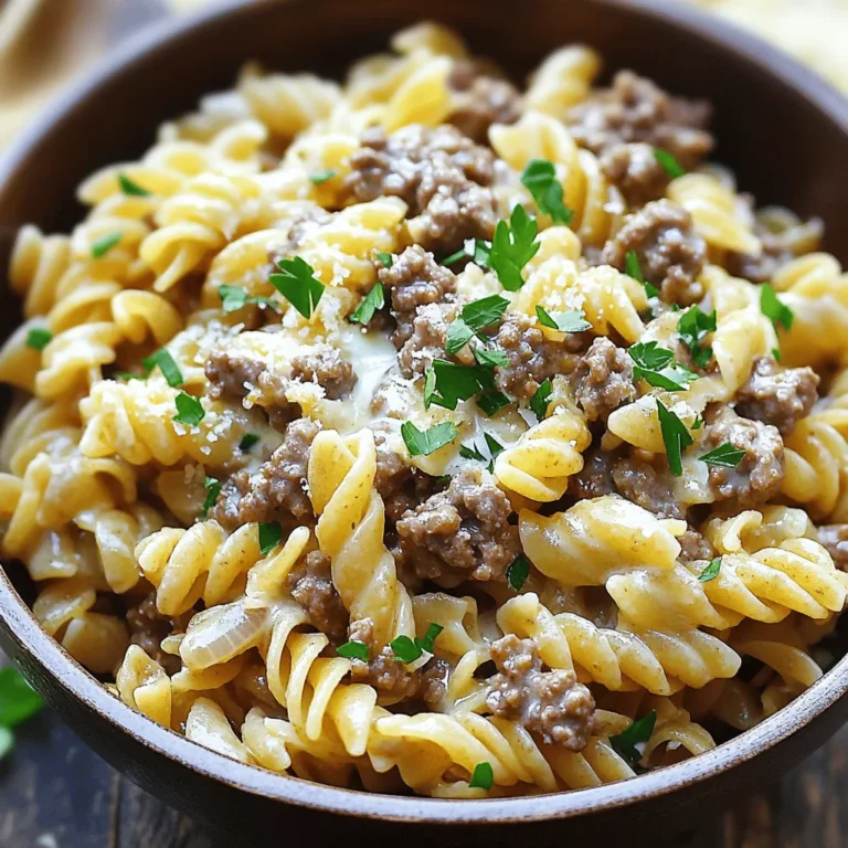 - 8 ounces whole wheat pasta (any shape you prefer) - 1 pound lean ground beef (90% lean for a healthier option) - 1 cup low-fat cottage cheese - 1 cup plain Greek yogurt - 1 cup low-sodium beef broth - 1 tablespoon olive oil - 1 medium onion, finely chopped - 3 cloves garlic, minced - 1 teaspoon Italian seasoning blend - Salt and pepper to taste - ½ cup grated Parmesan cheese (for optional topping) - Fresh parsley, chopped (for garnish) For this high-protein creamy beef pasta, you will use whole wheat pasta for added fiber. Lean ground beef helps keep the dish healthy while still providing plenty of protein. Low-fat cottage cheese and plain Greek yogurt create a creamy texture without too many calories. You can also add low-sodium beef broth for flavor. Olive oil helps cook the onions and garlic evenly. Chopped onion and minced garlic form a solid base for the dish. Don't forget to season with salt, pepper, and Italian seasoning to bring out all the flavors. Optional toppings like grated Parmesan cheese and fresh parsley can elevate your meal. This combination of ingredients makes a delicious and wholesome meal that you can whip up in no time. Enjoy your cooking! To start, fill a large pot with water. Add a good amount of salt. This salt boosts the pasta’s flavor. Bring the water to a rolling boil. Now, add your whole wheat pasta. Cook it according to package instructions until it's al dente. This usually takes around 8 to 10 minutes. Once done, drain the pasta and set it aside. Next, grab a spacious skillet. Heat one tablespoon of olive oil over medium-high heat. Add the finely chopped onion and cook for about 3-4 minutes. You want the onion to turn translucent. After that, toss in the minced garlic. Cook it for another minute until it smells great. This step builds a solid flavor base. Now, add the lean ground beef to the skillet. Season it with salt, pepper, and Italian seasoning blend. Cook, stirring and breaking the beef apart, until it’s fully browned. This should take around 5-7 minutes. Make sure the beef is cooked through for safety. Lower the heat to a gentle simmer. Pour in one cup of low-sodium beef broth. Now, it’s time to add the creamy elements: one cup of low-fat cottage cheese and one cup of plain Greek yogurt. Stir everything well. Let it simmer for about 3-4 minutes. You want the sauce to be creamy and heated through. It should have a smooth texture. Now, carefully add the drained pasta to the skillet. Use tongs or a large spoon to toss the pasta with the creamy beef sauce. Make sure every piece is well coated. Taste the dish and adjust the seasoning if needed. This is your chance to make it perfect. - To ensure your pasta is al dente, boil it until it has a slight bite. Follow the cooking time on the package but check a minute early. This way, your pasta won’t become mushy. - Browning ground beef effectively makes your dish rich in flavor. Use medium-high heat and let the beef sit for a bit before stirring. This helps it brown nicely. - Fresh herbs can really lift your dish. Try adding chopped parsley or basil at the end. They add bright flavors and make your dish look nice. - If you want an extra kick, consider adding red pepper flakes or a dash of hot sauce. Spice can enhance the creamy sauce and make it exciting. - For high-protein alternatives, you can swap ground beef with turkey or chicken. These options lower fat while keeping protein high. - To reduce sodium, use low-sodium beef broth and limit added salt. This keeps your dish flavorful without too much salt. {{image_4}} You can change the protein in this dish easily. Try ground turkey or chicken instead of beef. These options are lean and still pack a protein punch. If you're feeling adventurous, swap in lentils for a plant-based twist. Lentils are rich in protein and fiber. Adding vegetables is a great way to boost nutrition. Toss in spinach, bell peppers, or zucchini for color. You can sauté these veggies with the onion and garlic. This step adds flavor and texture to your creamy beef pasta. If you need gluten-free options, use gluten-free pasta. Many brands make tasty choices that work well in this recipe. Just follow the cooking time on the package. For a dairy-free version, swap the cottage cheese and Greek yogurt for cashew cream or a dairy-free yogurt. These options keep the creamy texture while catering to dietary needs. Be sure to check labels for added sugars and other ingredients. Changing the seasoning can make a big difference. Instead of Italian seasoning, try a taco spice blend for a fun twist. This adds a new flavor dimension to the dish. If you like heat, add red pepper flakes or diced jalapeños. Mixing in hot sauce can also give your creamy beef pasta a spicy kick. Experiment with different spices to find your favorite flavor. After enjoying your meal, let the pasta cool down. This step keeps it safe. Place it in a container. I recommend using an airtight container to keep the flavors fresh. Make sure to store it in the fridge if you plan to eat it within three days. To reheat, use a skillet on low heat. Add a splash of beef broth or water. This will help keep the sauce creamy. Stir gently to avoid overcooking. Overcooking can make the sauce dry. Heat until warm, but not bubbling. You can freeze portions for later. Use freezer-safe containers or bags. Leave some space for the food to expand. When ready to enjoy, thaw the pasta in the fridge overnight. Reheat slowly in a skillet for the best taste. High-protein beef pasta is a dish that combines pasta with lean ground beef and creamy ingredients. It offers a great balance of protein, carbs, and healthy fats. This dish helps build muscle and keeps you full longer. By using lean beef and whole wheat pasta, you get a meal that's both filling and nutritious. The cottage cheese and Greek yogurt add creaminess while boosting protein content. Yes, you can use other types of pasta. Options include gluten-free pasta, zoodles, or even chickpea pasta. Cooking times might change a bit. Always check the package instructions to ensure perfect texture. If you pick a thinner pasta, reduce the cooking time. For zoodles, just sauté until tender for a lighter option. You can lower the calories by making a few swaps. Use less beef or a leaner cut, like ground turkey. Replace some cottage cheese with more Greek yogurt. You can also cut back on the cheese topping. Another tip is to use less oil when cooking. Adding more veggies can help make the dish lighter without losing flavor. Yes, you can prep this dish ahead. Cook the pasta and beef mixture separately and store them in the fridge. You can mix them right before serving. This can help save time on busy days. If you want to freeze it, make sure to cool it first. When ready to eat, just reheat gently on the stove or in the microwave. This blog explores how to make a tasty high-protein beef pasta dish. We covered main ingredients like whole wheat pasta and low-fat cottage cheese. Next, I shared step-by-step cooking methods and gave tips for seasoning and storage. Finally, we discussed variations for your taste and dietary needs. With these insights, you can create a healthy meal that suits your style. Enjoy cooking and personalize this dish to fit your cravings!