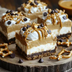 - 1 ½ cups crushed pretzels - ½ cup unsalted butter, melted - ⅓ cup brown sugar - 1 cup cream cheese, softened - 1 cup smooth peanut butter - 1 cup powdered sugar - 1 teaspoon vanilla extract - ¾ cup whipped cream - ¼ cup chocolate chips (optional) - Extra pretzel pieces (optional) You can make your no-bake cheesecake bars even more fun. Here are some ideas: - Drizzle melted peanut butter on top. - Sprinkle chocolate chips for extra sweetness. - Add crushed pretzel pieces for a nice crunch. These garnishes bring more flavor and a pretty look to your bars. To whip up these bars, you’ll need a few tools: - A large mixing bowl - A 9x9 inch baking pan - A spatula for mixing - An electric mixer for smooth mixing - Parchment paper for easy lifting Having the right equipment makes the process easier and more fun! To start, gather your ingredients for the pretzel crust. You will need: - 1 ½ cups crushed pretzels - ½ cup unsalted butter, melted - ⅓ cup brown sugar First, combine the crushed pretzels, melted butter, and brown sugar in a large bowl. Mix until it looks like moist sand. This texture helps the crust hold together. Next, line a 9x9 inch baking pan with parchment paper. Firmly press the pretzel mix into the bottom of the pan. Use the back of a measuring cup to pack it down evenly. This step is key for a sturdy base. Now, let’s make the filling. For this, you’ll need: - 1 cup cream cheese, softened - 1 cup smooth peanut butter - 1 cup powdered sugar - 1 teaspoon vanilla extract - ¾ cup whipped cream In a separate bowl, mix the cream cheese, peanut butter, powdered sugar, and vanilla extract. Use an electric mixer on medium speed to blend until smooth. The filling should be creamy and free of lumps. Next, gently fold in the whipped cream with a spatula. This keeps the filling light and fluffy. Now, spread the cheesecake filling over the pretzel crust. Use an offset spatula to smooth it out evenly. After your filling is in place, it’s time to chill. If you want, sprinkle chocolate chips and extra pretzel pieces on top for added crunch. Cover the pan with plastic wrap and place it in the fridge. Chill for at least 4 hours, but overnight is even better. This helps the bars set perfectly. When ready to serve, lift the bars out using the parchment paper. Slice into neat squares and enjoy them chilled. For a fun twist, drizzle extra peanut butter or chocolate sauce on top before serving. When making these cheesecake bars, avoid the following common mistakes: - Overmixing the peanut butter filling. This can make it dense. Mix only until smooth. - Not packing the pretzel crust tightly enough. A loose crust may crumble when you slice it. Press firmly. - Skipping the chill time. These bars need time to set. Skipping this step affects texture. Folding in whipped cream can seem tricky, but it’s simple: 1. Use a spatula. A spatula helps you lift and fold gently. 2. Add whipped cream in batches. This keeps the mixture light. Start with a small amount. 3. Fold, don’t stir. Gently lift the mixture from the bottom. Rotate it to mix without deflating. Making your bars look great is easy: - Use a decorative serving dish. This adds flair to your table. - Drizzle with peanut butter or chocolate sauce. This gives a beautiful finish. - Garnish with whole pretzels. These add a fun touch and texture. These tips will help you create a stunning dessert that impresses! {{image_4}} You can swap peanut butter for other nut butters. Almond or cashew butter works well. Each nut butter gives a new flavor. This change keeps the bars fun and exciting. Always choose a smooth nut butter to match the texture of the cheesecake. To make these bars gluten-free, use gluten-free pretzels. Many brands offer good options. Check labels to ensure they are truly gluten-free. The rest of the recipe works well without changes. Your bars will taste great and suit gluten-free diets. You can add chocolate or caramel for extra flavor. Drizzle chocolate sauce on top for a sweet touch. Melted caramel can add richness. You might also mix chocolate chips into the filling. These options create a tasty twist on the classic recipe. Enjoy trying different flavors to find your favorite! To keep your No-Bake Peanut Butter Pretzel Cheesecake Bars fresh, wrap them tightly. Use plastic wrap or foil to cover the pan. This helps prevent drying out. You can also store them in an airtight container. This method keeps them moist and tasty. These cheesecake bars last about 5 days in the fridge. Make sure to check for any signs of spoilage. If you see any odd smells or changes in texture, it’s best to toss them. For the best flavor, eat them within the first few days. You can freeze these bars for longer storage. Cut them into individual pieces and wrap each one in plastic wrap. Then, place them in a freezer bag. They will stay good for up to 3 months. When you're ready to enjoy, just thaw them in the fridge overnight. Yes, you can use crunchy peanut butter! It adds a nice texture. If you enjoy bites of peanuts, go for it. Just remember, it may change the smoothness of the bars. The taste will still be rich and yummy. The cheesecake bars are set when they feel firm to the touch. They should not jiggle in the center. Chill them for at least four hours. For best results, let them sit overnight. This helps the bars firm up and makes slicing easier. If you need a substitute for cream cheese, try using Greek yogurt. It gives a similar texture with a tangy taste. You can also use mascarpone cheese for a creamier option. Just make sure it's softened for easy mixing. This blog post explored how to make delicious peanut butter cheesecake bars. We discussed key ingredients, step-by-step instructions, and helpful tips. I shared ways to add your twist with variations like nut butters and flavors. We also covered storage best practices to keep your bars fresh. In the end, making these bars is fun and creative. Don't be afraid to try new ideas. Enjoy your cheesecake bars and share them with others!
