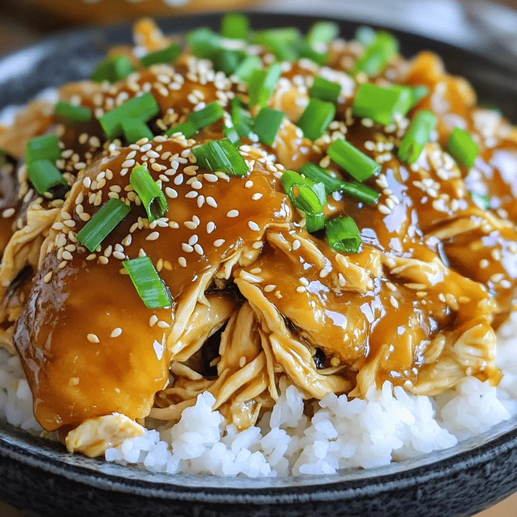 For this tasty dish, you will need: - 4 boneless, skinless chicken thighs - 1/2 cup soy sauce (or tamari for gluten-free) - 1/4 cup honey - 2 tablespoons rice vinegar - 3 cloves garlic, finely minced - 1 tablespoon fresh ginger, peeled and grated - 1 tablespoon sesame oil - 2 tablespoons cornstarch - 1/4 cup water These main ingredients create a flavorful teriyaki sauce. The soy sauce adds saltiness, while honey gives it sweetness. The rice vinegar adds a nice tang. Garlic and ginger bring warmth and depth to the dish. You can customize your teriyaki chicken by adding: - Pineapple chunks for sweetness - Bell peppers for color and crunch - Broccoli for added nutrition - Carrots for a hint of sweetness These optional ingredients can make your meal more vibrant and delicious. Feel free to mix and match based on your family's taste. To make your dish shine, try these garnishes: - 1 teaspoon sesame seeds - 2 green onions, finely chopped Serve the teriyaki chicken over warm, fluffy rice. This dish looks great on a large platter. Drizzle extra sauce on top for added flavor. The sesame seeds and green onions add a nice finish. Enjoy the colorful and tasty meal with your family! To start, grab a medium-sized bowl. Add 1/2 cup of soy sauce, 1/4 cup of honey, and 2 tablespoons of rice vinegar. Next, mince 3 cloves of garlic and grate 1 tablespoon of fresh ginger. Toss these into the bowl. Don’t forget to add 1 tablespoon of sesame oil. Whisk everything together until it looks smooth and well mixed. This sauce will make your chicken tasty and sweet. Now, place 4 boneless, skinless chicken thighs at the bottom of your slow cooker. Pour the teriyaki sauce over the chicken. Make sure each thigh gets coated well. Put the lid on the slow cooker. You can set it to cook on low for 6-7 hours or on high for 3-4 hours. When the chicken is done, it should be very tender. After cooking, use tongs or a slotted spoon to lift the chicken out. Place it on a cutting board. Use two forks to shred the chicken into small pieces. In a small bowl, mix 2 tablespoons of cornstarch with 1/4 cup of water. Stir until it’s smooth. Slowly add this mix to the sauce left in the slow cooker. Switch the slow cooker to high heat. Leave it uncovered for 10-15 minutes until the sauce thickens. Return the shredded chicken back into the thickened sauce. Stir well so all the pieces are coated. Serve the chicken over warm rice and enjoy! To get tender chicken, use boneless, skinless thighs. They stay juicy and flavorful. Cook on low heat for the best results. This slow cooking method helps the meat become fork-tender. If you're short on time, you can cook on high heat. Just remember to check the chicken often. You can change the sweetness by adjusting the honey. Add more honey for a sweeter dish or use less for a savory taste. If you want a bit of heat, add red pepper flakes. For a different flavor, try adding a splash of orange juice or pineapple juice. This will give your sauce a fruity twist. Always coat the chicken well with the sauce. This helps the flavors soak in. Avoid lifting the lid too often; it lets out heat and steam. Keep the lid closed during cooking for even results. Let the chicken rest for a few minutes after cooking to keep it moist. {{image_4}} You can easily boost the health of your teriyaki chicken. Adding vegetables gives more flavor and vitamins. Try bell peppers, broccoli, or snap peas. Cut them into small pieces. Add them to the slow cooker during the last hour of cooking. This way, they stay crisp and colorful. You’ll enjoy a balanced meal with great taste. If you want to mix it up, try different proteins. Tofu is a great choice for a vegetarian meal. Use firm tofu and press it to remove excess water. Cut it into cubes and add it to the sauce. For a heartier option, use pork. Pork shoulder works well. Cook it the same way as chicken for a tasty twist. Want a kick? You can spice up your teriyaki sauce. Add sriracha or red pepper flakes for heat. Start with a small amount and taste as you go. You can also switch up the flavor. Try adding pineapple juice for sweetness or sesame paste for depth. These small changes can create new and exciting flavors in your dish. To keep your teriyaki chicken fresh, place the leftovers in an airtight container. This helps lock in flavor and moisture. You can store it in the fridge for up to three days. Make sure it cools down before you seal the container. This will help prevent condensation inside. When it's time to eat again, reheat your chicken in the microwave or on the stove. If using the microwave, place the chicken in a bowl and cover it. Heat in short bursts of one minute until hot. If reheating on the stove, use low heat and stir often. Add a splash of water or soy sauce to keep it moist. If you want to save some for later, freezing is a great option. Pack the chicken in a freezer-safe bag or container. Try to remove as much air as possible. This keeps it fresh for about two to three months. When you’re ready to eat it, thaw it overnight in the fridge. Then, reheat using the instructions above. Yes, you can use frozen chicken in the slow cooker. However, it may take longer to cook. Make sure the chicken reaches a safe temperature of 165°F. If using frozen chicken, set your slow cooker to high. Cook for 4 to 5 hours instead of the usual time. This helps keep the chicken juicy and tender. Using frozen chicken can save time on prep. Just add the teriyaki sauce as usual. The chicken will soak up all that flavor as it cooks. To make this recipe gluten-free, use tamari instead of soy sauce. Tamari is a great option that keeps the flavor intact. Check all other ingredients to ensure they are gluten-free. Some brands of honey and rice vinegar may contain gluten. Always read labels before using. You can also add gluten-free cornstarch for thickening. This way, your teriyaki chicken remains delicious and safe for anyone with gluten sensitivities. Teriyaki chicken pairs nicely with many side dishes. Here are some of my favorites: - Steamed broccoli: Its crunch complements the soft chicken. - Jasmine rice: This is a classic choice and soaks up the sauce well. - Stir-fried vegetables: Use bell peppers, snap peas, and carrots for color. - Cucumber salad: This adds a refreshing crunch and balances the savory chicken. Feel free to mix and match! Each side adds a new flavor to your meal. Enjoy experimenting! To sum up, making slow cooker teriyaki chicken is easy and fun. You learned about the key ingredients and how to customize your dish. I shared step-by-step instructions and tips for perfect texture. You saw different variations, including adding vegetables or using different proteins. Storing and reheating your leftovers was also covered. Enjoy experimenting with this recipe! You can create a meal that fits your taste perfectly. Happy cooking!