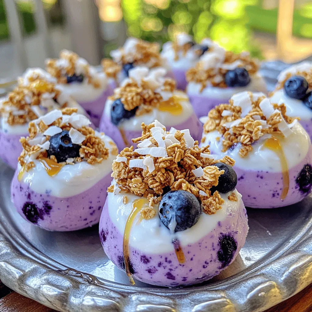 You need 2 cups of fresh blueberries for this recipe. Look for berries that are plump and firm. Fresh blueberries burst with flavor and add a vibrant color to your snack. If you can’t find fresh blueberries, try using frozen ones. Just make sure to thaw and drain them first. For yogurt, use 1 ½ cups of Greek yogurt. You can choose vanilla for a sweet taste or plain for a simple flavor. Greek yogurt gives a creamy texture and packs in protein. This makes your snack healthy and filling. Next, add 2 tablespoons of honey or maple syrup. This sweetens the yogurt and balances the tartness of the blueberries. You can pick based on your taste. Also, add 1 teaspoon of pure vanilla extract to boost flavor. A pinch of salt helps bring out the sweetness too. If you want more fun, consider optional toppings like granola, crushed nuts, coconut flakes, or mini chocolate chips. These add crunch and extra flavor to your bites. Start by gathering your ingredients. In a medium bowl, mix 1 ½ cups of Greek yogurt with 2 tablespoons of honey or maple syrup. Add 1 teaspoon of pure vanilla extract and a pinch of salt. Stir until it is smooth and creamy. Make sure to blend well so that all the flavors combine. This yogurt mixture is the base of your frozen bites. Next, gently fold in 2 cups of fresh blueberries. Use a spatula to combine them carefully. Be gentle to keep the blueberries whole. This step is key as you want those juicy bursts of flavor in every bite. Make sure every blueberry gets coated in the yogurt mixture. Now, prepare a baking sheet by lining it with parchment paper. Use a small spoon or scoop to place dollops of the yogurt mixture onto the sheet. You can shape them into small rounds or leave them as rustic blobs. For fun, sprinkle optional toppings like granola or mini chocolate chips on top. Once done, put the baking sheet in the freezer. Let them freeze for at least 2-3 hours. Once firm, peel them from the parchment and store in an airtight container. Enjoy these tasty bites! To get the best texture in your frozen bites, use full-fat Greek yogurt. This yogurt is thick and creamy. It holds its shape well when frozen. Mix the yogurt, honey, vanilla, and salt well. This helps create a smooth base. When you fold in the blueberries, do it gently. You want them intact, not mushy. If you follow these steps, your bites will be creamy and fun to eat. You can make your blueberry yogurt bites special with toppings. Granola adds crunch and flavor. Crushed nuts bring a nice bite. Coconut flakes give a tropical twist. Mini chocolate chips can make it feel like a dessert. Sprinkle your chosen toppings on top before freezing. This extra touch makes them more fun and tasty. Serving these bites can be simple but impressive. Use a decorative platter to show off their color. Add a handful of fresh blueberries for a pop. Drizzle honey over the bites for extra sweetness. This not only looks good but also tastes great. Remember, the way you present food can make it more appealing. Your guests will love these little treats! {{image_4}} You can easily switch up the yogurt flavor in this recipe. I love using Greek yogurt, but you can try many flavors. For example, strawberry or coconut yogurt adds a fun twist. You can even use plain yogurt if you prefer a less sweet taste. Each flavor changes the frozen bites and makes them unique. Honey and maple syrup work well, but you can try other sweeteners too. Agave nectar is a great choice for a light touch of sweetness. If you want a sugar-free option, consider using stevia or erythritol. Each sweetener changes the flavor slightly, so pick what you enjoy. You can mix in seasonal fruits for added taste and nutrition. In summer, add peaches or raspberries. In fall, diced apples or pumpkin puree can be great. Each fruit brings new flavors. Get creative and use what you have on hand for tasty variations! To keep your blueberry yogurt bites fresh, use an airtight container. This helps prevent freezer burn. Make sure the bites are fully frozen before transferring them. I recommend using parchment paper when you freeze them. It makes it easy to lift them off later. If stored properly, these bites last up to three months in the freezer. After that, they may lose texture and taste. Always check for any ice crystals or freezer burn before eating. When you're ready to enjoy your bites, take out as many as you want. Let them sit at room temperature for about five minutes. This helps them soften just enough for a perfect bite. You can also eat them straight from the freezer for a refreshing treat! Yes, you can use frozen blueberries. However, they may be softer. This can change the texture of the bites. If you use frozen, let them thaw slightly. Drain any extra water before mixing them with yogurt. This keeps your bites from becoming too runny. You can easily adjust this recipe for dietary needs. For dairy-free options, use coconut yogurt or almond yogurt. If you need a low-sugar snack, skip the honey or use a sugar substitute like stevia. Always check labels to ensure they fit your diet. These yogurt bites are versatile and fun! You can blend in other fruits like strawberries or raspberries. For a crunch, add nuts or seeds. You can also try different flavors, like chocolate yogurt or adding spices like cinnamon. They make great toppings for oatmeal or smoothies, too! You learned how to make tasty yogurt bites with fresh blueberries and yogurt. I covered the steps to get the right texture and shape. I also shared tips for adding fun toppings and serving ideas. You can try different yogurt flavors and seasonal fruits to mix things up. In the end, these bites are easy to store and enjoy later. They are perfect for you or anyone who loves a healthy snack. Enjoy creating your own version!