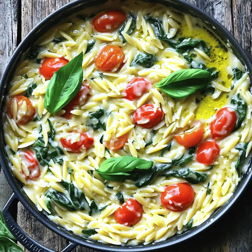 To make One Pot Creamy Garlic Parmesan Orzo, you will need a few simple ingredients. Here’s what you need: - 1 cup orzo pasta - 2 tablespoons olive oil - 3 cloves garlic, minced - 4 cups vegetable broth - 1 cup heavy cream - 1 cup grated Parmesan cheese - 1 teaspoon dried Italian herbs - Salt and pepper to taste - 1 cup fresh spinach (or arugula) - ½ cup cherry tomatoes, halved - Fresh basil leaves for garnish Each ingredient plays a key role in creating this dish. The orzo pasta gives a nice texture. Olive oil adds richness and helps with cooking. Garlic brings a great aroma and flavor. Vegetable broth adds depth to the dish. Heavy cream makes it rich and creamy. Parmesan cheese adds a salty, umami flavor. Dried Italian herbs enhance the taste with their blend of spices. Fresh spinach (or arugula) adds color and nutrients. Cherry tomatoes provide sweetness and a burst of flavor. Finally, fresh basil leaves make the dish look pretty and add freshness. Gather these ingredients before you start cooking. Having everything ready makes the cooking process smooth and fun! 1. First, grab a large pot or deep skillet. 2. Heat 2 tablespoons of olive oil over medium heat until it shines. 3. Add 3 cloves of minced garlic to the pot. Sauté for 1-2 minutes. 4. Watch for the garlic to turn fragrant and light golden. Do not burn it. 5. Now, stir in 1 cup of orzo pasta. Cook for 1 more minute. 6. This step toasts the orzo. It adds a nice flavor to the dish. 1. Carefully pour in 4 cups of vegetable broth. 2. Turn up the heat to bring the mix to a boil. 3. Once boiling, reduce the heat to simmer. Cover the pot. 4. Let it cook for about 10 minutes. Stir often. 5. Check that the orzo is al dente. Remove the lid. 6. Add 1 cup of heavy cream and 1 cup of grated Parmesan cheese. 7. Mix in 1 teaspoon of dried Italian herbs. Stir until creamy. 1. Gently fold in 1 cup of fresh spinach and ½ cup of halved cherry tomatoes. 2. Let the spinach wilt and tomatoes warm for 2-3 minutes. 3. Taste your dish and add salt and pepper to your liking. 4. Serve hot. Garnish with fresh basil leaves for a lovely finish. - Best practices for sautéing garlic: Start with medium heat. Add olive oil and let it shimmer. Once it's hot, add the minced garlic. Stir it for 1-2 minutes. You want it fragrant and golden, not brown. If it burns, it will taste bitter. - How to achieve the right orzo texture: Cook the orzo in boiling vegetable broth. This helps it absorb flavor. Stir occasionally to prevent sticking. Aim for al dente, which means firm but not hard. This takes about 10 minutes of simmering. - Overcooking the orzo: Keep an eye on the timer. If you cook it too long, it becomes mushy. It should have a slight bite when you taste it. - Skipping the seasoning check: Always taste your dish before serving. Add salt and pepper to enhance the flavors. Don’t skip this step; it makes a big difference! {{image_4}} You can swap out heavy cream for different options. Use half-and-half for less fat. Coconut milk adds a yummy twist. For a lighter version, try plain yogurt. When it comes to cheese, Parmesan is great, but not the only choice. Grate some Pecorino Romano for a sharper taste. You can also use mozzarella for a gooey texture. If you want a vegan option, try nutritional yeast for a cheesy flavor. Want to add protein? Chicken works well. Just cook it in the pot before adding the orzo. Shrimp is another tasty choice. Toss them in during the last few minutes of cooking. For more nutrition, load up on veggies! Peas and bell peppers add color and crunch. Zucchini or broccoli can also blend nicely. These options make your dish more filling and healthy. To keep your One Pot Creamy Garlic Parmesan Orzo fresh, store it in an airtight container. Place it in the fridge if you plan to eat it in a few days. It will last about 3 to 5 days. For longer storage, you can freeze it. Use freezer-safe containers or bags. Make sure to label them with the date. This way, you won't forget when you made it! When it's time to reheat, you want to keep that creaminess. The best method is to use the stove. Place the orzo in a pan over low heat. Add a splash of water or broth to help it warm up. Stir it often to avoid sticking. Heat for about 5 to 10 minutes or until warm. You can also use a microwave. Place the orzo in a microwave-safe dish and cover it. Heat for 1 to 2 minutes, stirring halfway. Always check the heat to make sure it’s warm, but not hot. This keeps your dish creamy and delicious! Yes, you can make it gluten-free. To do this, substitute the orzo with gluten-free pasta. There are many options available, such as rice-based or quinoa-based pasta. Make sure to check the package for cooking time, as it may differ from regular orzo. This way, you can enjoy the creamy goodness without gluten. Absolutely! To make this dish vegan, swap the heavy cream for coconut cream or cashew cream. Instead of Parmesan cheese, use nutritional yeast or a vegan cheese alternative. This keeps the creamy texture and adds a cheesy flavor without any dairy. You can still enjoy this dish while sticking to a plant-based diet. You can store leftovers in the fridge for up to three days. Place them in an airtight container to keep them fresh. If you want to keep it longer, consider freezing it. Just remember to thaw it in the fridge before reheating. Enjoy your creamy orzo for a quick meal later! This blog post covered a creamy orzo recipe from start to finish. We explored key ingredients, detailed cooking steps, and helpful tips for perfect results. I shared ideas for ingredient swaps and how to store leftovers. Remember to adjust seasoning and avoid overcooking your orzo for the best taste and texture. With a few variations, you can make this dish your own. Enjoy experimenting with flavors and have fun in the kitchen!