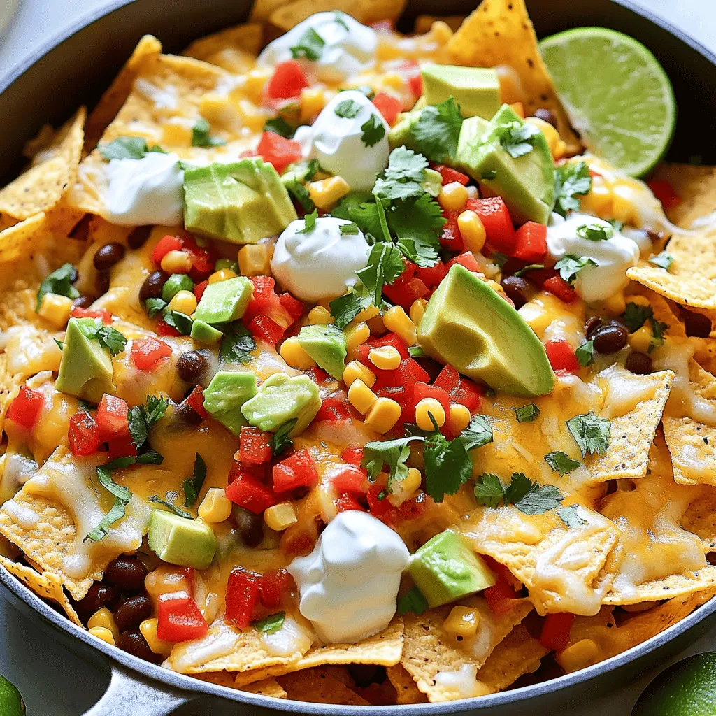 To make a Loaded Veggie Nacho Skillet, gather these core ingredients: - 2 cups crispy tortilla chips - 1 cup canned black beans, rinsed and drained - 1 cup sweet corn kernels (frozen or fresh) - 1 large red bell pepper, diced - 1 small red onion, finely diced - 1 fresh jalapeño, sliced (seeds removed) - 1 cup ripe diced tomatoes (fresh or canned) - 1 cup shredded cheese (cheddar or Monterey Jack) - 1 ripe avocado, diced - 1/4 cup fresh cilantro leaves, chopped - 1/4 cup sour cream or Greek yogurt - 1 teaspoon ground cumin - 1 teaspoon chili powder - Salt and black pepper to taste - Lime wedges for serving These ingredients form the base of your dish and bring together a mix of flavors and textures. I love to add extra toppings for more flavor and color. Here are some great options: - Sliced olives for a briny touch - Pickled jalapeños for added heat - Fresh lime juice for brightness - Freshly chopped green onions for crunch - Extra cilantro for a fresh finish These toppings let you customize your nachos to fit your taste. If you need to switch things up, here are some ideas: - Use pinto beans or kidney beans instead of black beans for a different taste. - Swap the cheese for a vegan cheese option for a dairy-free dish. - Try different peppers like green bell peppers or poblano for a unique flavor. - Use Greek yogurt instead of sour cream for a healthier option. These substitutions will keep your nacho skillet fresh and exciting. Start by washing and cutting your veggies. Dice one large red bell pepper into small pieces. Finely chop one small red onion. Slice one fresh jalapeño, removing the seeds if you want less heat. Rinse and drain one cup of canned black beans. If using fresh corn, cut it off the cob. You can use frozen corn too. Finally, chop one cup of ripe tomatoes. Gather all these ingredients to make cooking easier. Heat a little olive oil in a large, oven-safe skillet over medium heat. Add the diced onion and bell pepper. Sauté them for about 3-4 minutes until the onion turns soft and clear. Then, add the sliced jalapeño, black beans, corn, and diced tomatoes to the skillet. Sprinkle in one teaspoon of ground cumin and one teaspoon of chili powder. Season with salt and black pepper to taste. Cook this mix for 3-5 minutes until everything is warm and fragrant. Once the veggie mixture is ready, remove the skillet from the heat. Layer two cups of crispy tortilla chips evenly across the top of the veggies. This creates a nice base for your nachos. Then, sprinkle one cup of shredded cheese all over the chips. Choose cheddar or Monterey Jack cheese for the best melt. Now it’s time to bake! Carefully place the skillet in your preheated oven set to 400°F (200°C). Bake for 10-15 minutes until the cheese is melted and bubbly. Keep an eye on it to avoid burning. Once done, take the skillet out using oven mitts. Top your nachos with diced avocado and chopped cilantro. Serve hot with a dollop of sour cream or Greek yogurt and lime wedges on the side. Enjoy your delicious Loaded Veggie Nacho Skillet! For the best cheese melt, choose a mix of cheddar and Monterey Jack. These cheeses melt nicely and have great flavor. Shred your cheese fresh for the best results. Pre-shredded cheese often has additives that prevent smooth melting. Layer the cheese thickly over the chips. Bake until bubbly and slightly golden for that perfect melt. Spices bring your Loaded Veggie Nacho Skillet to life. Use ground cumin for warmth and chili powder for a bit of spice. Adjust the spice levels to your taste. You can add more chili powder if you like heat. A pinch of smoked paprika can add depth. Don't forget to season with salt and black pepper for balance. Presentation matters when serving this dish. Serve it right from the skillet for a rustic feel. Garnish with extra cilantro to add color. Place lime wedges on the side for a zesty touch. You can also drizzle sour cream or Greek yogurt in a swirl on top. This makes each bite look inviting and fresh. {{image_4}} To make this dish vegan, swap cheese with a plant-based option. Use vegan cheese that melts well. You can also replace sour cream with cashew cream or coconut yogurt. Both give a creamy taste without dairy. These swaps keep your nachos tasty and plant-friendly. If you want more protein, add cooked lentils or chickpeas. Both are great choices that blend well with the veggies. For a heartier meal, you might add grilled tofu or tempeh. These will enhance the texture and add nutrition without losing flavor. Cheese makes nachos special. While cheddar and Monterey Jack work great, try pepper jack for a spicy kick. Alternatively, use a blend of cheeses for more depth. A touch of feta can also add a tangy twist. Choose what you love best to make it your own! After enjoying your Loaded Veggie Nacho Skillet, store any extras in an airtight container. Let the dish cool to room temperature before sealing it. This helps keep the chips from getting soggy. Leftovers will stay fresh in the fridge for about 3 days. To reheat, place the nachos on a baking sheet. Preheat your oven to 350°F (175°C). Heat for about 10 minutes or until hot. This method helps keep the chips crispy. You can also use a microwave, but check the nachos every 30 seconds to avoid sogginess. You can freeze the veggie mix before adding the chips and cheese. Allow it to cool, then place it in a freezer-safe bag. Remove as much air as possible. It can last for up to 2 months. When ready to eat, thaw in the fridge overnight and bake as usual. Yes, you can use many types of beans. Black beans are great, but pinto or kidney beans work too. Each type adds a unique taste. You can even mix different beans for fun flavors. Just rinse and drain them well before adding to the skillet. If you want a change, try using veggie chips or pita chips. Both offer a crunchy base. You can also use baked tortilla strips for a lighter option. Even baked sweet potato slices can be a fun twist. Just make sure whatever you choose can hold the toppings! To add spice, include more jalapeños or use spicy cheese. You can also sprinkle in some crushed red pepper flakes. Another option is to add a dash of hot sauce to the veggie mix before baking. Adjust the spice to match your taste for a perfect kick! We explored how to make a delicious nacho skillet. You learned about key ingredients, tasty toppings, and ways to swap items for your needs. I shared easy steps to prep and cook the dish, plus tips for that perfect cheese melt. Variations for vegan and protein options were included. Finally, I covered how to store and reheat leftovers. Enjoy creating this dish, and let your taste buds guide you! Give it a try and impress everyone with your cooking.