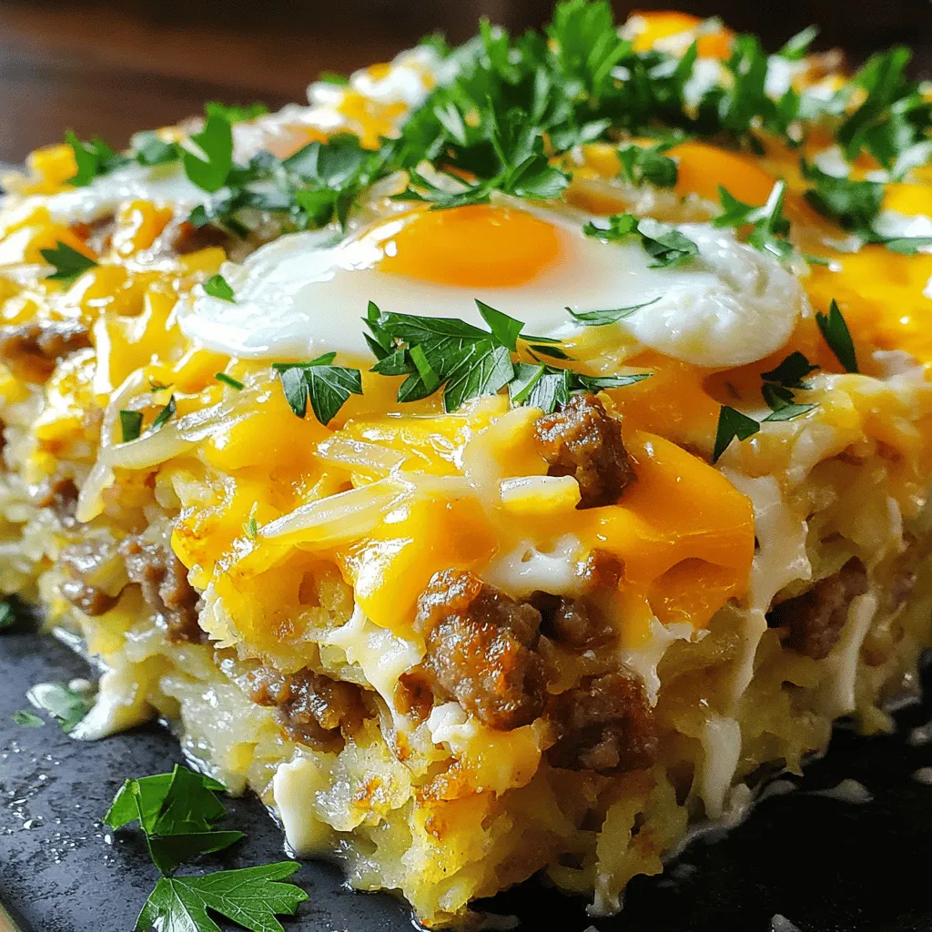 - 1 lb breakfast sausage - 4 cups frozen hash browns - 8 large eggs - 1 medium onion - 1 bell pepper (red or green) - 1/2 cup milk - 1 teaspoon garlic powder - 1 teaspoon smoked paprika - Fresh parsley for garnish The ingredients in this recipe create a hearty meal. The breakfast sausage adds rich flavor and protein. Frozen hash browns make this dish quick and easy. You don’t need to thaw them, saving time in your morning routine. Next, we have the eggs. They are the base of this dish, binding everything together. They provide a fluffy texture and help create a filling meal. For vegetables, use a medium onion and a bell pepper. The onion adds sweetness, while the bell pepper gives a pop of color. Choose red or green based on your taste. The milk enriches the egg mixture, making it creamier. It helps in achieving that luscious finish. Don’t forget the seasonings! Garlic powder adds depth, and smoked paprika lends a warm, smoky flavor. These spices elevate the dish and make it even more enjoyable. Finally, top it all off with fresh parsley. It adds a bright touch and makes the dish look pretty. This meal is not just filling; it's also visually appealing! First, I cook the sausage in a large skillet. I set the heat to medium and add the crumbled breakfast sausage. I stir it often for about 5-7 minutes. I want it browned and fully cooked. Once done, I drain any excess grease. Then, I transfer the sausage to the crockpot, spreading it evenly across the bottom. Next, I use the same skillet to sauté the vegetables. I add the diced onion and bell pepper. I cook them for about 3-4 minutes. I wait until the vegetables soften and the onions turn translucent. Once ready, I add the sautéed vegetables to the crockpot with the sausage mixture. Now, I layer the hash browns on top of the sausage and vegetables. I spread 4 cups of frozen hash browns evenly over the mixture. This creates a nice layer that covers the bottom. In a separate bowl, I crack 8 large eggs and whisk them. I mix in 1/2 cup of milk, 1 teaspoon of garlic powder, 1 teaspoon of smoked paprika, salt, and pepper. I whisk until well combined and bubbly. I pour this egg mixture evenly over the hash browns in the crockpot. Next, I generously sprinkle 1 cup of shredded sharp cheddar cheese over the egg layer. This cheese will melt beautifully while cooking. Finally, I cover the crockpot with its lid. I set it to cook on low for about 7-8 hours or on high for 3-4 hours. The dish is ready when the eggs are fully set and the top is a lovely golden brown. When it is done, I gently stir the breakfast mixture to combine all layers slightly for serving. I sprinkle freshly chopped parsley on top for a pop of color before serving. You can cook this meal on low or high. On low, it takes about 7-8 hours. On high, it cooks in 3-4 hours. To know when it’s done, check if the eggs are fully set. The top should be golden brown. A toothpick can help; it should come out clean. After cooking, you may have leftovers. Store them in an airtight container in the fridge. They stay fresh for about 3-4 days. For longer storage, freeze the leftovers. Use freezer-safe bags or containers. They can last up to 3 months in the freezer. When serving, you can spoon the dish directly from the crockpot. This gives a cozy feel. For a nice touch, sprinkle chopped parsley on top. You can also serve it with fresh fruit or toast. These sides add color and balance to your meal. {{image_4}} You can change the sausage to fit your taste. Try turkey or chicken sausage for a lighter meal. If you want a plant-based option, use crumbled tofu or tempeh. For cheese, sharp cheddar is great, but you can also use Monterey Jack or pepper jack for some heat. Want to spice things up? Add cayenne pepper or chili powder for a kick. Fresh herbs like thyme or chives can add a nice touch too. You can also sneak in some greens. Spinach or kale work well and give extra nutrition. Just chop them finely and mix them in. For a fun twist, make breakfast burritos! Just scoop some of the mixture into a tortilla and roll it up. It’s perfect for on-the-go mornings. If you prefer a plated style, serve it in bowls. Add a dollop of sour cream or salsa for extra flavor. You can even pair it with fresh fruit or toast for a complete meal. To keep your Crockpot Mountain Man Breakfast fresh, use proper storage containers. Glass or BPA-free plastic containers work best. Make sure the dish cools before sealing it. Store in the fridge for up to three days. Label the container with the date to track freshness. When it's time to eat leftovers, use the microwave or an oven for reheating. If using a microwave, heat in short bursts. This way, you avoid overcooking. For the oven, set it to 350°F and cover it with foil. This helps keep the dish moist. Always check the center is hot before serving. To freeze, let the dish cool completely. Cut it into portions for easy use later. Wrap each portion tightly in plastic wrap, then place it in a freezer bag. This prevents freezer burn. You can freeze for up to three months. When ready to eat, thaw overnight in the fridge. Reheat as described above. Enjoy the same great flavors from your Crockpot Mountain Man Breakfast! Yes, you can easily make this recipe vegetarian. Instead of breakfast sausage, use plant-based sausage or crumbled tofu. You can also add more vegetables, like mushrooms or zucchini, to boost flavor and texture. This keeps the dish hearty and filling without meat. To adjust for fewer servings, cut the ingredient amounts in half. For example, use 1/2 lb of sausage, 2 cups of hash browns, and 4 eggs. This ensures you still get a tasty meal without excess food. Remember to adjust cooking times as needed, checking for doneness. This dish pairs well with fresh fruit, toast, or a light salad. You can also serve it with yogurt or pancakes for a fun twist. Add a hot coffee or tea to round out the meal. Enjoy your hearty breakfast with these tasty sides! The Crockpot Mountain Man Breakfast is a simple, tasty, and hearty dish. We covered the key ingredients, from sausage to eggs, and how to prepare them. Then, we discussed cooking tips, ingredient swaps, and food storage. This meal is easy to customize and makes breakfast stress-free. Enjoy experimenting with flavors and presentations. I hope this guide helps you create a delicious start to your day. Happy cooking!