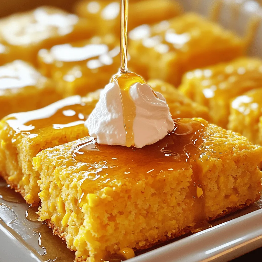 - 1 box (15 oz) cornbread mix - 1 can (15 oz) creamed corn - 1 can (15 oz) whole kernel corn, well-drained - 1/2 cup unsalted butter, melted - 1/2 cup honey, plus extra for drizzling - 2 large eggs - 1 cup sour cream - 1 teaspoon baking powder - 1 teaspoon salt - 1/2 teaspoon ground cinnamon (optional) To make a tasty honey butter cornbread casserole, gather these ingredients first. Each ingredient plays a key role in making this dish rich and flavorful. The cornbread mix gives it a great base. The creamed corn adds moisture, while the whole kernel corn gives texture. Honey and butter together bring sweetness, making each bite delightful. If you do not have some ingredients, don’t worry! Here are some easy swaps: - You can use a gluten-free cornbread mix if needed. - Instead of sour cream, plain Greek yogurt works well. - If you want a dairy-free option, use plant-based butter and yogurt. These swaps keep the flavor fun while catering to your needs. Feel free to experiment! Choosing a good cornbread mix can make a big difference. Here are my favorite brands: - Jiffy Corn Muffin Mix is a classic choice and easy to find. - Bob's Red Mill offers a gluten-free option that tastes great. - Krusteaz has a nice buttery flavor that many love. Using a trusted brand ensures you’ll get a consistent and yummy result. To start making your honey butter cornbread casserole, gather all your ingredients. You will need: - 1 box (15 oz) cornbread mix - 1 can (15 oz) creamed corn - 1 can (15 oz) whole kernel corn, well-drained - 1/2 cup unsalted butter, melted - 1/2 cup honey, plus extra for drizzling - 2 large eggs - 1 cup sour cream - 1 teaspoon baking powder - 1 teaspoon salt - 1/2 teaspoon ground cinnamon (optional) First, take a large bowl. Mix the cornbread mix, creamed corn, and drained whole kernel corn in it. Stir gently. You don’t want to overwork the mix. In another bowl, whisk together the melted butter, honey, eggs, sour cream, baking powder, salt, and ground cinnamon (if you choose to use it). Make sure this mixture is smooth. Next, pour the wet mix into your bowl with the dry ingredients. Stir just until everything combines. It is fine if a few lumps remain. This will help the cornbread stay fluffy. Now, prepare your slow cooker. Grease the insert with cooking spray or a bit of butter. This step is key to keep the casserole from sticking. Carefully pour the cornbread batter into the slow cooker. Spread it out evenly with a spatula. Cover the slow cooker and set it to LOW. Cook for 2 to 3 hours. You know it’s done when the center is firm. A toothpick inserted in the middle should come out clean. This slow cooking method makes the cornbread soft and moist. When cooking time is up, turn off your slow cooker. Let the casserole rest for about 10 minutes with the lid on. This helps it set more before you serve. To serve, cut the casserole into squares. Drizzle some extra honey on top for added sweetness. For a fun twist, add a dollop of whipped cream or a light sprinkle of cinnamon. Enjoy your delicious creation! To make the best honey butter cornbread casserole, watch out for a few key things: - Don’t overmix: When you combine the wet and dry ingredients, stir gently. A few lumps are okay. They keep the cornbread light and fluffy. - Check your slow cooker: Not all slow cookers cook the same. Some may run hotter or cooler. Keep an eye on the casserole as it cooks. - Use fresh ingredients: Fresh eggs and butter make a big difference in flavor. They help your casserole taste its best. You can make your casserole even tastier with simple tweaks: - Add spices: A pinch of ground cinnamon adds warmth. You can also try nutmeg or a dash of cayenne for a hint of heat. - Mix in cheese: Shredded cheddar cheese can add a rich, savory flavor. Stir in about a cup before cooking for a cheesy twist. - Herbs and greens: Fresh herbs like chives or parsley can brighten up the dish. Stir in some chopped greens for a fresh touch. Serving your honey butter cornbread casserole is fun! - Drizzle honey: Always drizzle extra honey on top before serving. It enhances sweetness and makes it more appealing. - Add toppings: Serve with whipped cream or a sprinkle of cinnamon. These add flavor and visual appeal. - Pair with savory dishes: This casserole goes well with chili, BBQ, or fried chicken. It balances rich flavors and makes a great side. {{image_4}} Spices can boost the flavor of your honey butter cornbread casserole. A pinch of cayenne pepper adds heat. You can use garlic powder for a savory kick. Ground black pepper enhances the taste, too. If you love sweetness, add nutmeg or vanilla extract. Adjust the spices to your liking to make a unique dish. This recipe is easy to adapt for different diets. For a vegetarian option, ensure your cornbread mix is meat-free. You can swap regular sour cream for a plant-based version. To make it gluten-free, use a gluten-free cornbread mix. Check labels to ensure all ingredients fit your needs. Adding ingredients can create more texture in your casserole. Try mixing in shredded cheese for a cheesy delight. Crumbled bacon brings a savory crunch. You can add chopped jalapeños for a spicy touch. Finely chopped nuts or seeds can also add a nice crunch. Mix and match to find your favorite combination! Once you finish your honey butter cornbread casserole, let it cool first. This helps keep it fresh. Cut it into squares and place them in an airtight container. Store it in the fridge for up to four days. If you want to keep it longer, freezing is a great option. When you’re ready to enjoy leftovers, simply take a square out of the fridge. You can reheat it in the microwave for about 30 seconds to a minute. Check it to make sure it’s warm throughout. If you prefer, you can also reheat it in the oven at 350°F for about 10-15 minutes. This gives it a nice, warm texture. To freeze your cornbread casserole, wrap each piece tightly in plastic wrap. Then, place them in a freezer-safe bag or container. It will keep well for up to three months. When you’re ready to eat, remove it from the freezer. Thaw it in the fridge overnight before reheating. This way, it retains its delicious taste and texture. You can tell the cornbread casserole is done by checking the center. Use a toothpick and insert it into the middle. If it comes out clean, your casserole is ready! The edges may pull away from the sides of the slow cooker. A firm center also means it’s perfect. Yes, you can use different types of corn. Try using frozen corn or fresh corn if you prefer. Just make sure to drain any liquid from canned corn first. Each type will give a unique taste and texture to your dish, making it fun to experiment. Honey butter cornbread casserole pairs well with many dishes. Serve it with chili for a warm meal. It also goes great with barbecued meats or roasted vegetables. For a sweet touch, add some fruit salad or a scoop of ice cream on the side. Enjoy the mix of flavors! This article covered all you need to make a great cornbread casserole. We discussed the key ingredients, easy substitutions, and trusted brands. The step-by-step guide shows you how to prepare and cook. I shared tips for avoiding common mistakes and adding flavor. Variations let you customize to your taste. We also went over how to store and reheat leftovers. With these insights, you’re ready to create a dish everyone will love. Enjoy making your cornbread casserole!