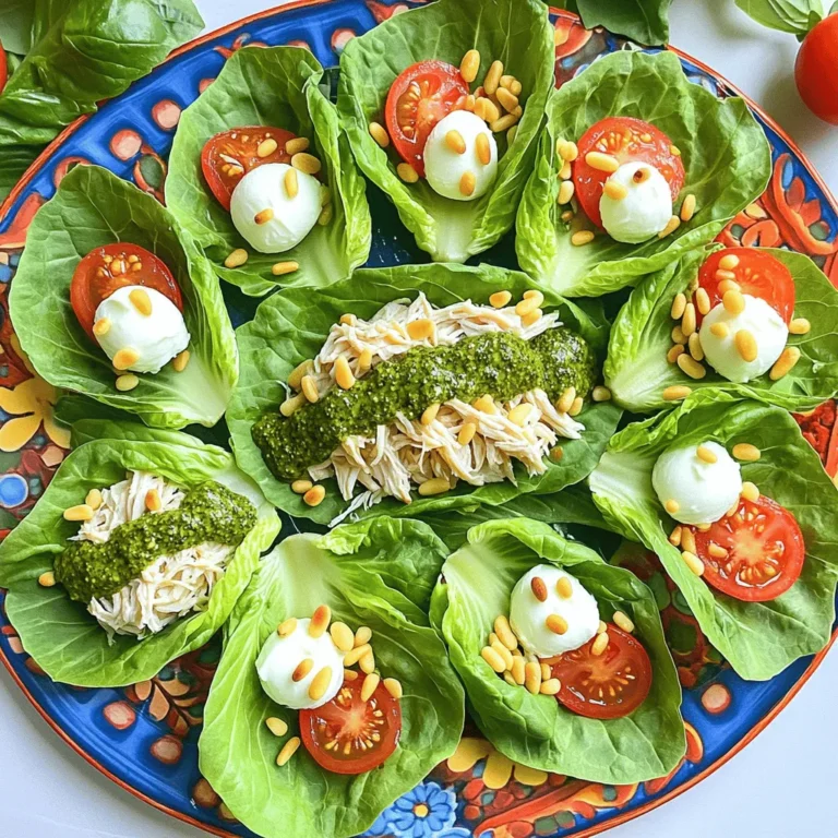 To make delicious Pesto Chicken Lettuce Wraps, gather these key ingredients: - 2 cups cooked chicken, shredded - 1/2 cup basil pesto (store-bought or homemade) - 1 cup cherry tomatoes, halved - 1/2 cup mozzarella balls, halved - 1/4 cup pine nuts, toasted - 1 tablespoon fresh lemon juice - Salt and pepper, to taste - 1 head of Romaine lettuce, with leaves separated These ingredients combine to make a fresh and tasty dish. The chicken gives protein, while pesto adds rich flavor. The tomatoes and mozzarella bring freshness and creaminess, and pine nuts provide a nice crunch. You can customize your wraps with these optional ingredients: - Avocado slices for creaminess - Spinach or kale for added greens - Grated Parmesan for extra flavor - Red onion for a bit of bite If you want to change up the protein, you can use turkey or tofu. Each option will still taste great with the pesto. Each serving of Pesto Chicken Lettuce Wraps offers a healthy meal. Here’s a quick overview of the nutrition: - Calories: Approximately 300 - Protein: 25g - Carbohydrates: 10g - Fat: 18g - Fiber: 3g These wraps are low in carbs and high in protein. They make a great choice for a balanced meal. Enjoy them as a light lunch or a fun dinner! Start by mixing the chicken with the basil pesto in a large bowl. The pesto adds flavor and moisture. Next, squeeze in the fresh lemon juice. This brightens the dish and adds a nice zing. Season with salt and pepper to taste. Stir everything well until the chicken is coated. Gently fold in the halved cherry tomatoes and mozzarella balls. Be careful not to crush the tomatoes or cheese. This mix is full of flavor and color. To toast pine nuts, heat a dry skillet over medium heat. Add the pine nuts to the pan. Stir them often for about 2-3 minutes. Watch closely as they can burn quickly. When they turn golden brown and smell fragrant, they are done. Remove them from heat and let them cool a bit. Toasted pine nuts add a rich, nutty flavor that enhances the wraps. Take a Romaine lettuce leaf and lay it flat. Spoon about two tablespoons of the pesto chicken mix into the center of the leaf. This is where the magic happens! Sprinkle some toasted pine nuts on top for crunch. Next, carefully fold or roll the lettuce around the filling. If needed, use a toothpick to hold it together. Repeat this with the rest of the leaves and filling. Arrange the wraps on a colorful platter for a beautiful presentation. When picking lettuce for wraps, look for crisp and sturdy leaves. Romaine is a great choice because it holds the filling well. You want leaves that are large enough to wrap but not too thick. They should be fresh and green, with no brown spots. Check for any wilting. Freshness means better taste. If you can, buy organic lettuce for the best flavor and nutrition. Leftover pesto chicken can be stored in the fridge. Place it in an airtight container. It stays good for up to three days. If you want to keep it longer, you can freeze it. Just put the chicken in a freezer bag and remove as much air as possible. It will last about three months in the freezer. When ready to eat, thaw it in the fridge overnight. Serve your pesto chicken lettuce wraps with fresh sides. A light salad works well. You can also add fruit, like a fruit salad, for a sweet touch. Pair it with a cold drink, such as iced tea or lemonade. For a fun twist, try adding some avocado slices or sliced bell peppers in the wraps. This adds color and flavor, making your meal more exciting. {{image_4}} If you want a meatless meal, try using roasted veggies. Zucchini, bell peppers, and eggplant work well. You can also use chickpeas or lentils for protein. Mix these with basil pesto for a tasty filling. This swap keeps the dish light yet filling. You can switch the chicken for turkey or shrimp. Each option adds a unique twist to the dish. For a kick, add diced jalapeños or a dash of hot sauce to the pesto. This will give your wraps a nice zing. Feel free to mix in different cheeses, too. Feta or goat cheese can create a creamy texture. Use what’s fresh in your garden or market. In summer, try adding diced cucumbers or fresh corn. In fall, mix in roasted butternut squash or apples for a sweet touch. Seasonal swaps make your wraps fun and exciting. They also add nutrients and flavor to your meal. To store leftover lettuce wraps, place them in an airtight container. Keep them in the fridge for up to three days. Make sure to separate the chicken filling from the lettuce leaves. This way, the leaves stay fresh and crisp. You can freeze the pesto chicken filling. Place it in a freezer-safe bag or container. Remove as much air as possible to prevent freezer burn. The filling will last for up to three months. When you want to use it, just thaw it in the fridge overnight. To reheat the pesto chicken filling, place it in a skillet over low heat. Stir it often until it is warm. You can also use the microwave. Heat it in short bursts, stirring in between, until warm. Avoid reheating the lettuce leaves, as they will get soggy. Assemble fresh wraps with the reheated filling for a tasty meal. Yes, you can make these wraps ahead of time. Prepare the pesto chicken filling a day before. Store it in the fridge. Keep the lettuce leaves separate. Assemble the wraps just before serving. This keeps the lettuce crisp and fresh. You can use different types of pesto. Try sun-dried tomato pesto or spinach pesto. You can also make a simple herb mix. Blend parsley, garlic, and nuts with olive oil. This gives you a fresh taste for your wraps. Yes, lettuce wraps are gluten-free. Lettuce is a great alternative to bread. It gives you a crunchy texture without gluten. Always check other ingredients to ensure they are gluten-free. This way, you can enjoy your meal worry-free. Making homemade pesto is easy. You will need: - 2 cups fresh basil leaves - 1/2 cup pine nuts - 1/2 cup grated Parmesan cheese - 3 cloves garlic - 1/2 cup olive oil - Salt to taste Blend the basil, pine nuts, cheese, and garlic. Slowly add the olive oil until smooth. Adjust salt to your taste. This fresh pesto works great in the wraps! Pesto chicken lettuce wraps are simple and tasty. We explored key ingredients, from chicken to pine nuts. I shared step-by-step instructions for perfect preparation and assembly. You learned tips for choosing lettuce and storing leftovers. We discussed fun variations and how to customize your wraps. Ultimately, these wraps are a quick, healthy option for any meal. Try them out and enjoy the fresh flavors!