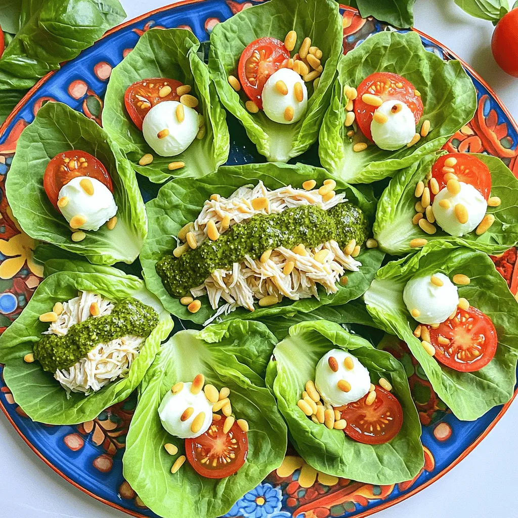 To make delicious Pesto Chicken Lettuce Wraps, gather these key ingredients: - 2 cups cooked chicken, shredded - 1/2 cup basil pesto (store-bought or homemade) - 1 cup cherry tomatoes, halved - 1/2 cup mozzarella balls, halved - 1/4 cup pine nuts, toasted - 1 tablespoon fresh lemon juice - Salt and pepper, to taste - 1 head of Romaine lettuce, with leaves separated These ingredients combine to make a fresh and tasty dish. The chicken gives protein, while pesto adds rich flavor. The tomatoes and mozzarella bring freshness and creaminess, and pine nuts provide a nice crunch. You can customize your wraps with these optional ingredients: - Avocado slices for creaminess - Spinach or kale for added greens - Grated Parmesan for extra flavor - Red onion for a bit of bite If you want to change up the protein, you can use turkey or tofu. Each option will still taste great with the pesto. Each serving of Pesto Chicken Lettuce Wraps offers a healthy meal. Here’s a quick overview of the nutrition: - Calories: Approximately 300 - Protein: 25g - Carbohydrates: 10g - Fat: 18g - Fiber: 3g These wraps are low in carbs and high in protein. They make a great choice for a balanced meal. Enjoy them as a light lunch or a fun dinner! Start by mixing the chicken with the basil pesto in a large bowl. The pesto adds flavor and moisture. Next, squeeze in the fresh lemon juice. This brightens the dish and adds a nice zing. Season with salt and pepper to taste. Stir everything well until the chicken is coated. Gently fold in the halved cherry tomatoes and mozzarella balls. Be careful not to crush the tomatoes or cheese. This mix is full of flavor and color. To toast pine nuts, heat a dry skillet over medium heat. Add the pine nuts to the pan. Stir them often for about 2-3 minutes. Watch closely as they can burn quickly. When they turn golden brown and smell fragrant, they are done. Remove them from heat and let them cool a bit. Toasted pine nuts add a rich, nutty flavor that enhances the wraps. Take a Romaine lettuce leaf and lay it flat. Spoon about two tablespoons of the pesto chicken mix into the center of the leaf. This is where the magic happens! Sprinkle some toasted pine nuts on top for crunch. Next, carefully fold or roll the lettuce around the filling. If needed, use a toothpick to hold it together. Repeat this with the rest of the leaves and filling. Arrange the wraps on a colorful platter for a beautiful presentation. When picking lettuce for wraps, look for crisp and sturdy leaves. Romaine is a great choice because it holds the filling well. You want leaves that are large enough to wrap but not too thick. They should be fresh and green, with no brown spots. Check for any wilting. Freshness means better taste. If you can, buy organic lettuce for the best flavor and nutrition. Leftover pesto chicken can be stored in the fridge. Place it in an airtight container. It stays good for up to three days. If you want to keep it longer, you can freeze it. Just put the chicken in a freezer bag and remove as much air as possible. It will last about three months in the freezer. When ready to eat, thaw it in the fridge overnight. Serve your pesto chicken lettuce wraps with fresh sides. A light salad works well. You can also add fruit, like a fruit salad, for a sweet touch. Pair it with a cold drink, such as iced tea or lemonade. For a fun twist, try adding some avocado slices or sliced bell peppers in the wraps. This adds color and flavor, making your meal more exciting. {{image_4}} If you want a meatless meal, try using roasted veggies. Zucchini, bell peppers, and eggplant work well. You can also use chickpeas or lentils for protein. Mix these with basil pesto for a tasty filling. This swap keeps the dish light yet filling. You can switch the chicken for turkey or shrimp. Each option adds a unique twist to the dish. For a kick, add diced jalapeños or a dash of hot sauce to the pesto. This will give your wraps a nice zing. Feel free to mix in different cheeses, too. Feta or goat cheese can create a creamy texture. Use what’s fresh in your garden or market. In summer, try adding diced cucumbers or fresh corn. In fall, mix in roasted butternut squash or apples for a sweet touch. Seasonal swaps make your wraps fun and exciting. They also add nutrients and flavor to your meal. To store leftover lettuce wraps, place them in an airtight container. Keep them in the fridge for up to three days. Make sure to separate the chicken filling from the lettuce leaves. This way, the leaves stay fresh and crisp. You can freeze the pesto chicken filling. Place it in a freezer-safe bag or container. Remove as much air as possible to prevent freezer burn. The filling will last for up to three months. When you want to use it, just thaw it in the fridge overnight. To reheat the pesto chicken filling, place it in a skillet over low heat. Stir it often until it is warm. You can also use the microwave. Heat it in short bursts, stirring in between, until warm. Avoid reheating the lettuce leaves, as they will get soggy. Assemble fresh wraps with the reheated filling for a tasty meal. Yes, you can make these wraps ahead of time. Prepare the pesto chicken filling a day before. Store it in the fridge. Keep the lettuce leaves separate. Assemble the wraps just before serving. This keeps the lettuce crisp and fresh. You can use different types of pesto. Try sun-dried tomato pesto or spinach pesto. You can also make a simple herb mix. Blend parsley, garlic, and nuts with olive oil. This gives you a fresh taste for your wraps. Yes, lettuce wraps are gluten-free. Lettuce is a great alternative to bread. It gives you a crunchy texture without gluten. Always check other ingredients to ensure they are gluten-free. This way, you can enjoy your meal worry-free. Making homemade pesto is easy. You will need: - 2 cups fresh basil leaves - 1/2 cup pine nuts - 1/2 cup grated Parmesan cheese - 3 cloves garlic - 1/2 cup olive oil - Salt to taste Blend the basil, pine nuts, cheese, and garlic. Slowly add the olive oil until smooth. Adjust salt to your taste. This fresh pesto works great in the wraps! Pesto chicken lettuce wraps are simple and tasty. We explored key ingredients, from chicken to pine nuts. I shared step-by-step instructions for perfect preparation and assembly. You learned tips for choosing lettuce and storing leftovers. We discussed fun variations and how to customize your wraps. Ultimately, these wraps are a quick, healthy option for any meal. Try them out and enjoy the fresh flavors!