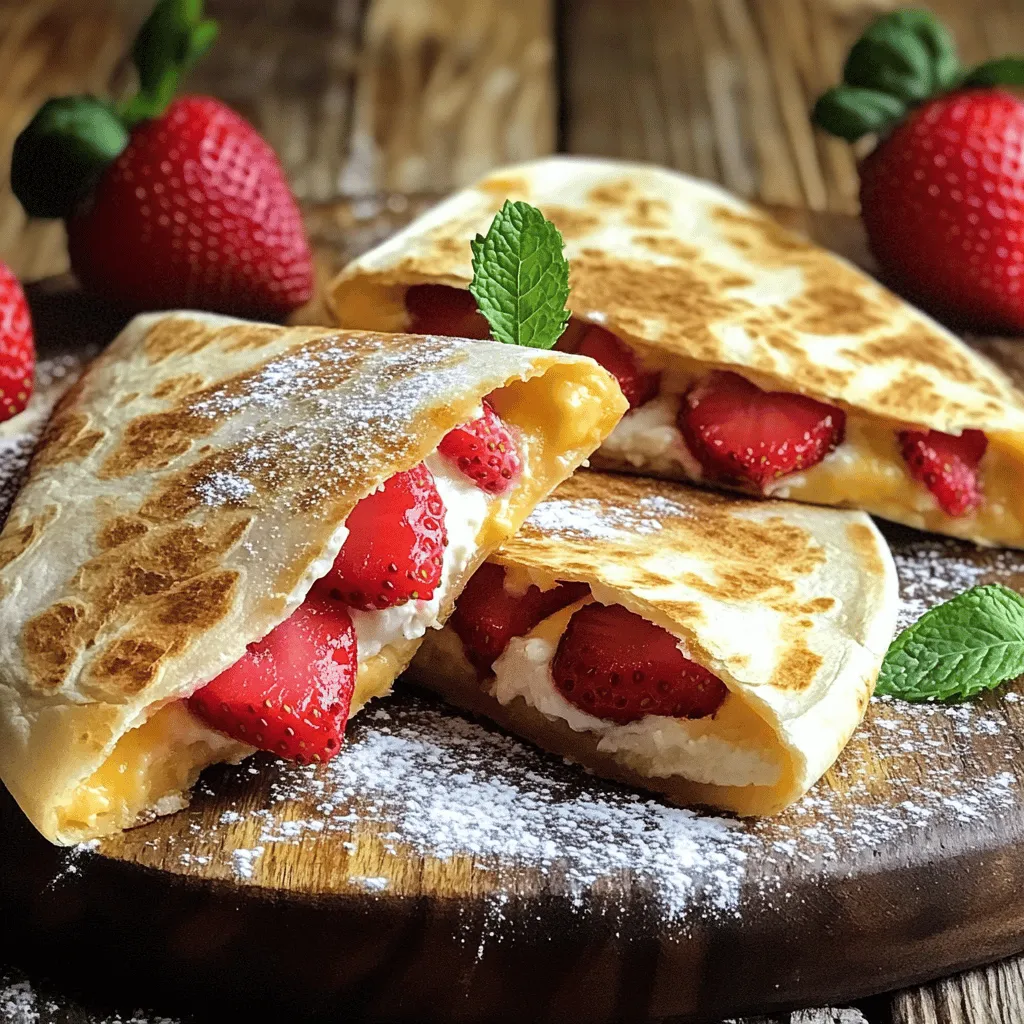 To make my strawberry cream cheese quesadillas, you need a few simple ingredients. These items come together to create a sweet and creamy treat. - 4 whole wheat tortillas - 8 oz cream cheese, softened to room temperature - 2 tablespoons honey (adjust based on sweetness preference) - 1 teaspoon pure vanilla extract - 1 cup fresh strawberries, hulled and sliced into thin rounds - 1/4 cup powdered sugar (optional for extra sweetness) - 1 tablespoon coconut oil or butter (for cooking) - Optional toppings: additional powdered sugar, whipped cream, or fresh mint leaves for garnish Each ingredient plays a key role in the flavor and texture of the quesadillas. Whole wheat tortillas offer a nutty taste and a healthy base. Cream cheese gives the filling its rich and creamy texture. Honey adds just the right amount of sweetness, while vanilla extract enhances the flavors. Fresh strawberries bring a burst of fruity goodness. If you like it sweeter, add powdered sugar to the cream cheese mix. Finally, cooking with coconut oil or butter gives the quesadillas a nice golden color and crispiness. Feel free to customize your toppings! A sprinkle of powdered sugar, a dollop of whipped cream, or a few mint leaves can make your dish look and taste even better. Enjoy experimenting with these ingredients to find your perfect balance! Start by gathering your ingredients. You need cream cheese, honey, vanilla, and optional powdered sugar. In a mixing bowl, combine 8 oz of softened cream cheese, 2 tablespoons of honey, and 1 teaspoon of pure vanilla extract. If you like it sweeter, add 1/4 cup of powdered sugar. Mix well until it's smooth and creamy. This mixture will be the star of your quesadillas! Next, lay out 4 whole wheat tortillas. Using a spatula, spread a generous layer of the cream cheese mixture on one side of each tortilla. Make sure to cover the edges well for full flavor. Now, take 1 cup of fresh strawberries and slice them into thin rounds. Place the strawberry slices evenly on one half of each tortilla. Fold each tortilla in half, enclosing the filling. Gently press down the edges to help seal them. Now it’s time to cook! Heat a non-stick skillet over medium heat. Add 1 tablespoon of coconut oil or butter, letting it melt. Once it shimmers, place your folded quesadillas in the skillet. Cook each quesadilla for about 2-3 minutes until golden brown and crispy. Carefully flip them and cook for another 2-3 minutes on the other side. Once they’re done, let them cool for a minute, then cut into wedges. Enjoy! To get a great texture, make sure your cream cheese is soft. It should be at room temperature for easy mixing. Mix it well with honey and vanilla. This blend should feel smooth and creamy. Spread it evenly on the tortillas. When you cook them, aim for a crispy outside. The inside should stay creamy and soft. You can change the sweetness to fit your taste. If you like it sweeter, add more honey or powdered sugar. Start with the basic 2 tablespoons of honey. Taste the mixture before spreading. You can always add more honey if needed. Remember, you can adjust it based on who you serve. Kids often enjoy a sweeter touch! Serve these quesadillas warm for the best flavor. Cut them into wedges for easy sharing. You can add toppings like whipped cream or more powdered sugar. Fresh mint leaves also add nice color and flavor. Try serving them with a side of yogurt for dipping. These quesadillas make a fun snack or dessert! {{image_4}} You can switch out strawberries for other fruits. Ripe bananas, blueberries, or peaches work well. Each fruit brings a unique taste. You can also mix fruits for a fun twist. Try using a combination of bananas and blueberries for added flavor. While cream cheese is great, you can try other cheeses. Mascarpone offers a rich and creamy texture. Ricotta gives a light and fluffy filling. You can also use Greek yogurt for a tangy flavor. Each cheese adds its special touch to your quesadillas. Whole wheat tortillas add fiber, but you can use others. Corn tortillas bring a different flavor and are gluten-free. Flour tortillas provide a softer bite. If you're feeling adventurous, try spinach or tomato tortillas for color and taste. Each tortilla option changes the experience of your dish. To store any leftover quesadillas, let them cool first. Then, wrap each one in plastic wrap. You can also place them in an airtight container. Stored this way, they stay fresh for up to three days in the fridge. Always check for any signs of spoilage before enjoying them again. To reheat your quesadillas, use a skillet. Heat it over medium-low heat. Place the quesadilla in the pan and cook for about two minutes on each side. This method keeps them crispy and warm. You can also use a microwave, but it may make them a bit soft. If using a microwave, heat for about 30 seconds, checking often. If you want to save some for later, freezing is a great option. Wrap each quesadilla tightly in plastic wrap, then place them in a freezer-safe bag. They can stay frozen for up to two months. To eat, thaw them in the fridge overnight, then reheat as described above. You can fill quesadillas with many tasty options. Try using bananas, chocolate, or peanut butter. You can also mix fruits like blueberries or raspberries. For a savory twist, cheese, beans, or chicken work well. Experimenting with different flavors makes it fun! Yes, you can prepare the filling in advance. Mix the cream cheese, honey, and vanilla, then store it in the fridge. You can also slice the strawberries ahead. Just assemble and cook the quesadillas when you are ready to eat. This saves time and keeps it fresh. Absolutely! Look for gluten-free tortillas made from corn or almond flour. They taste great and work perfectly in this recipe. Check your local store for options. Many brands offer gluten-free choices that are soft and easy to use. Enjoy your quesadillas worry-free! These strawberry quesadillas are not just tasty; they’re fun to make. We discussed the ingredients, including fresh strawberries and cream cheese, and shared step-by-step instructions to guide you. I offered tips for great texture and sweetness adjustments. You learned about variations with different fruits and cheeses and how to store and reheat leftovers. Next time you crave a sweet snack, try these. You’ll impress your friends and family with your cooking skills! Enjoy each bite of your delicious creation.
