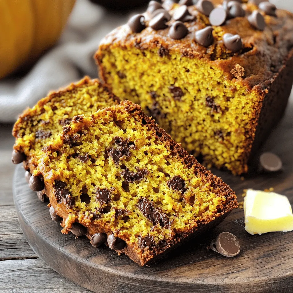 To make this tasty pumpkin chocolate chip bread, you need the following main ingredients: - 1 cup canned pumpkin puree - 1/2 cup vegetable oil - 1 cup granulated sugar - 1/2 cup brown sugar, packed - 3 large eggs - 1 teaspoon vanilla extract - 2 cups all-purpose flour - 1 teaspoon baking soda - 1/2 teaspoon baking powder - 1 teaspoon ground cinnamon - 1/2 teaspoon ground nutmeg - 1/4 teaspoon ground ginger - 1/2 teaspoon salt - 1 cup semi-sweet chocolate chips These ingredients work together to create a soft and rich bread. The pumpkin adds moisture and flavor. The sugars give it sweetness and a lovely crust. The spices like cinnamon and nutmeg bring warmth to every bite. You can customize your bread with some optional add-ins: - Chopped walnuts (1/2 cup): They add a nice crunch and earthy flavor. - Chocolate chunks: Swap chocolate chips for chunks for an extra gooey texture. - Dried fruits: Add raisins or cranberries for a sweet twist. If you need substitutes, here are a few options: - Oil: Use melted butter for a richer taste. - Sugars: Replace granulated sugar with coconut sugar for a healthier choice. - Flour: Use whole wheat flour for added fiber. Here’s a quick look at the nutrition facts per slice: - Calories: 210 - Protein: 3g - Fat: 10g - Carbohydrates: 30g - Fiber: 1g - Sugar: 15g This bread is a delicious treat. While it has some sugar, the pumpkin adds vitamins and minerals. Enjoy it as a snack or dessert! Start by preheating your oven to 350°F (175°C). This warm-up helps the bread bake evenly. Grab a 9x5 inch loaf pan and grease it with butter or cooking spray. You can also line it with parchment paper for easy removal later. Next, take a large bowl. Add the canned pumpkin puree, vegetable oil, granulated sugar, brown sugar, eggs, and vanilla extract. Whisk these together until smooth. You want everything mixed well. In another bowl, sift together all-purpose flour, baking soda, baking powder, cinnamon, nutmeg, ginger, and salt. Sifting helps combine the dry ingredients evenly and adds air. Now, slowly add the dry mix to the wet mix. Stir gently with a spatula or wooden spoon until just combined. Do not overmix; this keeps the bread light and fluffy. Finally, fold in the chocolate chips and optional walnuts. Make sure they are spread evenly in the batter. Pour the batter into your greased or lined loaf pan. Use a spatula to smooth the top. This helps the loaf bake evenly. Place the pan in your preheated oven. Bake for 60 to 70 minutes. It’s important to keep an eye on it. To check if your bread is done, insert a toothpick into the center. If it comes out clean, the bread is ready. If the top browns too much, cover it with aluminum foil for the last 15 minutes. Once baked, remove the loaf from the oven. Let it cool in the pan for 10 minutes. After that, transfer it to a wire rack. Allow it to cool completely for the best texture. To get the best texture in your pumpkin chocolate chip bread, use room temperature eggs. This helps mix well with the other wet ingredients. Also, avoid overmixing the batter. Stir until just combined. This keeps the bread light and fluffy. You can use a spatula or wooden spoon for this step. Lastly, let the batter rest for a few minutes before baking. This allows the flavors to meld together. One common mistake is not measuring the flour correctly. Too much flour can make the bread dense. Use the spoon-and-level method: spoon the flour into the measuring cup and level it off. Another mistake is skipping the sifting step. Sifting helps the baking soda and powder mix evenly. Lastly, don’t forget to check for doneness at the right time. Every oven is different, so keep an eye on your bread. When serving pumpkin chocolate chip bread, slice it thick for a hearty treat. Enjoy it warm, adding a pat of butter on top. For an extra touch, sprinkle a bit of ground cinnamon over the butter. You can also add a few extra chocolate chips for a nice look. This makes it even more inviting to your guests. Pair it with a hot drink for a cozy experience. {{image_4}} You can easily make this bread gluten-free. Use a gluten-free flour blend in place of all-purpose flour. Look for one that contains xanthan gum, as it helps with texture. The taste remains rich and delicious, so no one will miss the gluten! To make this bread vegan, swap the eggs with flax eggs. Use one tablespoon of ground flaxseed mixed with three tablespoons of water for each egg. Replace the vegetable oil with coconut oil or applesauce for moisture. This version stays just as tasty and moist as the original. Feel free to add more flavors to your bread! Here are some ideas: - Spices: A pinch of allspice or cloves can deepen the flavor. - Citrus: Add a teaspoon of orange or lemon zest for a fresh twist. - Nuts: Chopped pecans or hazelnuts can add crunch. - Dried Fruit: Raisins or cranberries work well too. Experiment with these options to make your bread unique. You can create a new favorite each time you bake! Store your pumpkin chocolate chip bread in an airtight container. This keeps it fresh and moist. Place it at room temperature for up to three days. If you want it to last longer, refrigeration is a good option. Just remember, cold storage can change its texture a bit. To freeze your bread, first let it cool completely. Wrap it tightly in plastic wrap. Then, place it in a freezer-safe bag. This will help avoid freezer burn. You can freeze it for up to three months. When you're ready to enjoy it, simply thaw it in the fridge overnight. To reheat your pumpkin chocolate chip bread, slice it first. Place slices on a plate and cover them with a damp paper towel. Microwave for 15-20 seconds. This warms the bread while keeping it moist. You can also reheat in the oven. Set the oven to 350°F (175°C) and bake for 10 minutes. Enjoy it warm for the best taste! Yes, you can use fresh pumpkin. Start by roasting a pumpkin. Cut it in half, scoop out the seeds, and bake it at 350°F until soft. Once baked, scoop out the flesh and mash it until smooth. Use this fresh pumpkin puree in place of canned. Fresh pumpkin can taste sweeter and richer than canned, giving your bread a unique flavor. Pumpkin chocolate chip bread can last for about 3 to 5 days at room temperature. Keep it in an airtight container to keep it fresh. If you want to store it longer, you can refrigerate it for about a week. Always check for signs of spoilage, like mold or off smells. Absolutely! You can replace chocolate chips with nuts or dried fruit. Try using walnuts or pecans for a nice crunch. Dried cranberries or raisins add a sweet and chewy texture. You can also use white chocolate chips for a fun twist. Just remember to keep the mix-ins to about 1 cup total for the best texture. Pumpkin chocolate chip bread is easy to make and fun to enjoy. We covered the main ingredients, gave step-by-step baking instructions, and shared tips for the best texture. Remember to explore variations like gluten-free and vegan options. Storing and reheating your bread is simple with the right steps. Cooking should be enjoyable, so experiment and make this recipe yours. Each slice brings warmth and flavor, perfect for any season. You have all the tools you need to bake this delicious treat. Happy baking!