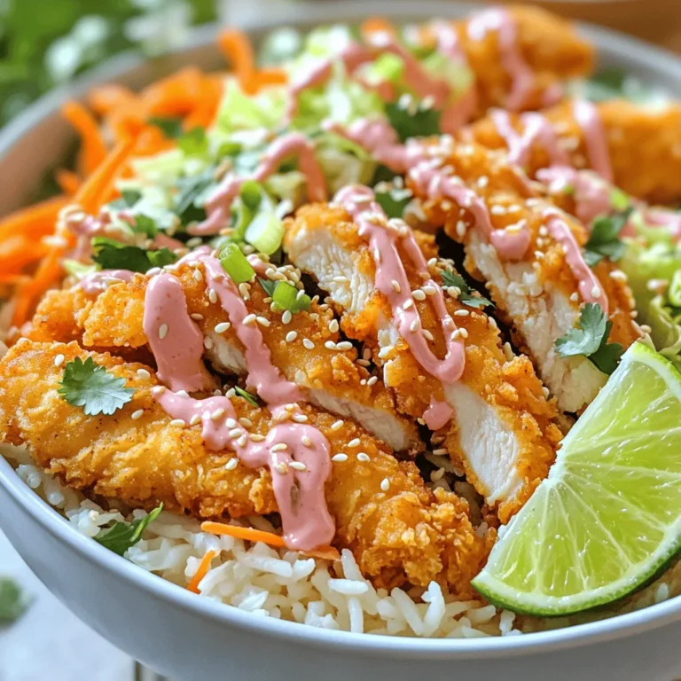 - 2 boneless, skinless chicken breasts - 1 cup cornstarch - 1 cup buttermilk (or non-dairy yogurt for a dairy-free option) - 1 cup panko breadcrumbs - 1/2 cup mayonnaise - 2 tablespoons sweet chili sauce - 1 tablespoon sriracha (adjust to your preferred spice level) - 1 tablespoon honey - 4 cups cooked jasmine rice - 2 cups shredded napa cabbage - 1 cup shredded carrots - 1 green onion, finely chopped - Sesame seeds, for garnish - Fresh cilantro, for garnish - Salt and pepper, to taste You can change this recipe to fit your taste. Here are some ideas: - Add sliced bell peppers or cucumber for crunch. - Use brown rice instead of jasmine rice for a hearty base. - Try different proteins, like shrimp or tofu, for variety. - Swap mayo for Greek yogurt for a tangy twist. This recipe serves four people. Each bowl has about: - Calories: 550 - Protein: 35g - Carbs: 65g - Fat: 20g - Fiber: 4g Knowing the nutrition helps you enjoy this dish while staying aware of your diet. Adjust the ingredients as needed to meet your goals. Start by cutting the chicken breasts into thin strips. Aim for pieces about one inch wide. This size helps them cook evenly. Next, sprinkle some salt and pepper on the strips. This simple step enhances the chicken's flavor. Set up your breading station with three shallow bowls. Fill the first bowl with cornstarch. Pour buttermilk into the second bowl. In the third, add panko breadcrumbs. Take a chicken strip and dip it in the cornstarch. Ensure it is well-coated. Next, move it to the buttermilk and let any extra drip off. Finally, roll the strip in the panko breadcrumbs. Press down slightly to make sure it sticks. Repeat this process for all the chicken strips. You want them all crispy and golden. Pour enough oil into a large skillet to cover the bottom by about half an inch. Heat the oil over medium-high heat until it shimmers. Carefully add the breaded chicken strips, but do not overcrowd the pan. Fry them for about three to four minutes on each side. Look for a golden brown color and ensure they are cooked through. Once done, place the chicken on paper towels. This helps soak up any extra oil. Enjoy the crunchy texture you created! - 1/2 cup mayonnaise - 2 tablespoons sweet chili sauce - 1 tablespoon sriracha - 1 tablespoon honey To make the Bang Bang sauce, start by measuring the ingredients. In a medium bowl, mix the mayonnaise, sweet chili sauce, sriracha, and honey. Use a whisk to blend until smooth. The sauce should be creamy and well combined. Taste it to see if you like the flavor. If you want it spicier, add more sriracha. If you prefer it milder, you can reduce the sriracha or add more mayonnaise. Adjusting spice levels is easy! If you love heat, add extra sriracha a little at a time. Keep tasting as you go. For less spice, use less sriracha. You can also balance spice with more honey or mayonnaise. This way, you get the flavor you love while controlling heat. {{image_4}} Start with a bowl of jasmine rice. This rice is soft and fluffy. Next, add a layer of shredded napa cabbage. The cabbage adds crunch and freshness. Then, pile on some shredded carrots for color. Finally, top it all with crispy chicken strips. Make sure the chicken is golden and hot. This layered look makes the bowl inviting and fun. Take your Bang Bang sauce and drizzle it over the chicken and veggies. Use a spoon or squeeze bottle for control. Let the sauce run down the sides, creating a beautiful flow. This adds flavor and makes the dish more appealing. Remember, the sauce is creamy and has a sweet kick. To finish, sprinkle chopped green onion over the bowl. This adds a pop of color and flavor. Next, add a handful of sesame seeds. They bring a nutty taste and nice texture. Lastly, toss on some fresh cilantro leaves for a fresh touch. If you like, serve with a lime wedge for extra zest. This garnish not only looks good but also brightens the dish. To get crispy fried chicken, use every step wisely. Start by cutting chicken into thin strips. This helps them cook faster and evenly. Season them with salt and pepper. The cornstarch gives a nice crunch. Be sure to coat each strip well. The buttermilk adds flavor and moisture. Finish with panko breadcrumbs for extra crispiness. Fry them in hot oil, but don’t overcrowd the pan. This keeps the oil hot and helps chicken cook evenly. You can easily adjust this recipe for different diets. For a dairy-free option, use non-dairy yogurt instead of buttermilk. You can also swap chicken for tofu or tempeh for a vegetarian version. If you're gluten-free, replace panko breadcrumbs with gluten-free bread crumbs. This way, everyone can enjoy the Bang Bang Chicken Bowls. These bowls are great for casual meals or special events. For a family dinner, serve them in colorful bowls. Add lime wedges for a zesty touch. If hosting friends, you can set up a DIY station. Let guests build their own bowls. This makes it fun and interactive. For a picnic, prepare the bowls ahead. Just pack the sauce separately to keep everything fresh. If you want a vegetarian version, swap chicken for crispy tofu. Cut firm tofu into strips, then coat with cornstarch and panko like the chicken. Fry the tofu until golden brown. For a low-carb option, use cauliflower rice instead of jasmine rice. This change keeps the dish light but still flavorful. To store leftovers, place the chicken and veggies in separate airtight containers. This method helps keep everything fresh. Refrigerate for up to three days. Avoid mixing the sauce with the chicken until ready to eat. This keeps the chicken crispy. To reheat, use an oven for crispiness. Preheat your oven to 350°F (175°C). Place chicken on a baking sheet for about 10 minutes. You can also use a microwave but be careful. The chicken may turn soft. For veggies and rice, heat in the microwave for one minute, stirring halfway. Enjoy your delicious Bang Bang Chicken Bowls! Bang Bang sauce is a creamy mix. It has four main ingredients: - Mayonnaise - Sweet chili sauce - Sriracha - Honey This sauce blends sweet and spicy flavors. You can adjust the spice with more or less sriracha. It adds a zesty kick to your chicken bowls. Yes, you can prepare parts of the Bang Bang Chicken Bowls ahead of time. Cook the chicken and rice in advance. Store them in separate containers in the fridge. You can also slice the veggies like napa cabbage and carrots early. Just assemble the bowls right before serving for the best taste. To add more heat, increase the sriracha in the sauce. You can also sprinkle red pepper flakes on top. Another option is to add sliced fresh jalapeños. Feel free to adjust according to your spice level. Enjoy experimenting with flavors! Bang Bang Chicken Bowls are easy and fun to make. We covered key ingredients, step-by-step cooking, and how to assemble delicious bowls. You can also customize flavors and textures to fit your needs. In the end, these bowls are more than a meal; they are a tasty experience. Whether you stick to classic recipes or try variations, enjoy every bite. Share them, and let others taste the fun.