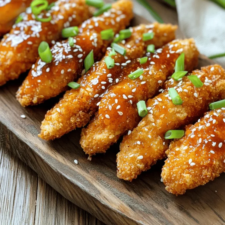 - 1 pound chicken tenderloins - 1/2 cup all-purpose flour - 1 cup panko breadcrumbs - 1/2 teaspoon garlic powder - 1/2 teaspoon paprika - 1/4 teaspoon salt - 1/4 teaspoon black pepper - 1/4 cup honey - 3 tablespoons Sriracha sauce - 1 tablespoon soy sauce - 1 tablespoon apple cider vinegar - Chopped green onions - Sesame seeds These ingredients come together to create the perfect spicy honey Sriracha chicken tenders. The combination of chicken tenderloins and panko breadcrumbs gives you a crunchy bite. The seasoned flour adds flavor, while the sauce brings the heat. You can adjust the Sriracha to match your spice level. For a tasty touch, add green onions and sesame seeds on top. These simple ingredients lead to a dish that is both fun and flavorful. First, you need to preheat your air fryer to 400°F (200°C). This step is key to getting the chicken tenders crispy and cooked well. Next, let's set up your breading station. In a shallow bowl, mix these dry ingredients: - 1/2 cup all-purpose flour - 1/2 teaspoon garlic powder - 1/2 teaspoon paprika - 1/4 teaspoon salt - 1/4 teaspoon black pepper In a second bowl, whisk one large egg until it is frothy. In a third bowl, place 1 cup of panko breadcrumbs. This will help the tenders get that extra crunch. Now it's time to coat the chicken. Take each tenderloin and first coat it in the flour mixture. Make sure it is fully covered. Next, dip it into the egg, letting any extra egg drip off. Finally, roll it in the panko breadcrumbs. Press gently to help them stick. Set aside the coated tenders on a plate. For the spicy honey sauce, whisk together these ingredients in a clean bowl: - 1/4 cup honey - 3 tablespoons Sriracha sauce - 1 tablespoon soy sauce - 1 tablespoon apple cider vinegar Mix well until all the ingredients blend together. You can adjust the Sriracha for more or less heat. Now, arrange the breaded chicken tenders in a single layer in the air fryer basket. Be careful not to overcrowd the basket. A little cooking oil spray helps them get crispy. Cook the tenders for 8-10 minutes, flipping them halfway through. They should be golden brown and reach an internal temperature of 165°F (75°C). When the chicken is done, transfer it to the bowl with the spicy honey sauce. Toss gently until the tenders are fully coated. For a finishing touch, garnish with chopped green onions and sesame seeds if you like. Serve hot for the best taste! To get that perfect crunch on your chicken tenders, use cooking oil spray. Lightly spray the tenders before air frying. This helps them crisp up without adding too much fat. The oil creates a golden crust. You’ll love the texture it adds! Sriracha can be spicy, so adjust it to fit your taste. Start with a small amount. Mix it with honey, soy sauce, and vinegar. Taste the sauce before tossing in the chicken. If you want it hotter, add more Sriracha. If you prefer it milder, reduce the amount. It's all about making it your own! Air frying works best when you do not overcrowd the basket. Place the chicken tenders in a single layer. This allows hot air to circulate around each tender. If they are too close, they will steam instead of fry. Cook in batches if needed. This ensures even cooking and crispy results every time! {{image_4}} You can switch up the chicken tenderloins for other proteins. Try using shrimp or tofu for a fun twist. If you want a different crunch, use crushed cornflakes or almond flour instead of panko. Both give a great texture and taste. You can change the flavor of the sauce. Add garlic powder, chili powder, or even lime juice for extra zing. If you want a sweeter taste, mix in some brown sugar or maple syrup. You can also try other sauces, like barbecue or teriyaki, for unique flavors. If you do not have an air fryer, you can bake the chicken tenders. Preheat your oven to 425°F (220°C). Place the coated tenders on a baking sheet. Bake for 15-20 minutes, flipping halfway through. Check that they reach an internal temperature of 165°F (75°C). This method keeps them crispy and delicious! To keep your chicken tenders fresh, store them in an airtight container. Place a paper towel at the bottom to absorb moisture. This helps keep them crispy. They will stay good in the fridge for up to three days. If you want to enjoy them longer, freezing is a great choice. When you reheat the chicken tenders, the goal is to keep them crispy. The best way to do this is to use the air fryer. Preheat it to 350°F (175°C). Put the tenders in a single layer and air fry for about 5 minutes. This method helps them regain their crunch without drying out. You can also use the oven at the same temperature for about 10 minutes. To freeze the chicken tenders, let them cool completely first. Once cool, place them in a freezer-safe bag or container. Make sure to remove as much air as possible to avoid freezer burn. They can be frozen for up to three months. When you're ready to eat them, thaw them overnight in the fridge before reheating. This ensures they thaw evenly and taste great! It takes about 8 to 10 minutes to cook chicken tenders in the air fryer. Preheat the air fryer to 400°F (200°C) first. Flip the tenders halfway through cooking for even browning. Make sure the internal temperature reaches 165°F (75°C) for safe eating. Yes, you can use frozen chicken tenderloins. However, you must thaw them first. Thawing helps the breading stick better. This way, the tenders cook evenly and become crispy. These chicken tenders pair well with various sides. Consider serving them with: - Fresh salad - Steamed vegetables - Rice or quinoa - Dipping sauces like ranch or blue cheese These options balance the spicy flavor and enhance your meal. You now have all the details for making Spicy Honey Sriracha Chicken Tenders. We covered the key ingredients, the step-by-step cooking process, and tips for achieving that perfect crunch. Remember, you can adjust the spice and try new flavors. Don't forget to store and reheat leftovers properly to keep them tasty. Enjoy making this dish easy and fun! You'll impress your friends and family with your tasty creations.