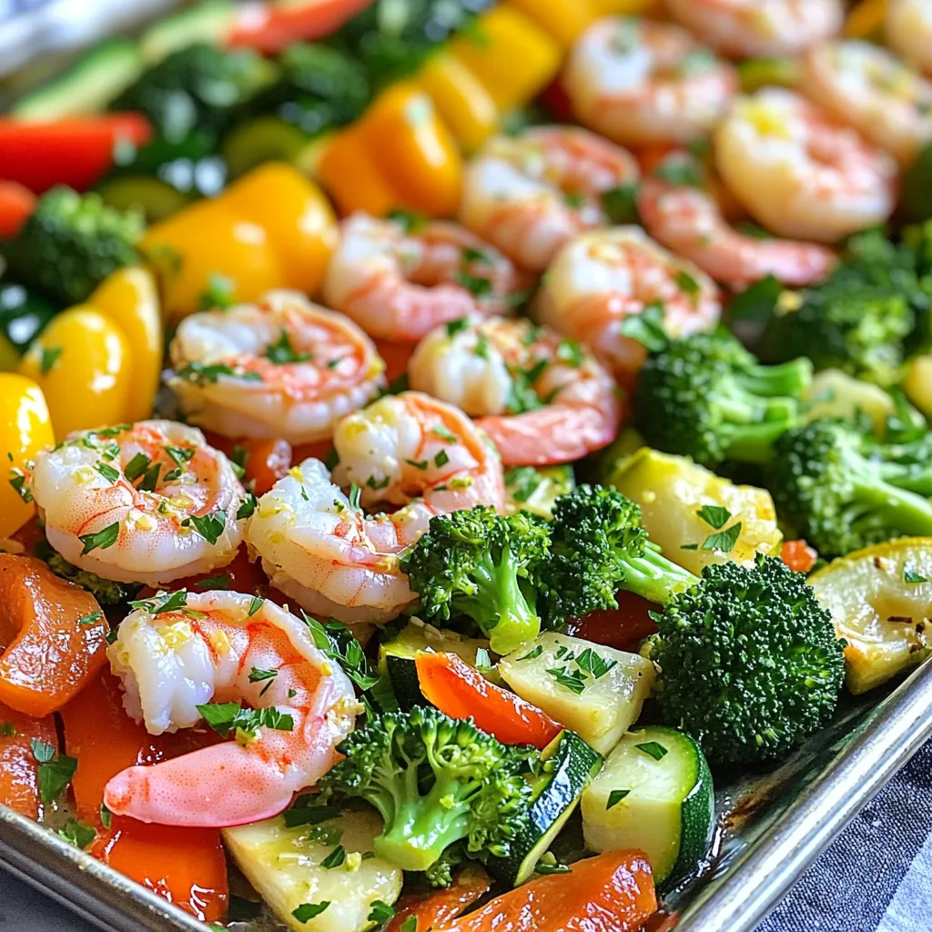 - 1 pound large shrimp, peeled and deveined - 2 cups fresh broccoli florets - 1 cup bell peppers, sliced (red and yellow) - 1 medium zucchini, sliced into half-moons - 1 medium red onion, cut into wedges - 4 cloves garlic, finely minced - 3 tablespoons extra virgin olive oil - Juice and zest of 2 fresh lemons - 1 teaspoon dried oregano - Salt and freshly ground pepper to taste - Fresh parsley, finely chopped Lemon Garlic Shrimp Veggie Sheet Pan Delight uses simple ingredients. You need fresh shrimp and colorful veggies. Fresh broccoli adds crunch. Bell peppers bring sweetness and color. Zucchini adds a nice texture. Red onion gives a slight bite that balances the dish. For the flavors, garlic plays a key role. It gives a strong, rich taste. Extra virgin olive oil keeps everything moist. The lemon juice and zest brighten the dish. Dried oregano adds depth. Salt and pepper enhance all the flavors. Finally, the fresh parsley is not just for looks. It adds a fresh taste that ties everything together. This dish is not only tasty but also easy to make. You can serve it right from the sheet pan for a fun meal! - Preheat the oven to 400°F (200°C). - Line a large sheet pan with parchment paper. This makes cleanup easy. - Combine shrimp and vegetables in a large mixing bowl. - Use peeled shrimp, broccoli florets, sliced bell peppers, zucchini, and red onion. This mix brings color and taste. - In another bowl, prepare the lemon-garlic mixture. - Whisk together minced garlic, olive oil, lemon juice, lemon zest, dried oregano, salt, and pepper. This step blends the flavors well. - Drizzle the lemon-garlic mixture over the shrimp and veggies. - Use tongs or your hands to toss everything together. Ensure all ingredients are coated. - Spread the mixture evenly on the sheet pan. Make sure shrimp lie in a single layer. This helps them cook evenly. - Bake for 12-15 minutes. Check for doneness by looking for pink and opaque shrimp. The veggies should be tender-crisp. - Remove the pan from the oven. Let it cool slightly before serving. Sprinkle fresh parsley on top for a bright finish. To get the best results, ensure the shrimp are in a single layer on the pan. This lets them cook evenly and stay juicy. When you bake them, keep an eye on the vegetables too. You want them tender but still crisp. Check them around the 12-minute mark. If they look bright and a bit soft, they are ready. For a great presentation, you can serve the dish right from the sheet pan. It looks fun and casual. If you prefer a more formal look, transfer everything to a large platter. Pair your dish with crusty bread or a light salad. The bread can soak up the tasty juices, while the salad adds a fresh crunch. You can easily boost the flavor by adding more spices or herbs. Try some red pepper flakes for heat or fresh basil for a sweet note. If you want more veggies, consider adding asparagus, green beans, or cherry tomatoes. They add color and taste, making your meal even better. {{image_4}} You can swap shrimp for chicken or tofu. Both options work well in this dish. If you use chicken, cut it into bite-sized pieces. For tofu, press it to remove excess water before slicing. Adjust cooking times based on your protein choice. Chicken takes about 20 minutes to cook, while tofu needs just 12-15 minutes. Feel free to change up the veggies. Asparagus, green beans, or carrots are great choices. You can also use seasonal veggies to keep it fresh. Try zucchini in summer or Brussels sprouts in fall. Each vegetable adds a unique taste and color to your dish. Get creative with flavors. You can try different citrus fruits like lime or orange. These can add a fun twist! For a spicy kick, add a dash of red pepper flakes. This small change can make a big difference in taste. Store leftovers in an airtight container. This keeps the shrimp and veggies fresh. Use glass or plastic containers that seal well. Make sure to cool the dish to room temperature first. It can stay in the fridge for three days. To reheat, use the oven or microwave. For the oven, set it to 350°F (175°C). Place the dish on a baking sheet and cover it with foil. Heat for about 10 minutes. In the microwave, heat in short bursts. Stir and check every 30 seconds. This helps keep the shrimp and veggies tender. Want to save some for later? You can freeze it! Place the cooled dish in a freezer-safe container. Be sure to leave some space at the top for expansion. It can last in the freezer for up to three months. For best flavor, eat it sooner rather than later. Yes, you can prep this dish ahead of time. You can chop the veggies and shrimp a day before. Place them in the fridge in an airtight container. You can also mix the lemon-garlic sauce and store it separately. This way, you save time on busy days. Just combine everything and bake when you're ready to eat. I recommend using large shrimp for this recipe. You can choose fresh or frozen shrimp. Fresh shrimp has a sweet taste, but frozen shrimp is often just as good. If you use frozen shrimp, make sure to thaw them in cold water before cooking. This helps them cook evenly and taste great. You can tell shrimp are done when they turn pink and opaque. They should curl slightly as they cook. The veggies should be tender but still crisp. If you keep an eye on them, you can get both just right. This dish is all about bright colors and flavors, so don’t overcook! This blog post covered a tasty shrimp bake filled with fresh veggies. I provided easy steps to prepare and cook the dish. You can customize it with different proteins and vegetables. Don't forget the tips for storing and reheating leftovers. Enjoy experimenting with flavors to make it your own. This recipe offers a fun way to boost your meal prep. Try it, and you’ll have a simple, delicious dinner ready in no time. Happy cooking!