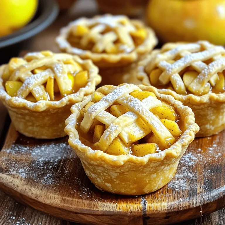 - Apples: Use 2 large apples. I recommend Granny Smith or Honeycrisp. They add tartness and sweetness. - Sweetener Options: Use 1/4 cup light brown sugar. You can also try maple syrup or honey for a twist. - Pie Crust Choices: You can use pre-made pie crusts. They save time and taste great. If you want to make your own, a simple dough works well too. Using the right ingredients makes a big difference. Fresh apples bring flavor and texture. Brown sugar adds a nice depth. Pre-made crusts are quick and easy. Enjoy these tips as you prepare your apple pie cups! - Prepping the apples: Start by peeling and dicing two large apples, like Granny Smith or Honeycrisp. These apples give the best taste. Place the diced apples in a mixing bowl. Add one tablespoon of freshly squeezed lemon juice. This helps keep the apples bright and fresh. Next, sprinkle in one teaspoon of ground cinnamon and a 1/4 teaspoon of freshly grated nutmeg. These spices add warmth and flavor. Then, mix in 1/4 cup of light brown sugar and one tablespoon of cornstarch. The sugar sweetens and the cornstarch helps thicken the filling. Toss it all gently until the apples are well-coated. Set this mixture aside to marinate for a bit. - Rolling out the pie crust: Take your pre-made pie crusts. You will need one package that has two crusts. Dust a clean surface lightly with flour to stop the dough from sticking. Roll out each crust to about 1/8-inch thick. This thickness helps the cups bake evenly. Using a round cutter or a glass, cut circles that are about 3-4 inches in diameter. This size fits perfectly into a muffin tin. - Assembling the cups: Place each dough circle gently into the cups of a muffin tin. Press down lightly to form little cups. Make sure the dough hugs the sides. Now, fill each cup generously with the apple mixture. Pack the apples in lightly to fit them well, but don't overfill. If you have leftover dough, cut it into small strips to create a cute lattice on top. Alternatively, you can cut slits for steam to escape. Brush the tops with a beaten egg for a golden finish. Once you have assembled everything, your apple pie cups are ready to bake! Choosing the right apples for optimal flavor For the best apple pie cups, use Granny Smith or Honeycrisp apples. These apples stay firm and have a tasty balance of sweet and tart. You want apples that will hold their shape while baking, so avoid mushy varieties. Tips for a flaky crust: Avoiding sogginess To keep your crust flaky, avoid overworking the dough. When rolling it out, use just enough flour to prevent sticking. Always preheat your oven to 375°F before baking your cups. This helps the crust crisp up properly. Ensuring even baking: How to check for doneness Watch for golden brown edges on your pie cups. After 20 minutes, peek inside. The apple filling should bubble slightly. If it looks too pale, let it bake a few more minutes. Use a toothpick to check the apples; they should be tender but not mushy. {{image_4}} You can make your apple pie cups even better with a few easy changes. - Adding nuts or dried fruits: Try mixing in chopped walnuts or pecans for crunch. You can also add dried cranberries or raisins for a sweet twist. These additions bring texture and extra flavor to your cups. - Spice it up: Alternatives to cinnamon and nutmeg can add new flavor notes. Consider using allspice for a warm taste or cardamom for a unique zing. You could also add a bit of ginger for a spicy kick that pairs well with apples. - Different toppings: Toppings can make your dessert shine. A drizzle of caramel sauce adds sweetness and richness. If you love cream, a dollop of whipped cream is light and fluffy. You could even serve with vanilla ice cream for a warm and cold contrast that is hard to resist. These easy changes let you create your perfect apple pie cups. Enjoy experimenting with flavors! To keep your apple pie cups fresh, follow these tips: - Best practices for refrigeration and freezing: Store your cups in an airtight container. They stay fresh in the fridge for up to three days. If you want to freeze them, wrap each cup tightly in plastic wrap, then put them in a freezer bag. They can last up to three months in the freezer. - Reheating tips: How to maintain crisp crust: To reheat, place them in a preheated oven at 350°F (175°C) for about 10-15 minutes. This helps keep the crust crisp. Avoid using the microwave; it can make the crust soggy. - Shelf life: How long they stay fresh: When stored properly, apple pie cups last for three days in the fridge. If frozen, they remain good for three months. Once defrosted, eat them within a day or two for the best taste. Can I make this recipe vegan? Yes, you can make this recipe vegan. Use a plant-based pie crust instead of the pre-made one. You can skip the egg wash or use a mixture of plant milk and a bit of flour to brush on top. For the filling, all the ingredients are naturally vegan. How can I make mini versions of apple pie cups? To make mini versions, use a mini muffin tin instead of a standard one. Roll out the dough thinner and cut smaller circles. This will help you fit the dough into the tiny cups. Fill them with the same apple mixture, and bake just a few minutes less. What can I substitute for cornstarch in the recipe? You can use flour or arrowroot powder as a substitute for cornstarch. Both options work well to thicken the filling. Use about 1 tablespoon of flour or arrowroot powder for each tablespoon of cornstarch. This will keep your filling thick and delicious. You learned how to make great apple pie cups. We covered ingredients, preparation, and cooking tips. Don't forget about the fun variations and storage methods. Experimenting with flavors will enhance your dessert. Follow these steps to impress your friends and family. Enjoy your delicious creations and share them. Happy baking!