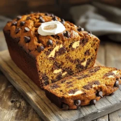 - 1 cup canned pumpkin puree - 1/2 cup vegetable oil - 1 cup packed brown sugar - 1/2 cup granulated sugar - 3 large eggs - 1 teaspoon pure vanilla extract - 2 cups all-purpose flour - 1 teaspoon baking soda - 1/2 teaspoon baking powder - 1 teaspoon ground cinnamon - 1/2 teaspoon ground nutmeg - 1/2 teaspoon sea salt - 1 cup semi-sweet chocolate chips - Optional: 1/2 cup chopped walnuts or pecans I love using canned pumpkin puree for this bread. It makes the process quick. You can also roast fresh pumpkin if you want a richer flavor. Just cook it, blend it, and use it in place of the canned version. For the oils, I prefer vegetable oil for its light taste. If you want a twist, try using coconut oil. It will add a hint of coconut flavor. You might be curious about the sugars. I mix brown and granulated sugars. This combo gives the bread a lovely sweetness and a nice texture. Three large eggs help bind the bread together. If you want a vegan version, try using flax eggs instead. Just mix 1 tablespoon of flaxseed meal with 2.5 tablespoons of water. The flour is essential for structure. All-purpose flour works best, but you can use gluten-free flour. Just make sure it has xanthan gum for the right texture. Baking soda and baking powder help the bread rise. Cinnamon and nutmeg give it that warm fall flavor. The sea salt balances the sweetness. Chocolate chips are a must! I use semi-sweet, but dark chocolate works too. If you want some crunch, add chopped walnuts or pecans as an option. - Preheat oven and prepare loaf pan: Start by setting your oven to 350°F (175°C). Grease a 9x5-inch loaf pan lightly with oil or line it with parchment paper. This helps with easy removal later. - Mixing wet ingredients: In a large bowl, combine 1 cup of canned pumpkin puree, 1/2 cup of vegetable oil, 1 cup of packed brown sugar, and 1/2 cup of granulated sugar. Whisk them together until the mix is smooth and creamy. - Incorporating dry ingredients: In a separate bowl, sift together 2 cups of all-purpose flour, 1 teaspoon of baking soda, 1/2 teaspoon of baking powder, 1 teaspoon of ground cinnamon, 1/2 teaspoon of ground nutmeg, and 1/2 teaspoon of sea salt. This step ensures even mixing of the dry ingredients. - Pouring and smoothing the batter: Gently fold the dry mix into the wet ingredients until they just combine. Be careful not to overmix. Then, fold in 1 cup of semi-sweet chocolate chips and, if you like, 1/2 cup of chopped walnuts or pecans for crunch. Pour the batter into your prepared loaf pan and smooth the top with a spatula. - Baking time and temperature: Place the pan in the oven and bake for 55-65 minutes. - Checking for doneness: To check if your bread is done, insert a toothpick into the center. It should come out clean or with a few moist crumbs. If it needs more time, bake it longer. To make the best chocolate chip pumpkin bread, avoid common mistakes. One mistake is adding too much flour. This can make your bread dense. Always measure flour correctly. Spoon it into your measuring cup and level it off. Another key tip is to not overmix the batter. When you mix too much, the bread can get tough. Mix just until you see no dry flour. This keeps the bread soft and fluffy. To achieve a moist texture, use enough pumpkin puree. The puree adds moisture and flavor. If you want, add some extra chocolate chips or nuts. They also help keep the bread moist. For serving, rich cream cheese works great on warm slices. You can also use creamy butter for a classic touch. Try sprinkling cinnamon on top for extra flavor. Pair your pumpkin bread with warm drinks. Coffee or chai tea makes a perfect match. The spices in these drinks blend well with the bread. For a pretty presentation, slice the bread thick. Arrange the pieces on a nice platter. Drizzle some melted chocolate over the top for a special finish. {{image_4}} - Adding spices for extra warmth You can boost the flavor by adding spices. Try using ground ginger or allspice along with cinnamon. This will give your bread a cozy, warm taste that is perfect for fall. - Chocolate chip alternatives If you want to switch things up, use white chocolate chips or dark chocolate chips instead. Each type adds a unique twist to your pumpkin bread. You can also try butterscotch or peanut butter chips for a fun change. - Incorporating fruits or dried fruits Adding fruits can make your bread even better. Dried cranberries or raisins add sweetness. Fresh apples or pears also work well. Just chop them small, so they mix nicely into your batter. - Making it dairy-free To make this recipe dairy-free, substitute vegetable oil with coconut oil. Use almond milk or oat milk instead of regular milk. This keeps the bread moist and tasty without dairy. - Modifying for lower sugar content If you want less sugar, cut the brown sugar by half. Replace it with applesauce for natural sweetness. This way, you can enjoy your bread without too much sugar. - Enhancements for protein boost To add protein, mix in some nuts or seeds. Chia seeds or flaxseeds are great options. You can also use a protein powder in your batter. This will help make your pumpkin bread more filling and nutritious. To keep your chocolate chip pumpkin bread fresh, store it at room temperature. Place it in a bread box or wrap it in plastic wrap. This will keep it soft for about three days. If you want to store it longer, put it in the fridge. This helps prevent mold but may dry it out a bit. To wrap it properly, use foil or plastic wrap. Make sure it is tight to avoid air exposure. Freezing is great for long-term storage. To freeze, let the bread cool completely. Then, wrap it well in plastic wrap, followed by aluminum foil. This double wrap helps prevent freezer burn. You can freeze it for up to three months. When you are ready to eat it, take it out and let it thaw in the fridge overnight. For the best texture, warm it in the oven for a few minutes before serving. This will bring back its soft, fresh taste. Can I use fresh pumpkin instead of canned? Yes, you can use fresh pumpkin. First, cook it until soft. Then, mash it well. Make sure to drain any excess water. This will help your bread stay moist. How do I know when my bread is done baking? To check for doneness, insert a toothpick in the center. If it comes out clean or with a few moist crumbs, it is ready. The edges should also pull away from the pan. How long does homemade pumpkin bread last? Homemade pumpkin bread lasts about 3-5 days at room temperature. Store it in a cool, dry place. You can also wrap it well to keep it fresh. What to do if the bread is too dense? If your bread is dense, it may be due to overmixing. Try mixing just until combined next time. This helps keep the bread light and fluffy. How to fix undercooked pumpkin bread? If your bread is undercooked, return it to the oven. Bake for an additional 5-10 minutes. Check again with a toothpick to see if it's done. Why is my bread not rising properly? If your bread does not rise, check your baking soda and powder. They need to be fresh to work well. Also, ensure you mixed the wet and dry ingredients properly. This blog post shared a simple method for making chocolate chip pumpkin bread. We covered all the key ingredients, steps, and tips to perfect your baking. Don't forget the options to tweak the recipe, add flavors, or cater to dietary needs. In the end, follow the advice here to enjoy a treat that everyone loves. Baking can bring joy and warmth to your kitchen. Gather your ingredients, and start your tasty adventure today!