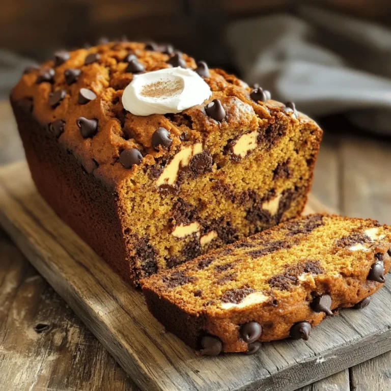 - 1 cup canned pumpkin puree - 1/2 cup vegetable oil - 1 cup packed brown sugar - 1/2 cup granulated sugar - 3 large eggs - 1 teaspoon pure vanilla extract - 2 cups all-purpose flour - 1 teaspoon baking soda - 1/2 teaspoon baking powder - 1 teaspoon ground cinnamon - 1/2 teaspoon ground nutmeg - 1/2 teaspoon sea salt - 1 cup semi-sweet chocolate chips - Optional: 1/2 cup chopped walnuts or pecans I love using canned pumpkin puree for this bread. It makes the process quick. You can also roast fresh pumpkin if you want a richer flavor. Just cook it, blend it, and use it in place of the canned version. For the oils, I prefer vegetable oil for its light taste. If you want a twist, try using coconut oil. It will add a hint of coconut flavor. You might be curious about the sugars. I mix brown and granulated sugars. This combo gives the bread a lovely sweetness and a nice texture. Three large eggs help bind the bread together. If you want a vegan version, try using flax eggs instead. Just mix 1 tablespoon of flaxseed meal with 2.5 tablespoons of water. The flour is essential for structure. All-purpose flour works best, but you can use gluten-free flour. Just make sure it has xanthan gum for the right texture. Baking soda and baking powder help the bread rise. Cinnamon and nutmeg give it that warm fall flavor. The sea salt balances the sweetness. Chocolate chips are a must! I use semi-sweet, but dark chocolate works too. If you want some crunch, add chopped walnuts or pecans as an option. - Preheat oven and prepare loaf pan: Start by setting your oven to 350°F (175°C). Grease a 9x5-inch loaf pan lightly with oil or line it with parchment paper. This helps with easy removal later. - Mixing wet ingredients: In a large bowl, combine 1 cup of canned pumpkin puree, 1/2 cup of vegetable oil, 1 cup of packed brown sugar, and 1/2 cup of granulated sugar. Whisk them together until the mix is smooth and creamy. - Incorporating dry ingredients: In a separate bowl, sift together 2 cups of all-purpose flour, 1 teaspoon of baking soda, 1/2 teaspoon of baking powder, 1 teaspoon of ground cinnamon, 1/2 teaspoon of ground nutmeg, and 1/2 teaspoon of sea salt. This step ensures even mixing of the dry ingredients. - Pouring and smoothing the batter: Gently fold the dry mix into the wet ingredients until they just combine. Be careful not to overmix. Then, fold in 1 cup of semi-sweet chocolate chips and, if you like, 1/2 cup of chopped walnuts or pecans for crunch. Pour the batter into your prepared loaf pan and smooth the top with a spatula. - Baking time and temperature: Place the pan in the oven and bake for 55-65 minutes. - Checking for doneness: To check if your bread is done, insert a toothpick into the center. It should come out clean or with a few moist crumbs. If it needs more time, bake it longer. To make the best chocolate chip pumpkin bread, avoid common mistakes. One mistake is adding too much flour. This can make your bread dense. Always measure flour correctly. Spoon it into your measuring cup and level it off. Another key tip is to not overmix the batter. When you mix too much, the bread can get tough. Mix just until you see no dry flour. This keeps the bread soft and fluffy. To achieve a moist texture, use enough pumpkin puree. The puree adds moisture and flavor. If you want, add some extra chocolate chips or nuts. They also help keep the bread moist. For serving, rich cream cheese works great on warm slices. You can also use creamy butter for a classic touch. Try sprinkling cinnamon on top for extra flavor. Pair your pumpkin bread with warm drinks. Coffee or chai tea makes a perfect match. The spices in these drinks blend well with the bread. For a pretty presentation, slice the bread thick. Arrange the pieces on a nice platter. Drizzle some melted chocolate over the top for a special finish. {{image_4}} - Adding spices for extra warmth You can boost the flavor by adding spices. Try using ground ginger or allspice along with cinnamon. This will give your bread a cozy, warm taste that is perfect for fall. - Chocolate chip alternatives If you want to switch things up, use white chocolate chips or dark chocolate chips instead. Each type adds a unique twist to your pumpkin bread. You can also try butterscotch or peanut butter chips for a fun change. - Incorporating fruits or dried fruits Adding fruits can make your bread even better. Dried cranberries or raisins add sweetness. Fresh apples or pears also work well. Just chop them small, so they mix nicely into your batter. - Making it dairy-free To make this recipe dairy-free, substitute vegetable oil with coconut oil. Use almond milk or oat milk instead of regular milk. This keeps the bread moist and tasty without dairy. - Modifying for lower sugar content If you want less sugar, cut the brown sugar by half. Replace it with applesauce for natural sweetness. This way, you can enjoy your bread without too much sugar. - Enhancements for protein boost To add protein, mix in some nuts or seeds. Chia seeds or flaxseeds are great options. You can also use a protein powder in your batter. This will help make your pumpkin bread more filling and nutritious. To keep your chocolate chip pumpkin bread fresh, store it at room temperature. Place it in a bread box or wrap it in plastic wrap. This will keep it soft for about three days. If you want to store it longer, put it in the fridge. This helps prevent mold but may dry it out a bit. To wrap it properly, use foil or plastic wrap. Make sure it is tight to avoid air exposure. Freezing is great for long-term storage. To freeze, let the bread cool completely. Then, wrap it well in plastic wrap, followed by aluminum foil. This double wrap helps prevent freezer burn. You can freeze it for up to three months. When you are ready to eat it, take it out and let it thaw in the fridge overnight. For the best texture, warm it in the oven for a few minutes before serving. This will bring back its soft, fresh taste. Can I use fresh pumpkin instead of canned? Yes, you can use fresh pumpkin. First, cook it until soft. Then, mash it well. Make sure to drain any excess water. This will help your bread stay moist. How do I know when my bread is done baking? To check for doneness, insert a toothpick in the center. If it comes out clean or with a few moist crumbs, it is ready. The edges should also pull away from the pan. How long does homemade pumpkin bread last? Homemade pumpkin bread lasts about 3-5 days at room temperature. Store it in a cool, dry place. You can also wrap it well to keep it fresh. What to do if the bread is too dense? If your bread is dense, it may be due to overmixing. Try mixing just until combined next time. This helps keep the bread light and fluffy. How to fix undercooked pumpkin bread? If your bread is undercooked, return it to the oven. Bake for an additional 5-10 minutes. Check again with a toothpick to see if it's done. Why is my bread not rising properly? If your bread does not rise, check your baking soda and powder. They need to be fresh to work well. Also, ensure you mixed the wet and dry ingredients properly. This blog post shared a simple method for making chocolate chip pumpkin bread. We covered all the key ingredients, steps, and tips to perfect your baking. Don't forget the options to tweak the recipe, add flavors, or cater to dietary needs. In the end, follow the advice here to enjoy a treat that everyone loves. Baking can bring joy and warmth to your kitchen. Gather your ingredients, and start your tasty adventure today!