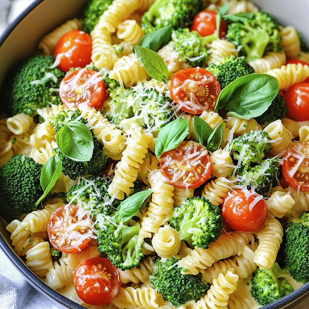 - 12 oz pasta of your choice (recommendations: penne or fusilli) - 1 cup fresh broccoli florets - 1 package (5.2 oz) Boursin cheese (garlic & fine herbs flavor) - 3 cups low-sodium vegetable broth - 1 cup cherry tomatoes, halved - 2 tablespoons extra virgin olive oil - 1 teaspoon garlic powder - Salt and freshly cracked black pepper - Freshly shaved Parmesan cheese for garnish - Fresh basil leaves for garnish When I create One-Pot Boursin Broccoli Pasta, I love using fresh ingredients. The Boursin cheese adds a creamy flavor. You can choose any pasta you like, but I recommend penne or fusilli. They hold the sauce well. Fresh broccoli gives a bright green color and crunch. I wash and chop it into small florets. Cherry tomatoes add a sweet and juicy bite. I slice them in half for easy mixing. I use low-sodium vegetable broth for a rich base. It keeps the dish light and healthy. Extra virgin olive oil helps cook the pasta and adds flavor. For seasoning, I sprinkle garlic powder for a warm taste. I also add salt and black pepper to bring out the flavors. When serving, I top my dish with shaved Parmesan and fresh basil. They enhance the look and taste of the pasta. Gather these ingredients, and you’re ready to make a quick and tasty meal! To start, heat 2 tablespoons of extra virgin olive oil in a spacious pot over medium heat. This step adds flavor and helps cook the pasta evenly. Next, add 12 oz of uncooked pasta to the pot. You can use penne or fusilli, which work well in this dish. Pour in 3 cups of low-sodium vegetable broth. This broth gives a rich taste to the pasta. Sprinkle 1 teaspoon of garlic powder into the mix, and stir thoroughly to combine all the ingredients. Increase the heat until the mixture boils. Once boiling, reduce the heat to a steady simmer. Cook the pasta for about 6-8 minutes, stirring occasionally. This helps prevent the pasta from sticking together. When the pasta is halfway cooked and still a bit firm, it’s time to add 1 cup of fresh broccoli florets and 1 cup of halved cherry tomatoes. Cook for an additional 3-4 minutes. The pasta should be al dente, and the broccoli should be tender yet bright green. Remove the pot from heat and stir in 1 package (5.2 oz) of Boursin cheese. Choose the garlic and fine herbs flavor for extra taste. Stir until the cheese melts and forms a creamy sauce that coats the pasta well. Taste the dish and adjust the seasoning with salt and freshly cracked black pepper as needed. Let the pasta rest for about a minute to thicken before serving. This resting time helps the flavors meld together. Dish out the pasta while hot, garnishing with freshly shaved Parmesan cheese and fresh basil leaves for a lovely finish. To cook pasta just right, timing is key. You want your pasta to be al dente, which means it should still have a slight bite. Start checking the pasta around the 6-minute mark. If it feels firm but not hard, it’s ready for the next step. Stir the pasta often to keep it from sticking together. This helps create a nice, creamy sauce later. Boursin cheese adds a lovely flavor, but you can try other cheeses too. Cream cheese or ricotta can work well. For a sharper taste, consider using goat cheese or feta. You can also mix in herbs like thyme or dill to change the flavor. Just add them at the same time you stir in the cheese. Want a little kick? Add red pepper flakes to the pot. Start with a pinch, and then taste it. You can also boost the flavor with extra herbs. Oregano and parsley pair nicely with the other ingredients. Just sprinkle them in before serving for a fresh taste. {{image_4}} You can switch up the veggies for new tastes. Try adding bell peppers, spinach, or zucchini. These will give the dish color and crunch. You can also add legumes like chickpeas or lentils for protein. This makes the meal heartier and keeps it filling. If you need gluten-free options, use gluten-free pasta like brown rice or chickpea pasta. These types cook well and taste great. You can also adapt the recipe by checking the vegetable broth for gluten. Always read labels to be sure. You can make this dish ahead of time. Just cook the pasta and veggies as usual. Let it cool before storing it in the fridge. For reheating, add a splash of broth to keep it creamy. Heat it in a pot over low heat. Stir gently until warmed through, and it will taste fresh! To keep your One-Pot Boursin Broccoli Pasta fresh, follow these steps: - Let it cool: Allow the pasta to cool for about 30 minutes after cooking. - Use airtight containers: Store leftovers in airtight containers. This helps to keep the pasta from drying out. - Refrigerate: Place the containers in the fridge. The pasta will stay good for up to 3 days. If you want to save the pasta for later, freezing works great: - Cool it first: Make sure the pasta is completely cool before freezing. - Portion it out: Divide into single servings for easy thawing later. - Use freezer-safe bags: Place pasta in freezer bags and remove as much air as possible. - Label and date: Write the date on each bag to track freshness. To thaw and reheat: - Thaw overnight: Move the frozen pasta to the fridge the night before. - Reheat gently: Warm the pasta on the stove over low heat, adding a splash of broth or water to keep it moist. Enjoy your meal! One-Pot Boursin Broccoli Pasta lasts about 3 to 5 days in the fridge. To keep it fresh, store it in an airtight container. Make sure it cools down before sealing. This will help avoid moisture build-up. When you're ready to eat, heat it up in a pan or microwave. Stir in a splash of broth or water to keep it moist. Yes, you can use other types of cheese. Cream cheese is a great option if you want a similar texture. You might try goat cheese for a tangy flavor. If you prefer a sharper taste, try cheddar or feta. Just remember, the cheese you choose will change the dish's flavor. Adjust other seasonings to match your cheese choice. Absolutely! To make a vegan version, switch to a plant-based cheese. Look for brands that offer creamy vegan cheese. You can also use nutritional yeast for a cheesy flavor. For broth, choose vegetable broth without animal products. This keeps the dish tasty and vegan-friendly. In this blog post, we explored the One-Pot Boursin Broccoli Pasta recipe, highlighting key ingredients and cooking steps. You learned about perfecting your pasta, various cheese options, and even meal prep ideas. Remember, creativity in the kitchen is key. Experiment with different veggies and spices to make this dish your own. Don’t stress if you need to adjust for dietary needs; there are many ways to customize it. Enjoy the process, and savor every bite!