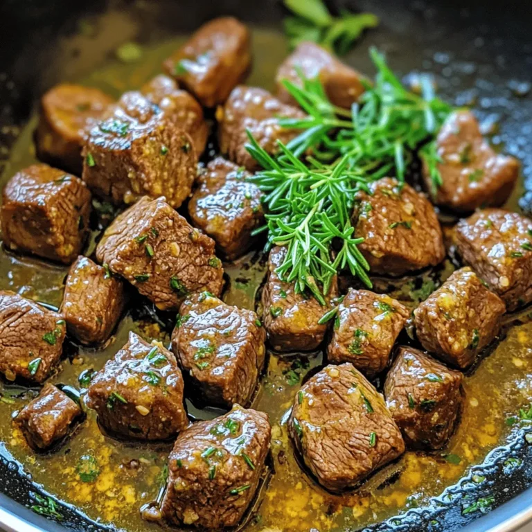 - 1 pound beef sirloin, cut into bite-sized cubes - 4 tablespoons unsalted butter - 4 cloves garlic, minced - 1 tablespoon fresh rosemary, finely chopped - 1 tablespoon fresh thyme, finely chopped - Salt and black pepper, to taste - 1 tablespoon olive oil - Fresh parsley, chopped, for garnish - Red pepper flakes for added heat - Lemon juice for brightness - Parmesan cheese for extra flavor To make Garlic Butter Beef Bites, you need a few key ingredients. The star of the dish is the beef sirloin. It gives a nice, tender bite. You’ll also use butter, garlic, and fresh herbs. These ingredients create a rich and savory flavor. I recommend using unsalted butter. It allows you to control the saltiness. Fresh herbs like rosemary and thyme brighten the dish. Don’t skip the garlic; it adds a wonderful aroma. For a spicy kick, add red pepper flakes. A squeeze of lemon juice can brighten the flavor. You may also sprinkle some parmesan cheese on top for an extra layer of taste. Gather these ingredients, and you’ll be ready to create a delicious meal in no time! 1. Heat a large skillet over medium-high heat. 2. Add one tablespoon of olive oil to the hot skillet. 3. While the oil heats, season 1 pound of beef sirloin cubes with salt and black pepper. 4. Once the oil is hot, place the beef in a single layer. 5. Sear the beef for 2-3 minutes until it gets a nice brown crust. 6. Flip the beef with tongs to brown the other side for another 2-3 minutes. 1. Lower the heat to medium-low. Move the beef to one side of the skillet. 2. In the clear space, add 4 tablespoons of unsalted butter, 4 minced garlic cloves, 1 tablespoon of chopped rosemary, and 1 tablespoon of chopped thyme. 3. Let the butter melt slowly. Stir to mix the garlic and herbs, cooking for 1-2 minutes. 4. Toss the beef bites in the garlic butter sauce, coating each piece well. 5. Cook for an extra 1-2 minutes until the beef is done to your liking. 1. Transfer the beef bites to a serving platter. 2. Garnish with freshly chopped parsley for a pop of color. - Avoid overcrowding the pan. If you add too many beef cubes, they won’t brown well. Each piece needs space to sear. - Use high heat for a good crust. A hot skillet helps lock in the juices. - Experiment with additional herbs. Try adding sage or oregano for a new twist. Fresh herbs can brighten the dish. - Consider marinating the beef beforehand. A simple marinade can add depth and help tenderize the meat. - Try different cuts of beef. Cuts like ribeye or tenderloin work great too. Each cut has a unique flavor and texture. - Make it spicy with additional seasonings. Add red pepper flakes or hot sauce for a kick. Adjust these to match your taste. {{image_4}} You can change how you cook your beef bites for more fun. Grilling is one tasty option. Preheat your grill to medium-high heat. Thread the seasoned beef cubes onto skewers. Grill for about 2-3 minutes on each side. This gives a great smoky flavor that many love. Using a slow cooker is another method. This makes the beef very tender. Simply add the beef, garlic, butter, and herbs to the slow cooker. Cook on low for 6-8 hours. The flavors mix well, and the beef becomes very soft. Want to mix it up? You can add sauces to your beef bites. For a sweet and tangy taste, try teriyaki or BBQ sauce. Just toss the cooked beef bites in the sauce before serving. This adds a nice glaze and extra flavor. Another fun idea is a creamy garlic sauce. You can make this by adding heavy cream to your garlic butter mix. Stir it in after the garlic cooks. This gives a rich and smooth sauce that pairs well with the beef. If you want a meat-free meal, you can switch beef for tofu or mushrooms. Tofu absorbs flavors well. Cut it into cubes and follow the same steps as beef. For mushrooms, use large portobello or shiitake. They add a nice, earthy taste. Another tasty option is to create garlic butter veggie bites. Use a mix of your favorite veggies like bell peppers, zucchini, and asparagus. Sauté them in garlic butter just like the beef. This gives you a delightful, healthy dish that everyone will enjoy. To store leftover Garlic Butter Beef Bites, let them cool first. Place the beef bites in an airtight container. This keeps them fresh and prevents odors from mixing. I recommend using glass or plastic containers with tight lids. They work well for storage and reheating. The best way to reheat beef bites is on the stove. Use a skillet over medium heat. Add a little olive oil or butter to keep them moist. Stir gently to ensure they heat evenly. You can also use a microwave, but be careful to not overcook them. This keeps the flavor and texture just right. You can freeze Garlic Butter Beef Bites for later meals. Let them cool completely before freezing. Place them in freezer-safe bags or containers. Remove as much air as possible to prevent freezer burn. When you’re ready to eat, thaw them in the fridge overnight. Then, reheat them gently in a skillet for best results. To make Garlic Butter Beef Bites spicy, add red pepper flakes. You can also use a spicy seasoning blend. Adjust the amount based on your heat preference. For a zesty twist, add a splash of hot sauce when tossing the beef. This will give your dish a nice kick. Yes, you can use frozen beef. However, make sure to thaw it fully first. This helps the beef cook evenly. If you cook frozen beef, the outside may burn before the inside cooks. Thawing ensures you get that nice brown crust you want. Garlic Butter Beef Bites go well with many sides. A simple green salad adds freshness. You can also serve it with mashed potatoes for comfort. Roasted veggies make a colorful plate. Rice or pasta can soak up the tasty garlic butter too. To check if the beef is cooked perfectly, use a meat thermometer. For medium-rare, aim for 130-135°F. If you don’t have a thermometer, cut a piece in half. The center should still have some pink but not be raw. You can prep some parts ahead of time. Cut the beef and mince the garlic earlier. However, cook the beef just before serving for the best flavor. If you make it ahead, reheat it gently on low heat to keep it juicy. Using fresh herbs like rosemary and thyme adds great flavor. Dried herbs can work in a pinch but won’t taste as bright. If fresh herbs are not available, use about a third of the amount of dried herbs. This blog post shared a simple and tasty recipe for Garlic Butter Beef Bites. You learned about the key ingredients, step-by-step cooking instructions, and helpful tips for best results. Remember, you can customize the dish with herbs, sauces, or cooking methods. Leftovers store well and can be reheated without losing flavor. Enjoy experimenting with this dish, making it your own, and impressing family or friends. Cooking should be fun and easy, so get in the kitchen and start making your beef bites today!