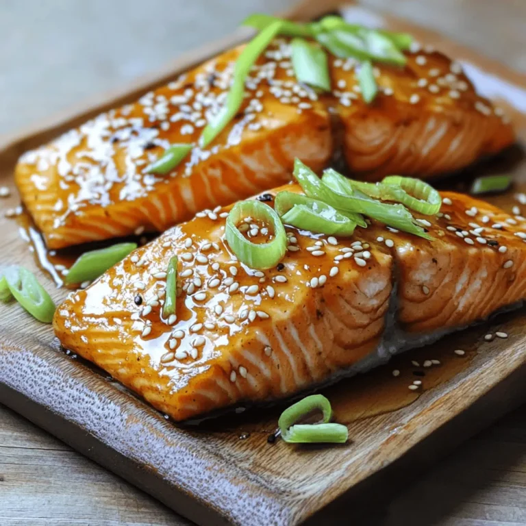 To make honey garlic glazed salmon, you need fresh and simple ingredients. Here’s what you'll need: - 4 salmon fillets (6 oz each, skin-on) - 1/4 cup honey - 3 tablespoons low-sodium soy sauce - 4 cloves garlic, finely minced - 1 tablespoon fresh ginger, freshly grated - 1 tablespoon olive oil - Salt and freshly ground black pepper to taste - 1 tablespoon sesame seeds (for final garnish) - 2 green onions, finely sliced (for garnish) These ingredients mix to create a tasty glaze. The honey adds sweetness. The soy sauce gives a salty kick. Garlic and ginger bring warmth and aroma. Each bite of salmon will burst with flavor! First, gather a mixing bowl. In this bowl, combine the honey, soy sauce, minced garlic, and freshly grated ginger. Use a whisk to blend the ingredients well. Make sure everything mixes nicely. This marinade adds sweetness and depth to the salmon. Next, take a large non-stick skillet and put it on medium-high heat. Pour in the olive oil and let it warm up. You want the oil hot but not smoking. While the oil heats, season both sides of each salmon fillet with salt and pepper. This step boosts the flavor. Once the skillet is sizzling, gently place the salmon fillets in the pan, skin-side down. Cook them for about 4 minutes. Let the skin get crispy and golden. This texture adds a nice crunch to your meal. After 4 minutes, carefully flip the salmon fillets using a spatula. Now, pour the honey garlic glaze evenly over each piece. Continue to cook for an additional 3-4 minutes. Remember to baste the salmon with the sauce occasionally. This keeps the fish moist and flavorful. When the salmon turns opaque and flakes easily, it’s done. Remove it from the skillet and let it rest for about one minute. This resting time helps the juices settle. Drizzle any leftover glaze from the skillet over the salmon. Finally, garnish your glazed salmon with a sprinkle of sesame seeds and sliced green onions. These add color and a nice crunch. Enjoy your delicious honey garlic glazed salmon! How to achieve crispy skin To get that perfect crispy skin on your salmon, make sure your pan is hot before adding the fish. Cook the salmon skin-side down for about four minutes without moving it. This allows the skin to crisp up nicely. If the skin sticks to the pan, it’s not ready to flip yet. Wait a little longer for that satisfying crunch. Importance of basting Basting is key to getting a rich flavor. After you flip the salmon, pour the honey garlic mixture over it. Use a spoon to drizzle the sauce over the top as it cooks. This keeps the fish moist and helps it soak up all that sweet and savory goodness. Basting also creates a lovely glaze on the surface. Best side dishes to pair with glazed salmon When serving your honey garlic glazed salmon, choose sides that complement its rich flavor. Steamed rice is a great base. You can also try sautéed vegetables, like broccoli or green beans. A fresh salad adds a nice crunch, too. You might even consider serving it with roasted sweet potatoes for a sweet contrast. Presentation ideas for a beautiful plate Make your plate pop by adding a wedge of lemon on the side. The bright color adds fun and a fresh burst of flavor. Place the salmon on a bed of rice or next to your veggies. Finish with a sprinkle of sesame seeds and sliced green onions for extra color and crunch. This will make your dish not only tasty but also beautiful! {{image_4}} You can change the flavor of honey garlic glazed salmon in fun ways. One option is to make a citrus-infused version. Use fresh orange or lemon juice in the marinade. This will give your salmon a bright and zesty taste. The sweet honey and tangy citrus create a great balance. Another fun twist is the spicy honey garlic salmon. Add sliced jalapeños or red pepper flakes to your marinade. This will give your dish a nice kick. The heat from the peppers pairs well with the sweet glaze. It’s a perfect way to spice up your dinner. If you're watching your carbs, you can make a low-carb version. Use a sugar-free honey substitute or a low-carb sweetener. This keeps the sweet flavor without the extra sugar. You can still enjoy the sticky glaze without the carbs. For those needing gluten-free options, try using tamari instead of soy sauce. Tamari is a gluten-free soy sauce alternative. It has a rich flavor and works just as well in the marinade. You won't lose any taste, and everyone can enjoy this dish! To store your honey garlic glazed salmon, first let it cool to room temperature. Then, wrap each fillet tightly in plastic wrap or place it in an airtight container. This helps keep the salmon fresh. You can store it in the fridge for up to three days. If you want to keep it longer, freeze the salmon. It can last up to three months in the freezer. Just make sure to label your container with the date. When reheating, I recommend using the oven or a skillet. Both methods help keep the salmon moist. If using the oven, preheat it to 350°F (175°C). Place the salmon in an oven-safe dish and cover it with foil. Heat for about 10-15 minutes, or until warmed through. If using a skillet, heat it on low. Add a splash of water or broth to the pan, then cover it. This steam will help keep the salmon from drying out. Cook for about 5 minutes until warm. Enjoy your delicious leftovers! Yes, you can use frozen salmon. Just make sure to thaw it first. Place the salmon in the fridge overnight for safe thawing. This keeps it fresh and ready for cooking. You can tell salmon is cooked when it flakes easily with a fork. The color should change to a light pink. Another way is to use a meat thermometer. Aim for an internal temperature of 145°F. Yes, you can prepare the marinade ahead of time. Mix the honey, soy sauce, garlic, and ginger. Store it in the fridge for up to two days. This makes your cooking time faster and easier! In this post, I shared a tasty recipe for honey garlic glazed salmon. You learned about the ingredients, step-by-step cooking instructions, and helpful tips for perfect results. I also shared variations you can try and best practices for storage. Remember, cooking is an art. Feel free to experiment with flavors and side dishes. Enjoy your meal and have fun in the kitchen!