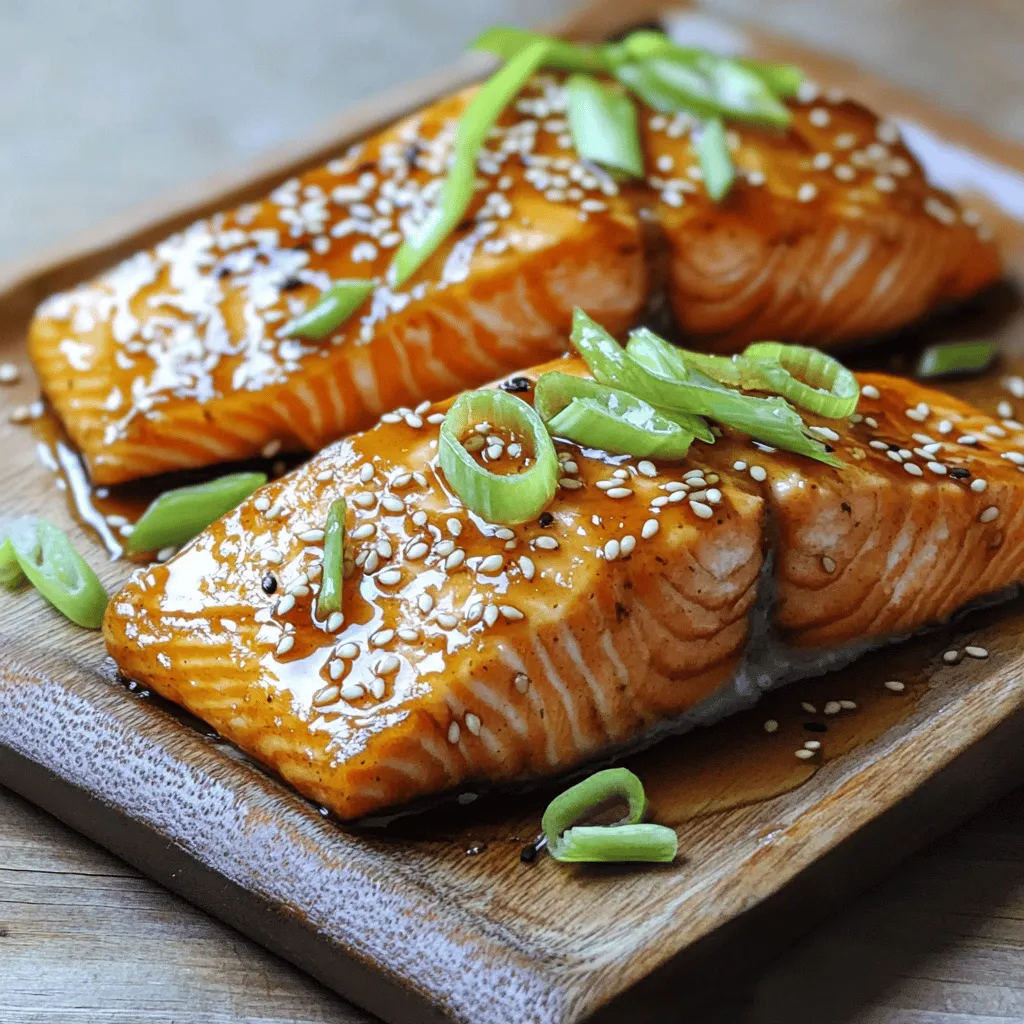 To make honey garlic glazed salmon, you need fresh and simple ingredients. Here’s what you'll need: - 4 salmon fillets (6 oz each, skin-on) - 1/4 cup honey - 3 tablespoons low-sodium soy sauce - 4 cloves garlic, finely minced - 1 tablespoon fresh ginger, freshly grated - 1 tablespoon olive oil - Salt and freshly ground black pepper to taste - 1 tablespoon sesame seeds (for final garnish) - 2 green onions, finely sliced (for garnish) These ingredients mix to create a tasty glaze. The honey adds sweetness. The soy sauce gives a salty kick. Garlic and ginger bring warmth and aroma. Each bite of salmon will burst with flavor! First, gather a mixing bowl. In this bowl, combine the honey, soy sauce, minced garlic, and freshly grated ginger. Use a whisk to blend the ingredients well. Make sure everything mixes nicely. This marinade adds sweetness and depth to the salmon. Next, take a large non-stick skillet and put it on medium-high heat. Pour in the olive oil and let it warm up. You want the oil hot but not smoking. While the oil heats, season both sides of each salmon fillet with salt and pepper. This step boosts the flavor. Once the skillet is sizzling, gently place the salmon fillets in the pan, skin-side down. Cook them for about 4 minutes. Let the skin get crispy and golden. This texture adds a nice crunch to your meal. After 4 minutes, carefully flip the salmon fillets using a spatula. Now, pour the honey garlic glaze evenly over each piece. Continue to cook for an additional 3-4 minutes. Remember to baste the salmon with the sauce occasionally. This keeps the fish moist and flavorful. When the salmon turns opaque and flakes easily, it’s done. Remove it from the skillet and let it rest for about one minute. This resting time helps the juices settle. Drizzle any leftover glaze from the skillet over the salmon. Finally, garnish your glazed salmon with a sprinkle of sesame seeds and sliced green onions. These add color and a nice crunch. Enjoy your delicious honey garlic glazed salmon! How to achieve crispy skin To get that perfect crispy skin on your salmon, make sure your pan is hot before adding the fish. Cook the salmon skin-side down for about four minutes without moving it. This allows the skin to crisp up nicely. If the skin sticks to the pan, it’s not ready to flip yet. Wait a little longer for that satisfying crunch. Importance of basting Basting is key to getting a rich flavor. After you flip the salmon, pour the honey garlic mixture over it. Use a spoon to drizzle the sauce over the top as it cooks. This keeps the fish moist and helps it soak up all that sweet and savory goodness. Basting also creates a lovely glaze on the surface. Best side dishes to pair with glazed salmon When serving your honey garlic glazed salmon, choose sides that complement its rich flavor. Steamed rice is a great base. You can also try sautéed vegetables, like broccoli or green beans. A fresh salad adds a nice crunch, too. You might even consider serving it with roasted sweet potatoes for a sweet contrast. Presentation ideas for a beautiful plate Make your plate pop by adding a wedge of lemon on the side. The bright color adds fun and a fresh burst of flavor. Place the salmon on a bed of rice or next to your veggies. Finish with a sprinkle of sesame seeds and sliced green onions for extra color and crunch. This will make your dish not only tasty but also beautiful! {{image_4}} You can change the flavor of honey garlic glazed salmon in fun ways. One option is to make a citrus-infused version. Use fresh orange or lemon juice in the marinade. This will give your salmon a bright and zesty taste. The sweet honey and tangy citrus create a great balance. Another fun twist is the spicy honey garlic salmon. Add sliced jalapeños or red pepper flakes to your marinade. This will give your dish a nice kick. The heat from the peppers pairs well with the sweet glaze. It’s a perfect way to spice up your dinner. If you're watching your carbs, you can make a low-carb version. Use a sugar-free honey substitute or a low-carb sweetener. This keeps the sweet flavor without the extra sugar. You can still enjoy the sticky glaze without the carbs. For those needing gluten-free options, try using tamari instead of soy sauce. Tamari is a gluten-free soy sauce alternative. It has a rich flavor and works just as well in the marinade. You won't lose any taste, and everyone can enjoy this dish! To store your honey garlic glazed salmon, first let it cool to room temperature. Then, wrap each fillet tightly in plastic wrap or place it in an airtight container. This helps keep the salmon fresh. You can store it in the fridge for up to three days. If you want to keep it longer, freeze the salmon. It can last up to three months in the freezer. Just make sure to label your container with the date. When reheating, I recommend using the oven or a skillet. Both methods help keep the salmon moist. If using the oven, preheat it to 350°F (175°C). Place the salmon in an oven-safe dish and cover it with foil. Heat for about 10-15 minutes, or until warmed through. If using a skillet, heat it on low. Add a splash of water or broth to the pan, then cover it. This steam will help keep the salmon from drying out. Cook for about 5 minutes until warm. Enjoy your delicious leftovers! Yes, you can use frozen salmon. Just make sure to thaw it first. Place the salmon in the fridge overnight for safe thawing. This keeps it fresh and ready for cooking. You can tell salmon is cooked when it flakes easily with a fork. The color should change to a light pink. Another way is to use a meat thermometer. Aim for an internal temperature of 145°F. Yes, you can prepare the marinade ahead of time. Mix the honey, soy sauce, garlic, and ginger. Store it in the fridge for up to two days. This makes your cooking time faster and easier! In this post, I shared a tasty recipe for honey garlic glazed salmon. You learned about the ingredients, step-by-step cooking instructions, and helpful tips for perfect results. I also shared variations you can try and best practices for storage. Remember, cooking is an art. Feel free to experiment with flavors and side dishes. Enjoy your meal and have fun in the kitchen!