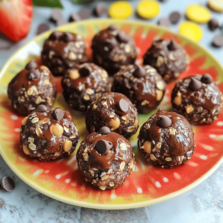 To make No-Bake Chocolate Peanut Butter Energy Bites, gather these simple items: - 1 cup rolled oats - 1/2 cup natural peanut butter - 1/3 cup honey or pure maple syrup - 1/4 cup mini chocolate chips - 1/4 cup ground flaxseed - 1 teaspoon vanilla extract - A pinch of sea salt These ingredients come together to create a tasty and healthy snack. If you want to switch up the sweeteners, here are some options: - Agave syrup - Coconut nectar - Brown rice syrup Each of these can add a unique flavor. Just make sure to keep the same amount as honey or maple syrup. You can easily customize your energy bites. Here are some ideas: - Add chopped nuts like almonds or walnuts for crunch. - Mix in dried fruit like cranberries or raisins for sweetness. - Use different flavors of nut butter, like almond or cashew, for variety. Feel free to get creative! Each variation can give your bites a new twist. To make these no-bake chocolate peanut butter energy bites, gather your ingredients first. You need rolled oats, peanut butter, honey or maple syrup, mini chocolate chips, ground flaxseed, vanilla extract, and a pinch of sea salt. This recipe is simple and takes about 15 minutes to prep. You will chill the bites to make them firm. Start by taking a large mixing bowl. Add 1 cup of rolled oats, 1/4 cup of ground flaxseed, and a pinch of sea salt. Use a spoon to mix them well. It’s important to blend them evenly. This step gives your bites a nice texture and flavor. Make sure there are no clumps. In another bowl, mix together 1/2 cup of natural peanut butter, 1/3 cup of honey or maple syrup, and 1 teaspoon of vanilla extract. Stir until smooth. This mixture is rich and creamy. Pour it into the bowl with the dry ingredients. Use a spatula or wooden spoon to mix everything well. You want all the dry ingredients coated in the peanut butter blend. Finally, fold in 1/4 cup of mini chocolate chips. Now, scoop small portions and roll them into balls. About 1 inch in size works great. Place each ball on a baking sheet lined with parchment paper. Once done, chill them in the fridge for 30 minutes to firm up. Enjoy your tasty energy bites! To get the right texture, mix well. You want each oat and flaxseed coated in peanut butter. If the mix feels too dry, add a bit more honey or peanut butter. If it is too wet, add more oats or flaxseed. You want the mixture to hold together when rolled. This balance is key for a perfect bite. You can swap peanut butter for other nut butters. Almond or cashew butter works great. Each nut butter brings a unique flavor. Make sure it's natural and smooth for the best results. If you have a nut allergy, sunflower seed butter is a tasty option too. When rolling the bites, keep your hands slightly damp. This will stop the mix from sticking to your hands. Roll them into 1-inch balls for the best size. If you want, you can roll them in extra mini chocolate chips or coconut flakes for a fun twist. Place them carefully on the baking sheet to avoid squishing. {{image_4}} You can make these bites more fun with add-ins. Consider using 1/4 cup of chopped nuts like almonds or walnuts for a crunchy twist. Dried fruit, like raisins or cranberries, adds sweetness and chewiness. You can also mix in 1/4 cup of shredded coconut for a tropical flair. Each option boosts flavor and texture. If you have dietary needs, you can easily adjust this recipe. For a nut-free version, use sun butter instead of peanut butter. If you want to make it vegan, substitute honey with maple syrup. To make it gluten-free, ensure your oats are certified gluten-free. These tweaks help everyone enjoy these bites. You can play with flavors to keep things exciting. Add 1/2 teaspoon of cinnamon for warmth. A bit of instant coffee can give a nice kick. For a minty taste, try a few drops of peppermint extract. Each of these options adds a new layer of flavor that is sure to please. To keep your no-bake chocolate peanut butter energy bites fresh, store them in an airtight container. This will help maintain their taste and texture. Place the container in the fridge. Keeping them cold prevents the bites from becoming too soft. If you plan to eat them within a week, this method works great. When stored properly in the fridge, these energy bites last for about one week. You might notice them getting a bit drier as time goes on. However, they still taste good. If you want to keep them longer, freezing is the way to go. To freeze your energy bites, place them on a baking sheet in a single layer. This helps them freeze without sticking together. After about an hour, transfer the frozen bites into a freezer-safe bag or container. They can last for up to three months in the freezer. When you’re ready to eat, just take out a few and let them thaw in the fridge. Enjoy them as a quick snack or energy boost! No-Bake Chocolate Peanut Butter Energy Bites can last for about one week in the fridge. Store them in an airtight container. If you want to keep them longer, freeze them. They can last up to three months in the freezer. Just thaw them in the fridge before eating. Yes, you can use crunchy peanut butter! It will add extra texture and a nice crunch to the bites. The flavor will stay the same, but the bites will be more fun to eat. If you like a little crunch, go for it! Each No-Bake Chocolate Peanut Butter Energy Bite has about 100 calories. This count can change based on the brands of ingredients you use. For exact numbers, check the labels of your products. They are healthy snacks, but be mindful of how many you eat. Yes, you can make these energy bites vegan! Just swap honey for pure maple syrup. This change keeps the bites sweet and plant-based. All other ingredients are already vegan-friendly. Enjoy these tasty bites while sticking to a vegan diet! In this post, I covered how to make no-bake chocolate peanut butter energy bites. You learned about the key ingredients and step-by-step instructions. I shared tips to perfect texture and rolling. Different variations give you options for every taste. Lastly, I provided storage info to keep them fresh. These energy bites are easy to make and customize. Try them as a quick snack or a treat. Enjoy creating your own versions!