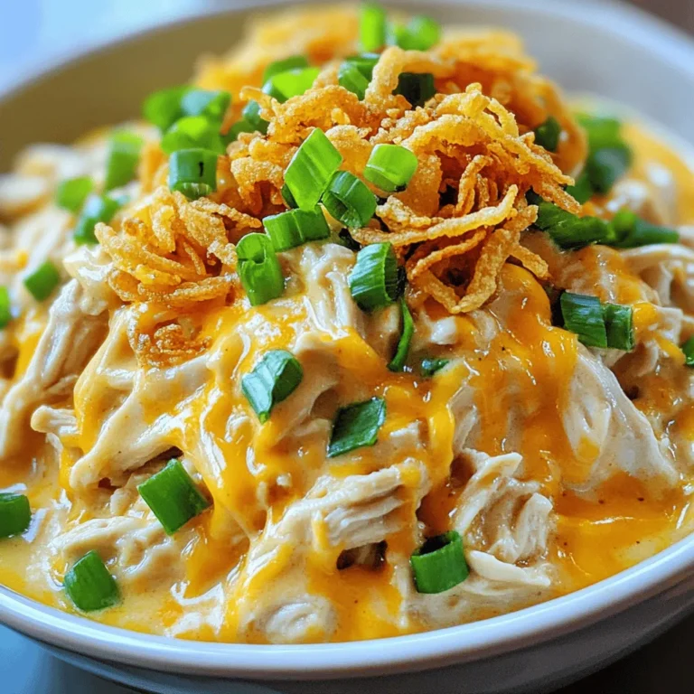 - 4 boneless, skinless chicken breasts - 1 packet (1 oz) ranch seasoning mix - 8 oz cream cheese, cut into cubes - 1 cup shredded sharp cheddar cheese - 1 cup chicken broth (low-sodium recommended) - 1/2 cup green onions, finely chopped, plus extra for garnish - 1/4 cup crispy fried onions (for topping) - Salt and pepper, to taste For ranch seasoning, I like Hidden Valley. Their mix gives a great taste. For cream cheese, Philadelphia is a solid choice. It melts well and adds creaminess. For shredded cheese, I recommend Tillamook. Their sharp cheddar has a rich flavor. For chicken broth, Swanson’s low-sodium broth is perfect. It adds depth without too much salt. If you don't have ranch seasoning, you can use Italian seasoning. It gives a nice twist. For cream cheese, Greek yogurt works too. It’s lighter and adds tang. If you want a different cheese, use mozzarella for a milder taste. You can skip the fried onions if you prefer a lighter dish. Fresh herbs can add flavor without extra crunch. Start by gathering your ingredients. You need four boneless, skinless chicken breasts. Place the chicken flat in the slow cooker. This helps it cook evenly. Next, sprinkle the ranch seasoning mix over the chicken. Make sure to cover it well with seasoning for the best flavor. Now, cut the cream cheese into cubes and place them on top. The cream cheese melts and makes the dish creamy. Then, pour the chicken broth around the chicken. This keeps it moist and prevents sticking. You can cook your Crack Chicken on low or high. If you cook it on low, set the timer for 6 to 7 hours. For high, set it for 3 to 4 hours. The chicken is ready when it reaches 165°F. It should shred easily with a fork. When the cooking time is up, it’s time to shred the chicken. Use two forks to pull the chicken apart right in the slow cooker. Mix it well with the cream cheese and broth. This creates a rich, creamy sauce. After shredding, stir in the shredded sharp cheddar cheese. Let it melt and blend in. Taste the mix and add salt or pepper if you need more flavor. Serve it warm, topped with chopped green onions and crispy fried onions for crunch. Enjoy this easy family meal! To achieve the best texture for your slow cooker crack chicken, start with fresh, boneless chicken breasts. Lay them flat in the cooker. This helps them cook evenly. Make sure to add enough chicken broth. It keeps the chicken moist and tender. For a creamier dish, use full-fat cream cheese. This adds richness and flavor. After cooking, shred the chicken right in the pot. Mix it well with the cream cheese to create a smooth sauce. To boost flavor, use a good quality ranch seasoning mix. This is key to the dish's taste. Feel free to add extra seasonings like garlic powder or onion powder. Fresh herbs, like parsley or thyme, can also enhance the dish. For a spicy kick, mix in some red pepper flakes. Taste your mixture before serving and adjust salt and pepper as needed. Don’t forget to top with crispy fried onions for added crunch! Cleaning the slow cooker is easy if you follow a few steps. Let it cool before washing. Soak the pot in warm, soapy water for a few minutes. This helps loosen any stuck-on food. Use a soft sponge to avoid scratches. For tough stains, a paste of baking soda and water works well. Always check the manual for specific cleaning guidelines. Keeping your slow cooker clean ensures it lasts longer and works better. {{image_4}} You can swap chicken for turkey or pork. Both meats work well with the ranch flavor. For turkey, use boneless turkey breasts. They stay juicy and cook nicely. For pork, try boneless pork chops or a pork shoulder. Adjust the cooking time as needed. Turkey may cook faster, while pork may take a bit longer. The same creamy sauce will make these meats shine. If you want a meat-free option, I have great ideas. Use plant-based chicken or tofu as the base. Both absorb flavors well. For tofu, choose firm block tofu. Press it to remove excess water. Cut it into cubes and follow the same steps. The creamy ranch sauce will still taste amazing. You can also try cauliflower or chickpeas for a hearty dish. Serve Slow Cooker Crack Chicken over rice or mashed potatoes. Both soak up the sauce beautifully. You can also use it in wraps or on buns for sandwiches. Add a side of veggies or a fresh salad for balance. Top with extra green onions for a fresh crunch. Don't forget crispy fried onions for that extra flavor kick! After you enjoy your slow cooker crack chicken, let it cool first. Place the leftovers in an airtight container. You can keep them in the fridge for up to four days. Make sure to label your container with the date. This helps you know when to eat it! When you’re ready to eat the leftovers, you can reheat them easily. Use the microwave or stovetop. If using the microwave, place the chicken in a bowl and cover it. Heat in short bursts. Stir in between to warm it evenly. If using the stovetop, add a little broth and heat over low. Stir until warm. To freeze the crack chicken, let it cool fully. Place it in a freezer bag or an airtight container. Remove as much air as possible to prevent freezer burn. This dish can last up to three months in the freezer. When ready to eat, thaw it in the fridge overnight before reheating. You can serve Slow Cooker Crack Chicken with many sides. Try it over fluffy rice or creamy mashed potatoes. Steamed vegetables add color and nutrition to your meal. You can also serve it in soft tortillas for tasty wraps. A fresh salad can balance the rich flavors well. Yes, you can make this recipe in the oven. Use a baking dish and preheat your oven to 350°F. Place the chicken breasts in the dish and add the ranch seasoning and cream cheese on top. Pour the chicken broth around the chicken. Cover with foil and bake for 30-40 minutes. Check that the chicken is fully cooked before shredding. Yes, Slow Cooker Crack Chicken can be gluten-free. Make sure to use a gluten-free ranch seasoning mix. Most chicken broth is also gluten-free, but check the label to be sure. This way, you can enjoy this dish without worry. Leftovers of Slow Cooker Crack Chicken will last 3-4 days in the fridge. Store it in an airtight container to keep it fresh. Reheat it on the stove or in the microwave for a quick meal. You can double the recipe! Just use a larger slow cooker. Be sure to adjust the cooking time if needed. The chicken should still reach 165°F and shred easily. Enjoy more delicious meals with your family! In this blog post, we explored how to make Slow Cooker Crack Chicken. We covered key ingredients, suggested brands, and smart substitutions. You learned clear steps to prepare and cook the dish perfectly. I shared tips for texture, flavor, and slow cooker care. We also discussed meat and vegetarian variations, along with how to store and reheat leftovers. In the end, this recipe is flexible and fun. Try new flavors and share it with friends! Enjoy the tasty results.