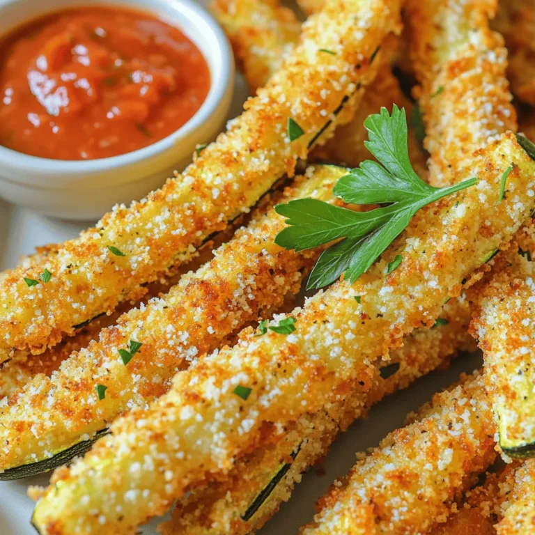 To make the Air Fryer Parmesan Zucchini Fries, gather these items: - 2 medium zucchinis, cut into fries (about 4-5 inches in length) - 1/2 cup finely grated Parmesan cheese - 1/2 cup breadcrumbs (choose either panko for extra crunch or regular) - 1 teaspoon garlic powder - 1 teaspoon onion powder - 1 teaspoon Italian seasoning (or your favorite herb blend) - Salt and freshly ground black pepper, to taste - 1 large egg, beaten - Cooking spray (preferably olive oil or avocado oil) You can change some ingredients to suit your taste: - Use different cheeses like cheddar or mozzarella for a new flavor. - Swap breadcrumbs for crushed nuts for a gluten-free option. - Add cayenne pepper to the mix for a spicy kick. To get the best fries, consider these tips: - Choose firm zucchinis. They hold their shape better when cooked. - Grate the Parmesan cheese finely. This helps it stick to the fries. - If using panko, press it down on the zucchini fries for a thicker coating. - Don’t skip the cooking spray. It helps achieve that golden, crispy finish. By following these tips, you’ll create a tasty snack that everyone will love! First, grab your zucchinis. Wash them well to remove any dirt. Cut the zucchinis into fries about 4 to 5 inches long. Make sure they are even for better cooking. If they are too thick, they won't cook well. You want them crispy! Now, let’s make the coating. In a bowl, mix 1/2 cup of grated Parmesan cheese and 1/2 cup of breadcrumbs. Add 1 teaspoon each of garlic powder, onion powder, and Italian seasoning. Don’t forget a pinch of salt and pepper! Stir it all together until mixed well. In another bowl, beat one large egg until it's mixed and frothy. This will help the coating stick to the zucchini fries. Preheat your air fryer to 400°F (200°C). This step is key for crispiness. Take each zucchini fry and dip it in the beaten egg. Let any extra egg drip off. Next, coat the fry in the cheese and breadcrumb mix. Press lightly to make sure it sticks. Place the coated zucchini fries in the air fryer basket in one layer. Don’t overcrowd them! Spray the tops lightly with cooking spray. This helps them turn golden brown and crispy. Air fry the fries for 10 to 12 minutes. Flip them halfway through for even cooking. Look for a nice golden color when they’re done. Once cooked, let them cool for a few minutes. This will help the flavors pop before you enjoy your snack! To make your zucchini fries extra crispy, choose panko breadcrumbs. Panko adds a great crunch. Also, make sure to coat each fry well. Press the coating onto the zucchini, so it sticks better. Lightly spray the tops with cooking spray before cooking. This helps them brown nicely in the air fryer. One common mistake is overcrowding the air fryer basket. This prevents hot air from circulating. It can lead to soggy fries. Always arrange the fries in a single layer. Another mistake is skipping the cooking spray. Not using it can result in fries that don’t get that golden color. Preheat your air fryer before adding the zucchini fries. This step ensures even cooking. Set the temperature to 400°F (200°C) for best results. Flip the fries halfway through cooking. This helps them brown evenly on both sides. Lastly, let the fries cool a bit after cooking. This enhances their flavor and crunch. {{image_4}} You can change the flavor by using different seasonings. Try adding smoked paprika for a smoky taste. If you like heat, sprinkle in some cayenne pepper. You can also use taco seasoning for a fun twist. Get creative with your favorite herbs! For a gluten-free option, swap regular breadcrumbs for gluten-free ones. You can also crush gluten-free crackers to use as a coating. This keeps the dish safe for those with gluten sensitivities while still being crunchy and tasty. If you want to skip Parmesan, try using nutritional yeast. It gives a cheesy flavor without dairy. Vegan cheese can also work, but make sure it melts well. You can even use crushed nuts like almonds for a unique taste and texture. To store your leftover zucchini fries, let them cool completely. Place them in an airtight container. Keep the container in the fridge. They will stay fresh for up to three days. Make sure not to stack the fries too high to avoid sogginess. For the best taste, reheat your zucchini fries in the air fryer. Preheat the air fryer to 350°F (175°C). Place the fries in a single layer. Heat them for about 5-7 minutes. Check them often to avoid burning. This method keeps them crispy. You can also use an oven. Simply bake at 350°F (175°C) for 10 minutes. You can freeze zucchini fries if you want to save some for later. First, let them cool completely. Then, arrange the fries in a single layer on a baking sheet. Freeze them for about an hour. Once frozen, transfer the fries to a freezer bag. They can last for up to three months in the freezer. To cook from frozen, air fry at 400°F (200°C) for 12-15 minutes. Enjoy your crispy snack anytime! Yes, you can make zucchini fries in the oven. Preheat your oven to 425°F (220°C). Use the same steps for coating the fries. Spread them on a baking sheet lined with parchment paper. Bake for about 20-25 minutes, flipping halfway. This method works well, but they may not get as crispy. To keep zucchini fries crispy, follow these tips: - Use fresh zucchini. Older zucchinis have more moisture. - Cut evenly. Make sure all fries are about the same size. - Pat dry. After cutting, dry the zucchini with a towel to remove extra moisture. - Avoid overcrowding. Air needs space to circulate. Cook in batches if needed. - Spray lightly. Use cooking spray on the fries for added crispiness. Zucchini fries taste great with many sauces. Here are some popular choices: - Marinara sauce gives a classic touch. - Ranch dressing adds creaminess. - Garlic aioli offers a rich flavor. - Spicy mayo brings a kick. Feel free to mix and match your favorites! Zucchini fries are simple and fun to make. We covered the best ingredients, from basic choices to optional changes. I shared tips to achieve crispiness and avoid common mistakes. You can even explore seasoning variations or gluten-free options. In the end, enjoy your tasty, healthier fries. They will impress your friends and family. Happy air frying!