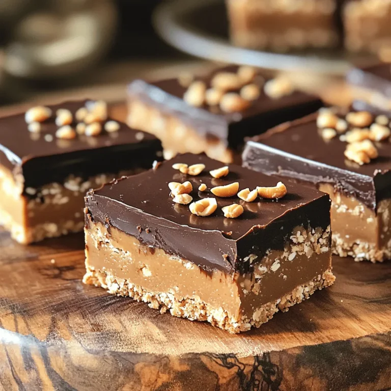 When making No-Bake Chocolate Peanut Butter Bars, you need some key ingredients. Each one adds flavor and texture to the bars. - 1 cup natural peanut butter (smooth or chunky) - 1 cup rolled oats - 1/2 cup honey or maple syrup - 1/2 cup unsweetened cocoa powder - 1/4 teaspoon salt - 1 teaspoon pure vanilla extract - 1/2 cup dark chocolate chips - 2 tablespoons coconut oil (optional) Natural peanut butter is a must. It gives the bars their rich taste. Choose smooth if you like a creamier bite or chunky for a crunch. Rolled oats form the base of the bars. They add fiber and help bind everything together. Honey or maple syrup offers sweetness. Both work well, so pick your favorite. Cocoa powder adds a deep chocolate flavor. It makes the bars a treat for chocolate lovers. A tiny bit of salt balances the sweetness. It enhances the flavors in the bars. Pure vanilla extract adds warmth. It rounds out the taste, making it even more delicious. Dark chocolate chips are for topping the bars. They melt beautifully and give a rich finish. Coconut oil is optional but helpful. It creates a creamier texture if you decide to use it. These ingredients come together to make a tasty snack. Mix them right, and you will enjoy a delicious treat! - In a large bowl, combine: - 1 cup natural peanut butter - 1 cup rolled oats - 1/2 cup honey or maple syrup - 1/2 cup unsweetened cocoa powder - 1/4 teaspoon salt - 1 teaspoon pure vanilla extract Mix these ingredients using a strong spoon. Keep mixing until you get a thick blend. This blend should hold together well. - If you want a creamier texture, melt 2 tablespoons of coconut oil in a microwave. Heat it slowly and stir often. Once it melts, mix it into the peanut butter blend. - Grab an 8x8-inch baking pan. Line it with parchment paper, leaving some paper hanging over the edges. This helps when you take the bars out later. - Next, take the peanut butter mixture and press it firmly into the lined pan. Use your hands or a spatula to create a flat, even layer. - In a separate bowl, place 1/2 cup dark chocolate chips. If you want, add 1 tablespoon of coconut oil for a shiny finish. - Microwave the chocolate in short bursts. Stir often until it is fully melted and smooth. - Carefully pour this melted chocolate over the peanut butter layer. Use a spatula to spread it evenly across the top. - Put the pan in the fridge. Let the bars chill for at least 2 hours. This helps them set and become firm. - Once they are firm, lift them out using the parchment paper. Place the block on a cutting board. Cut the bars into squares or rectangles, based on how big you want each serving. To change the thickness of your bars, adjust the oats. For thicker bars, use more oats. For creamier bars, add melted coconut oil. This gives a nice texture. You can also enhance flavor by adding a dash of cinnamon or a pinch of sea salt. These small changes make a big difference. For a great look, garnish your bars. Drizzle melted chocolate on top for shine. You can add crushed peanuts or sea salt for extra flair. When serving, arrange the bars on a nice platter. This makes them perfect for parties or events. Having the right tools helps. You need a large mixing bowl and a sturdy spatula. A microwave-safe bowl is key for melting chocolate. Parchment paper is essential for easy removal. Lastly, a sharp knife helps cut the bars neatly. {{image_4}} You can make these bars more exciting by adding nuts or seeds. Try chopped almonds, walnuts, or even sunflower seeds for a nice crunch. If you want a warm spice note, add a dash of cinnamon. This simple tweak can change the whole taste. You can explore many flavor paths with just a few ingredients. If you follow a vegan diet, you can easily swap honey for maple syrup. This keeps your bars sweet without using any animal products. For gluten-free options, ensure you choose certified gluten-free oats. This way, everyone can enjoy these treats without worry. When it comes to toppings, you have choices. You can use milk chocolate, white chocolate, or even dark chocolate for a richer taste. If you want to change it up, try spreading almond butter or a layer of fruit like sliced bananas on top. These options keep your bars fresh and surprising! To keep your No-Bake Chocolate Peanut Butter Bars fresh, store them in the fridge. Use an airtight container to prevent them from drying out. Place parchment paper between layers if you stack them. This way, they won't stick together. Enjoy your bars within one week for the best taste and texture. If you want to save some bars for later, freezing is a great option. Wrap each bar in plastic wrap or aluminum foil. Place them in a freezer-safe bag for extra protection. When you want to enjoy a bar, take it out and thaw it in the fridge overnight. This keeps the texture smooth and tasty. These bars can stay fresh for up to two weeks in the fridge. Check for any changes in smell or texture to know they are still good. If you see any signs of spoilage, it's best to toss them. Always trust your senses when it comes to food safety. These bars need about 2 hours in the fridge to set. After that, they become firm and easy to slice. The longer you chill them, the better the texture. Yes, you can use almond butter or sunflower seed butter. These alternatives work well and offer different flavors. Make sure the texture is similar to peanut butter for the best result. You can add more honey or maple syrup to the mixture. Another option is to sprinkle some powdered sugar on top before chilling. This will give you a sweeter taste while keeping it delicious. Yes, you can use sunflower seed butter as a nut-free option. It gives a similar creamy texture and taste. This is great for schools or events where nut allergies are a concern. Each bar contains healthy fats from peanut butter, fiber from oats, and antioxidants from cocoa. They also provide natural sugars from honey or maple syrup. Overall, they are a good treat that can fit in a balanced diet. You learned how to make tasty no-bake chocolate peanut butter bars. We covered key ingredients, step-by-step instructions, and tips for perfect results. Remember to store them right to keep them fresh. With many variations and options, you can customize these bars to your liking. I hope you try this recipe and enjoy it as much as I do. Happy baking!