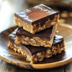 - Natural peanut butter: Choose creamy for a smooth texture or crunchy for bites of nut. - Honey or maple syrup: Use honey for sweetness or maple syrup for a vegan option. - Rolled oats: Ensure oats are gluten-free if needed to meet dietary needs. - Vanilla protein powder: This adds protein and boosts nutrition. It’s great if you want extra energy. - Dark chocolate chips: You can choose regular or mini chips for a more chocolatey treat. - Unsweetened cocoa powder: This gives a rich chocolate flavor and can enhance the taste without extra sugar. 1. First, grab a medium saucepan. Add 1 cup of natural peanut butter and 1/2 cup of honey (or maple syrup) to it. 2. Place the saucepan on low heat. Stir the mixture with a spatula for about 2-3 minutes. Keep stirring until it is smooth and well blended. 3. Remove the saucepan from the heat. Now, stir in 1 teaspoon of pure vanilla extract and a pinch of salt. This helps to bring out the rich flavors. 1. Next, take a large mixing bowl. Add in 2 cups of rolled oats, 1/2 cup of vanilla protein powder (if you choose to use it), and 1/4 cup of unsweetened cocoa powder. 2. Mix these dry ingredients together well. This ensures that everything is evenly combined before adding the wet ingredients. 1. Carefully pour the warm peanut butter mixture over the dry ingredients in your large bowl. 2. Use your spatula to fold everything together. Make sure all the oats are coated and no dry oats are left. 3. Now, gently fold in 1/2 cup of dark chocolate chips, mixing them in without breaking them. 4. Line an 8x8 inch square baking dish with parchment paper. Leave some overhang for easy removal later. 5. Transfer the mixture into the prepared dish. Use your spatula to press it down firmly. Make sure it is an even and compact layer. 6. Once pressed down, put the dish in the refrigerator for at least 1 hour. This helps the bars to set and firm up. 7. After they are firm to the touch, lift the bars out using the parchment paper overhang. Place on a cutting board and slice them into squares or rectangles. To make your no bake peanut butter bars look great, stack them on a nice plate. You can drizzle melted dark chocolate on top for a fancy touch. A sprinkle of sea salt adds a little flair, too. This will make your treat look extra tempting! One common mistake is not pressing the mixture down firmly enough. This can make the bars crumbly. Make sure to pack the mixture tightly in the baking dish. Another mistake is over-mixing the chocolate chips. Just fold them in gently so they stay whole. This keeps the texture nice! If you want a lower sugar option, use less honey or maple syrup. You can also try using a sugar substitute. For nut butter, you can swap peanut butter for almond or cashew butter. This gives you a different taste while keeping the bars delicious! {{image_4}} You can make your no bake peanut butter bars even more exciting by adding a few spices. Try mixing in cinnamon or nutmeg for warmth and depth. These spices can enhance the nutty flavor of peanut butter. Adding dried fruits like raisins or cranberries can also boost both taste and nutrition. Seeds such as chia or flax add crunch and healthy fats. These simple changes can turn your bars into a new treat each time! The type of peanut butter you choose will change the texture of your bars. Crunchy peanut butter adds delightful bits, while smooth peanut butter creates a creamy finish. You can also play with different oats. Quick oats give a finer texture, while old-fashioned oats add a heartier bite. Experimenting with these options allows you to find your perfect texture. If you want to make a vegan version, just use maple syrup instead of honey. This small swap keeps the bars sweet and plant-based. For those needing gluten-free options, ensure your rolled oats are certified gluten-free. This way, everyone can enjoy these tasty treats without worry. To keep your no bake peanut butter bars fresh, store them in an airtight container. This helps prevent moisture and keeps them from drying out. You can keep them in the fridge for a firmer texture. If you prefer a softer bite, you can leave them at room temperature for a short time. Just remember, they will last longer when chilled. If you want to save your bars for later, freezing is a great option. Cut the bars into squares or rectangles before freezing. Wrap each piece in plastic wrap and place them in a freezer-safe bag. This way, they won't stick together. When ready to enjoy, take out the bars and let them thaw in the fridge overnight. This keeps their taste and texture just right. These bars can last up to two weeks in the fridge. If you freeze them well, they can last up to three months. Watch for signs of spoilage, like an off smell or a change in color. If they look or smell different, it's best to toss them. Enjoy your tasty treats while they are fresh! No bake peanut butter bars last up to one week in the fridge. They stay fresh and tasty when stored in an airtight container. If you freeze them, they can last up to three months. Just wrap each bar well to prevent freezer burn. Yes, you can use almond or cashew butter instead of peanut butter. These nut butters will give your bars a different taste. Almond butter has a milder flavor, while cashew butter is creamier. Both options work well and keep the bars delicious. Refrigeration is essential for the best texture and taste. Chilling the bars helps them firm up, making them easier to cut and eat. A cold bar has a nice, chewy texture that many enjoy. If you like a firmer bite, always refrigerate these bars. In this post, we explored making no-bake peanut butter bars. You learned about key and optional ingredients, from peanut butter to chocolate chips. I shared step-by-step instructions, tips, and variations to customize your bars. Remember, well-pressed mixtures and storage practices keep them fresh. Experiment with flavors and textures to find your favorite. This simple recipe can fit many diets and preferences. Enjoy your tasty treats; they are worth the effort!