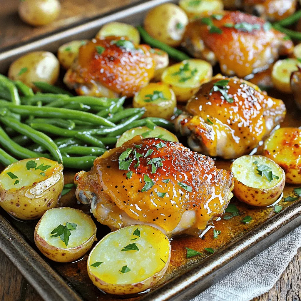 - 4 bone-in, skin-on chicken thighs - 1/4 cup honey - 1/4 cup Dijon mustard - 2 tablespoons olive oil - 2 cloves garlic, minced - 1 teaspoon smoked paprika - 1 teaspoon salt - 1/2 teaspoon black pepper - 1 pound baby potatoes, halved - 1 cup green beans, trimmed - Fresh parsley, chopped You can swap honey for maple syrup or agave for a different flavor. If you want a kick, use whole grain mustard instead of Dijon. For veggies, feel free to use carrots or bell peppers instead of green beans. These swaps keep the dish tasty and fun. To make this dish, you will need a mixing bowl to combine ingredients. A sheet pan is key for roasting everything together. A whisk helps blend the marinade well. These tools make cooking easier and more enjoyable. - Preheat your oven to 425°F (220°C). - In a bowl, mix honey, Dijon mustard, olive oil, minced garlic, smoked paprika, salt, and black pepper. Whisk until smooth. - Place chicken thighs in a bowl or bag. - Pour half of the marinade over the chicken. Coat each piece well. - Let the chicken marinate for at least 30 minutes. For best flavor, marinate overnight. - Halve the baby potatoes and put them in a bowl. - Drizzle potatoes with olive oil, then sprinkle with salt and pepper. Toss well. - On a sheet pan, arrange marinated chicken thighs in the middle. - Scatter the seasoned potatoes around the chicken without overcrowding. - Roast in the oven for 20 minutes. - Carefully take the pan out. Add green beans around the chicken and potatoes. - Drizzle the rest of the honey mustard mixture over everything. - Return the pan to the oven. Roast for another 15-20 minutes. - Check the chicken’s internal temperature. It must reach 165°F (74°C) for safety. To get crispy skin, start with bone-in, skin-on chicken thighs. Preheat your oven to 425°F (220°C). This heat helps render fat from the skin. Place the chicken thighs skin-side up on the pan. Avoid crowding them. This allows hot air to circulate freely. To ensure your chicken is cooked right, use a meat thermometer. Insert it into the thickest part of the thigh. The chicken should reach 165°F (74°C) for safe eating. This step is key to juicy meat. For even cooking, cut baby potatoes into halves. This allows them to roast at the same rate as chicken. Toss them with olive oil, salt, and pepper. Spread them around the chicken on the sheet pan. Trim the green beans and add them later in the cooking. This ensures they stay bright and crisp. For added flavor, drizzle some honey mustard mixture over the veggies. This makes them more delicious and ties the dish together. When it comes to plating, serving straight from the sheet pan is great. It gives a cozy feel. If you prefer a fancier look, use a large serving platter. Arrange the chicken, potatoes, and green beans nicely. For a pop of color, sprinkle fresh parsley on top. It adds brightness to your dish. You can also drizzle any leftover honey mustard sauce over everything. This makes the meal look and taste even better. {{image_4}} You can use boneless chicken thighs for this recipe. They cook faster and stay juicy. If you prefer chicken breasts, feel free to swap them in. They will be leaner but just as tasty. For a plant-based option, try using tofu. Make sure to press the tofu to remove extra moisture. Marinate it just like the chicken for great flavor. To change the flavor, add herbs or spices. Try fresh thyme, rosemary, or even a pinch of cayenne for some heat. You can also explore different sauces. Swap honey for maple syrup for a unique twist. Use barbecue sauce if you want a smoky flavor. The key is to keep experimenting until you find your favorite mix. Incorporating seasonal vegetables can elevate your dish. In spring, try asparagus or radishes. In summer, add zucchini or bell peppers. For fall, roasted carrots or squash can add great depth. You can even adjust this recipe for festive occasions. Use cranberries or pomegranate seeds for a holiday touch. The options are endless, so have fun with it! Let the chicken cool down to room temperature. Place the chicken thighs, potatoes, and green beans in an airtight container. Make sure to cover it well. This keeps the food fresh and tasty for later. You can store leftovers in the fridge for up to four days. If you want to save them longer, consider freezing. To reheat chicken, the oven works best. Preheat your oven to 350°F (175°C). Place the chicken and veggies on a baking sheet. Cover them with foil to keep them moist. Heat for about 15-20 minutes or until warm. You can also use the microwave. Just heat in short bursts of one minute. Stir, then check for warmth. To freeze, first let the chicken cool completely. Wrap each piece in plastic wrap, then place in a freezer bag. Remove as much air as possible. This helps prevent freezer burn. You can freeze the dish for up to three months. When ready to eat, thaw in the fridge overnight. Reheat as mentioned above for best results. Yes, you can use skinless chicken thighs. However, the skin adds crispiness and flavor. If you choose skinless, adjust cooking time slightly for tenderness. Cooking sheet pan chicken thighs typically takes about 35 to 40 minutes. Start with 20 minutes for chicken, then add veggies for another 15 to 20 minutes. Always check the internal temperature; it should reach 165°F. Absolutely! You can marinate chicken thighs up to a day ahead. Store them in the fridge to enhance the flavors. You can also prep veggies ahead of time. This dish pairs well with rice or quinoa. You can also add a fresh salad for crunch. Roasted vegetables or garlic bread are great sides too. Yes, this recipe is perfect for meal prep. Cook a batch and divide it into containers. It stores well in the fridge and reheats easily for a quick meal. This recipe offers a simple way to enjoy tasty honey mustard chicken thighs. We covered key ingredients, substitutions, and the tools you need. You learned how to marinate, roast, and enhance flavor for perfect results. Experimenting with protein and seasonal veggies can keep things fresh. Remember to store and reheat leftovers properly. Enjoy this dish and share it with friends and family for a delightful meal!