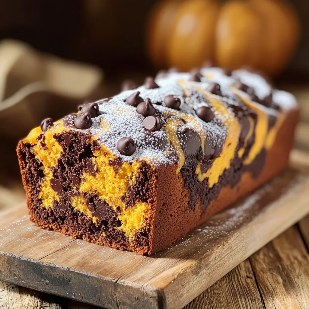 To make this tasty loaf, you need a few key items: - 1 cup canned pumpkin puree - 1/2 cup unsweetened applesauce - 1/2 cup granulated sugar - 1/4 cup brown sugar, packed - 1/3 cup vegetable oil - 2 large eggs - 1 teaspoon pure vanilla extract - 1 1/2 cups all-purpose flour - 1 teaspoon baking soda - 1/2 teaspoon baking powder - 1/2 teaspoon salt - 1 teaspoon ground cinnamon - 1/2 teaspoon ground nutmeg - 1/4 cup unsweetened cocoa powder - 1/2 cup semi-sweet chocolate chips These ingredients blend perfectly, creating a rich and moist loaf. The pumpkin adds depth, while the chocolate gives it a sweet twist. If you want to spice things up, consider these extras: - Chopped nuts (like walnuts or pecans) - A pinch of ground cloves - A splash of milk for a moister batter - A sprinkle of chocolate shavings on top These can take your marble loaf to the next level. Try adding what you enjoy most! You can make some swaps for a healthier loaf. Consider these ideas: - Replace granulated sugar with coconut sugar or honey. - Use whole wheat flour instead of all-purpose flour. - Swap vegetable oil with applesauce for less fat. - Use flax eggs instead of regular eggs for a vegan option. These changes can keep the flavor while making the loaf a bit lighter. Enjoy your baking! Start by preheating your oven to 350°F (175°C). Grease a 9x5-inch loaf pan or use parchment paper. In a large bowl, mix the pumpkin puree, applesauce, granulated sugar, brown sugar, vegetable oil, eggs, and vanilla extract. Whisk until smooth. In another bowl, sift together the flour, baking soda, baking powder, salt, cinnamon, and nutmeg. Slowly mix these dry ingredients into the wet pumpkin mix, stirring gently. Stop when just combined to keep the loaf light. Now, divide the batter into two equal parts. Add cocoa powder and chocolate chips to one part, mixing well to make the chocolate batter. Start layering in the loaf pan. Pour half of the pumpkin batter at the bottom, followed by half of the chocolate batter. Repeat this process, alternating the batters. Use a knife or skewer to swirl the batters together. This creates a lovely marbled effect. Place the loaf pan in the oven and bake for 60 to 70 minutes. Check for doneness by inserting a toothpick into the center. It should come out clean when ready. Once baked, allow the loaf to cool in the pan for 10 minutes. Then, transfer it to a wire rack to cool completely. Wait to slice until it cools. Enjoy the delicious blend of chocolate and pumpkin! To get that beautiful marble look, layer the batters carefully. Pour the pumpkin batter in first and then the chocolate batter. Use a knife or skewer to swirl them together gently. Don’t mix too much; you want the two flavors to stay separate. A good swirl creates a stunning design and keeps the taste unique. Baking time is key for this loaf. Insert a toothpick into the center around 60 minutes. If it comes out clean, your loaf is ready. If it has batter on it, bake for a few more minutes. Every oven is different, so keep an eye on it. You want a nice golden color on top too. Slice the loaf once it cools completely. Serve it on a rustic wooden board for charm. Dust the top with powdered sugar for a sweet look. Pair your slice with whipped cream or vanilla ice cream. This adds a nice touch and makes it even better. Enjoy the mix of pumpkin and chocolate flavors! {{image_4}} To make a gluten-free version, swap all-purpose flour with a gluten-free blend. Look for a blend that includes xanthan gum. This helps give your loaf the right texture. Use the same amount of gluten-free flour as the recipe calls for. Your loaf will still be soft and tasty. For a vegan version, replace eggs with flax eggs. To make a flax egg, mix one tablespoon of flaxseed meal with three tablespoons of water. Let it sit for five minutes to thicken. You can also use almond milk in place of the vegetable oil. This keeps the loaf moist and delicious. You can add fun flavors to your loaf. Consider mixing in chopped nuts like walnuts or pecans for a crunchy texture. You might also try adding spices such as ginger or allspice for warmth. A pinch of sea salt can enhance the sweet taste. Feel free to get creative with your own favorite flavors! To keep your chocolate pumpkin marble loaf fresh, store it in an airtight container. This will help retain moisture and flavor. You can also wrap it tightly in plastic wrap. Keep it at room temperature for up to three days. If you want it to last longer, place it in the fridge. It can stay fresh in the fridge for about one week. If you want to freeze your loaf, make sure it cools completely first. Wrap it tightly in plastic wrap, then place it in a freezer bag. This helps prevent freezer burn. You can freeze it for up to three months. When you're ready to enjoy it, just thaw it in the fridge overnight. To reheat your loaf, slice it into pieces. Place the slices on a baking sheet. Preheat your oven to 350°F (175°C). Bake the slices for about 10 minutes. This warms them gently without drying them out. You can also use a microwave; heat one slice for about 15-20 seconds. Enjoy your delicious loaf warm! Yes, you can use fresh pumpkin. Start by roasting a small pumpkin. Cut it in half, scoop out the seeds, and roast the halves at 350°F for about 45 minutes. Once cool, scoop out the flesh and mash it until smooth. You need one cup of this fresh puree for your loaf. Fresh pumpkin adds a lovely flavor, but it may have more moisture than canned. Keep this in mind when mixing your batter. To make the loaf denser, try adding more flour. You can increase the amount to 1 ¾ cups. Also, reduce the apple sauce to 1/3 cup. This change will give your loaf more structure. Another tip is to decrease the baking powder to 1/4 teaspoon. This adjustment slows the rise, leading to a denser texture. You can get creative with toppings! Here are a few ideas: - A light dusting of powdered sugar - A drizzle of chocolate sauce - Chopped nuts like walnuts or pecans - A dollop of whipped cream - A scoop of your favorite ice cream These toppings add flavor and style to your chocolate pumpkin marble loaf. Enjoy experimenting! You now have a complete guide for making a delicious Chocolate Pumpkin Marble Loaf. We covered essential and optional ingredients, plus healthy substitutions. The step-by-step instructions help you prepare, layer, and bake with ease. You learned tips for the perfect marble effect and how to store your loaf. Variations like gluten-free and vegan options let you explore different flavors. This loaf is a great treat for any occasion. Enjoy baking and sharing your tasty creation with others!