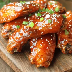 - 2 lbs chicken wings - 1/4 cup soy sauce - 2 tablespoons gochujang - 2 tablespoons honey - 1 tablespoon sesame oil - 1 tablespoon rice vinegar - 3 cloves garlic, minced - 1 teaspoon ginger, grated - 1 tablespoon sesame seeds - 2 green onions, chopped Gather these ingredients for a tasty treat. The chicken wings form the heart of this dish. The soy sauce gives a rich depth. Gochujang adds a spicy kick. Honey balances the heat with sweetness. Next, we have sesame oil and rice vinegar. These add a nice touch of flavor. Minced garlic and grated ginger bring freshness and warmth. For garnish, sesame seeds add crunch. Green onions bring a pop of color and taste. Together, these ingredients create a joyful flavor. You will love how they blend in your air fryer. In a big bowl, mix together soy sauce, gochujang, honey, sesame oil, rice vinegar, minced garlic, and grated ginger. Whisk it all until smooth. This marinade gives the wings a deep flavor. Add the chicken wings to the marinade. Make sure each wing gets a nice coat. Cover the bowl tightly with plastic wrap. Put it in the fridge for at least 1 hour. If you have time, marinate overnight for even better taste. Before cooking, preheat your air fryer to 400°F (200°C). It should take about 5 minutes. Once hot, take the wings out of the bowl. Let the extra marinade drip off. This helps them get crispy. Place the wings in a single layer in the air fryer basket. Don’t overcrowd them. You might need to cook in batches. Cook the wings for 20 to 25 minutes. Halfway through, flip them over. This helps them cook evenly and get brown on all sides. When the wings are done, toss them in any leftover marinade. This adds more flavor. You can air fry them for an extra 2 to 3 minutes. This helps the marinade caramelize. After cooking, take the wings out and let them rest for a couple of minutes. This helps the juices inside stay nice. Garnish the wings with sesame seeds and chopped green onions before serving. This adds a nice crunch and fresh flavor. Enjoy! To get the best flavor, marinate your chicken wings for at least one hour. However, if you can wait, marinating overnight is even better. This longer time helps the flavors soak in deeply. When coating the wings, make sure you cover each one well. Use your hands to massage the marinade into the wings. This way, every bite bursts with flavor. Avoid overcrowding the basket while cooking. If you fit too many wings in at once, they won’t cook evenly. Instead, cook in batches to get that perfect crispiness. After 20 to 25 minutes, check if they are done. The wings should be golden brown and the inside must reach 165°F (74°C). This ensures they are safe to eat. Want to spice things up? Add more gochujang or some chili flakes to the marinade. You can also mix in a splash of lime juice for a zesty twist. For sides, serve these wings with refreshing cucumber salad or steamed rice. These pair well and balance the rich flavors of the wings. Enjoy experimenting with flavors! {{image_4}} If you love heat, try the spicy version of these wings. You can easily spice them up by adding more gochujang. Start with an extra tablespoon. This gives a deeper kick. You can also mix in chili flakes. A teaspoon adds nice heat without overpowering the flavor. Just adjust to your taste! Want a healthier option? Use skinless chicken wings. They have less fat and still taste great! You can also swap out regular honey for coconut sugar or maple syrup. These alternatives keep the sweetness while being better for your health. Not everyone has an air fryer. No worries! You can bake these wings in the oven. Preheat your oven to 400°F (200°C). Spread the wings on a baking sheet and bake for 40-45 minutes. Flip them halfway for even cooking. Another option is to grill them. Preheat your grill to medium heat. Cook the wings for about 20 minutes, turning them often. This gives a nice smoky flavor and crispy skin. Enjoy these tasty variations! To keep your Korean BBQ chicken wings fresh, refrigerate them. Place the wings in an airtight container. This will help prevent them from drying out. You can also wrap them tightly in plastic wrap. Aim to eat the leftovers within three days for the best taste. For the best results, I recommend using your air fryer to reheat the wings. Set the air fryer to 350°F (175°C). Heat the wings for about 10 minutes. This will make them crispy again. If you prefer the oven, preheat it to 350°F. Place the wings on a baking sheet. Heat for about 15-20 minutes until they are hot. You can freeze cooked wings for later enjoyment. Place the cooled wings in a freezer-safe bag. Squeeze out as much air as possible before sealing. They will stay good for up to three months in the freezer. When you’re ready to eat, remove the wings from the freezer. Thaw them in the fridge overnight. To reheat, use the air fryer or oven as mentioned above. You can try many sauces for chicken wings. Here are some popular ones: - Buffalo sauce - BBQ sauce - Teriyaki sauce - Honey mustard - Garlic parmesan Each sauce brings its own flavor. Feel free to mix and match! Yes, you can use frozen chicken wings. Here’s how: 1. Defrost: Place the wings in the fridge overnight or run them under cold water for a quick thaw. 2. Cook: Follow the same cooking steps. Just increase the cooking time by 5-10 minutes. Make sure to check that the wings reach 165°F for safety. To make your wings crispy, follow these tips: - Pat dry: Before marinating, make sure the wings are dry. - Single layer: Arrange the wings in a single layer in the air fryer. - Flip halfway: Turn the wings halfway through cooking for even crispiness. - Extra heat: Toss the wings in the air fryer for a few more minutes after cooking. These steps help lock in flavor and give you that perfect crunch! You now know how to make delicious chicken wings, from the marinade to cooking. Start with key ingredients like chicken, soy sauce, and gochujang for bold flavor. Use tips for marinating and cooking in your air fryer to ensure each wing turns out crispy and tasty. Don't forget about variations and storage methods to keep leftovers fresh. These easy steps make it fun to enjoy wings anytime. Dive in and impress your friends with your skills in the kitchen!