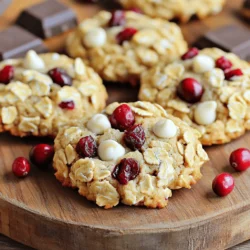 Gather these ingredients for your cookies: - 1 cup rolled oats - 1 cup all-purpose flour - 1/2 teaspoon baking soda - 1/2 teaspoon salt - 1 teaspoon ground cinnamon - 1/2 cup unsalted butter, softened - 1/2 cup brown sugar, packed - 1/4 cup granulated sugar - 1 large egg, at room temperature - 1 teaspoon pure vanilla extract - 1 cup dried cranberries - 1 cup white chocolate chips You can swap some ingredients if needed. Use whole wheat flour for a nutty taste. Coconut sugar works well in place of brown sugar. You can also try almond butter instead of regular butter for a dairy-free option. If you want a lower sugar cookie, reduce white chocolate chips or use dark chocolate. To get the best results, measure your ingredients correctly. Use dry measuring cups for oats and flour. Spoon the flour into the cup, then level it off with a knife. For sticky ingredients like brown sugar, pack it tightly into the cup. When measuring liquids like vanilla, use a clear measuring cup for precision. Accurate measurements lead to perfect cookies! First, heat your oven to 350°F (175°C). Line a large baking sheet with parchment paper. This helps cookies bake evenly and makes cleanup easy. In a medium bowl, add 1 cup of rolled oats, 1 cup of all-purpose flour, 1/2 teaspoon of baking soda, 1/2 teaspoon of salt, and 1 teaspoon of ground cinnamon. Whisk these together until mixed. Set this bowl aside for later. In a large bowl, beat 1/2 cup of softened unsalted butter, 1/2 cup of packed brown sugar, and 1/4 cup of granulated sugar. Use an electric mixer on medium speed for about 2-3 minutes. The mixture should look light and fluffy. Next, add 1 large egg and 1 teaspoon of pure vanilla extract. Beat until it’s smooth and combined. Gradually add the dry ingredients to the wet mixture. Use a spatula or wooden spoon to stir. Mix gently until just combined. Overmixing can make the cookies tough, so be careful. Take a tablespoon or cookie scoop to portion the dough. Place each scoop on the prepared baking sheet. Leave about 2 inches of space between each scoop. This spacing helps them spread and bake evenly. Bake the cookies in the oven for 10-12 minutes. Look for lightly golden edges and soft centers. Once done, take them out and let them cool on the baking sheet for 5 minutes. Then, transfer them to a wire rack to cool completely. To get soft and chewy cookies, use room-temperature butter. This mixes well with the sugars. When you add the egg, make sure it’s also at room temperature. It helps bind the ingredients. Avoid overmixing the dough after adding the dry ingredients. This keeps the cookies tender. Baking time is key, too. Take them out when the edges are lightly golden. They will firm up as they cool. One common mistake is using cold butter. Cold butter does not blend well and makes cookies hard. Another issue is overmixing the dough. This leads to tough cookies. Make sure to space the cookie dough well on the baking sheet. If they are too close, they will stick together while baking. Using a stand mixer makes mixing faster and easier. A cookie scoop helps you get even portions. Parchment paper on the baking sheet prevents sticking. A wire rack is great for cooling your cookies evenly. Lastly, a measuring cup and spoons ensure you get the right amounts of ingredients. {{image_4}} You can add many fun mix-ins to these cookies. Try nuts like walnuts or pecans for a crunch. Dried fruits like cherries or apricots can add sweetness. You can even use dark chocolate chips instead of white for a richer flavor. Get creative with your favorite flavors! To make these cookies gluten-free, swap the all-purpose flour for a gluten-free blend. Look for a mix that has xanthan gum, which helps hold the cookies together. Oats can be gluten-free too, but check the label to be sure. Many brands offer gluten-free oats now. If you want your cookies less sweet, cut back on the sugars. Try using just 1/3 cup of brown sugar. For a bolder flavor, add a pinch of nutmeg or some orange zest. You can also replace vanilla extract with almond extract for a unique twist. Adjust these flavors to suit your taste! To keep your cookies fresh, place them in an airtight container. This helps lock in moisture. You can use a cookie jar, a plastic container, or a resealable bag. Make sure the cookies are cool before storing them. If you stack cookies, put parchment paper between them to prevent sticking. Freezing cookies is simple and a great way to save some for later. First, let the cookies cool completely. Then, place them on a baking sheet in a single layer. Freeze for about two hours until they are solid. Once frozen, transfer the cookies to a zip-top bag or container. Label it with the date and type of cookie. When stored properly at room temperature, these cookies last about one week. If you freeze them, they can last up to three months. Just remember to thaw them in the fridge or at room temperature when you are ready to enjoy them again. This way, they taste fresh and delicious! No, fresh cranberries are too tart for these cookies. Dried cranberries add sweetness and chewiness. If you want to use fresh, consider adding more sugar to balance the tartness. To make chewy cookies, use more brown sugar than white sugar. Brown sugar has moisture that helps keep cookies soft. Bake them until the edges are just golden and the centers look slightly undercooked. Yes, you can double the recipe. Just make sure you have enough space on your baking sheets. You will also need to bake them in batches to avoid overcrowding the oven. If your dough is sticky, add more flour, one tablespoon at a time. Mix until you reach the right texture. A good cookie dough should be soft but not overly sticky. Absolutely! Wrap the dough tightly in plastic wrap and place it in a freezer bag. You can freeze it for up to three months. When ready to bake, thaw in the fridge overnight before baking. You learned about the key ingredients and how to measure them. We covered step-by-step baking tips for great cookies. You also discovered fun variations and how to store cookies. Baking cookies can be fun and easy. With the right tips, you can enjoy treats any time. Try different mix-ins or flavors to make your cookies unique. Happy baking!
