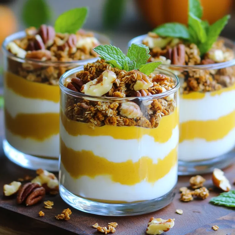 - 2 cups plain Greek yogurt - 1 cup canned pumpkin puree - 1/4 cup maple syrup (or honey) - 1 teaspoon vanilla extract - 1 teaspoon pumpkin spice (or mix of cinnamon, nutmeg, and ginger) - 1 cup your favorite granola - 1/2 cup chopped pecans or walnuts These simple ingredients make a great base for your parfaits. The Greek yogurt gives a creamy and rich texture. The pumpkin adds a lovely autumn flavor. Maple syrup or honey sweetens it just right. The pumpkin spice brings warmth and depth to each bite. - Fresh mint leaves - Extra granola - More chopped nuts Adding fresh mint not only looks nice but also gives a fresh taste. A sprinkle of extra granola adds a nice crunch on top. You can also use more nuts for an extra nutty flavor. You can switch Greek yogurt for non-dairy yogurt if needed. For the sweetener, agave syrup works well too. If you don’t have pumpkin spice, just use cinnamon and nutmeg. You can also swap pecans for almonds or your favorite nut. Each option still keeps the parfait tasty and enjoyable. To start, grab a medium mixing bowl. You will whisk together 2 cups of plain Greek yogurt, 1 cup of canned pumpkin puree, and 1/4 cup of maple syrup. You can use honey if you want it sweeter. Add 1 teaspoon of vanilla extract and 1 teaspoon of pumpkin spice. Whisk until smooth. Make sure there are no lumps. A smooth mix gives a creamy texture. Now, take your serving glasses. Start with a generous spoonful of the pumpkin yogurt mixture at the bottom of each glass. Next, add a layer of your favorite granola. Then, sprinkle some chopped pecans or walnuts on top. Repeat this layering: pumpkin yogurt, granola, and nuts, until each glass is full. The last layer should be the yogurt mix for a nice look. For the best results, layer slowly. This helps keep the layers neat. Press down the granola slightly to ensure it sticks. Don’t forget to add some extra granola and nuts on top. If you want to make it pretty, add fresh mint leaves. Chill the parfaits in the fridge for 30 minutes before serving for the best flavor. Enjoy this tasty treat any time of day! Greek yogurt offers many health perks. It is high in protein, which helps you feel full. It also contains probiotics that support gut health. Pumpkin is rich in vitamins A and C. These vitamins boost your immune system. Plus, pumpkin has fiber that aids digestion. Together, they make a nutritious treat that tastes great. Mixing your yogurt and pumpkin well is key. Use a whisk to get a smooth blend. Check for lumps before layering. Store any leftovers in an airtight container. This keeps the flavors fresh. If you chill the parfaits before serving, it enhances the taste. Wait about 30 minutes in the fridge for the best results. You can easily change up your parfaits. Try adding fresh fruits like berries or banana slices. They add color and extra flavor. For sweetness, use honey or agave syrup. You can mix different nuts for crunch, too. Almonds or hazelnuts work well. Get creative! Each layer is a chance to explore new tastes. {{image_4}} You can switch up the sweeteners in this recipe. Maple syrup gives a rich taste. Honey is sweeter and adds a floral note. Agave syrup is a good choice, too. You can also use stevia or monk fruit for a low-calorie option. For extra flavor, try adding a splash of almond extract. It adds a lovely nutty taste. A little bit of orange zest can brighten up the dish. Adding fruit can give your parfaits a fresh twist. Sliced bananas add creaminess and sweetness. Berries like strawberries or blueberries add a tart bite. You could also use diced apples for a crunchy texture. Pears are a great choice, too, for a fall vibe. Layering fruit in between the yogurt adds color and flavor. It makes each bite even more exciting. Granola can change the whole vibe of your parfait. Use a nutty granola for a crunchy punch. You can choose a flavor like maple or cinnamon for added warmth. Almonds or pecans work well for a nice crunch. If you want a little spice, try adding pumpkin seeds. They give a nice crunch, and they are healthy! Mixing different nuts and granola keeps things interesting. You can create a unique flavor with every layer. Store any leftover parfaits in an airtight container. This keeps them fresh and tasty. I recommend using glass or plastic containers. If you used mint leaves, remove them before storing. They can wilt and affect the taste. You can keep the parfaits in the fridge for up to three days. After that, the yogurt may lose its creaminess. The granola may also become soggy. It’s best to eat them within this time for the best taste and texture. You do not need to reheat these parfaits. They are great cold, especially on warm days. If the granola loses crunch, you can serve it on the side. Just add it just before eating. This keeps it crunchy and fresh. Enjoy your delightful treat! Yes, you can use non-dairy yogurt. Almond, coconut, or soy yogurt all work well. Check the flavor to make sure it complements the pumpkin. Non-dairy options can still be creamy and delicious! To make it vegan, swap Greek yogurt for your favorite non-dairy yogurt. Use maple syrup instead of honey, as it is plant-based. Check that your granola and nuts are also vegan. Enjoy a guilt-free treat! These parfaits shine as a breakfast or a dessert. They are great for fall gatherings or cozy weekend brunches. You can also serve them as a healthy snack anytime. Their flavor makes them a crowd-pleaser! These parfaits last about 3 days in the fridge. Keep them covered to maintain freshness. If you add fresh toppings, they may not last as long. Enjoy them while they taste their best! Greek yogurt pumpkin parfaits are a delicious treat. We covered the main ingredients, options for garnishes, and substitutions to suit your taste. I provided step-by-step instructions to help you mix and layer the parfaits just right. Remember the health perks of Greek yogurt and pumpkin. Customize your parfaits with different fruits or nuts for variety. Store leftovers properly to keep them fresh. Enjoying these parfaits can be a fun way to stay healthy. Dive into this tasty mix and make it your own!