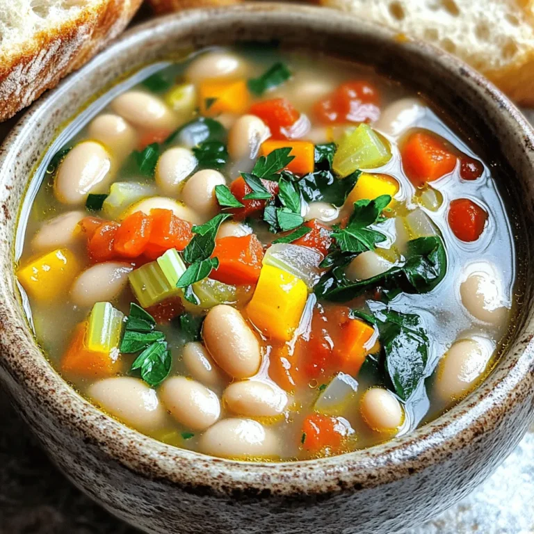 To make this soup, you need some key ingredients. Here’s what you'll need: - 2 cups dried white beans (cannellini or great northern), soaked overnight - 1 large onion, diced - 3 cloves garlic, minced - 2 large carrots, diced - 2 celery stalks, diced - 1 bell pepper, chopped (any color) - 1 can (14.5 oz) diced tomatoes, with juices - 4 cups vegetable broth - 1 teaspoon dried oregano - 1 teaspoon dried thyme - 1/2 teaspoon red pepper flakes (adjust to taste) - 2 cups fresh spinach or kale, chopped - 1 tablespoon balsamic vinegar - Salt and pepper to taste - Olive oil for sautéing These ingredients come together to create a warm, hearty soup that fills your kitchen with amazing scents. You can add some optional ingredients to make this soup even better. Try these: - Fresh herbs like basil or parsley for garnish - A squeeze of lemon juice for brightness - Parmesan cheese for a savory touch - Cooked sausage or bacon for added protein These ingredients can elevate the dish and make it more exciting. When you shop for your veggies, choose the best ones. Here are my tips: - Look for beans that are firm and free of cracks. - Opt for onions that feel heavy and have dry skins. - Choose carrots that are bright and firm. - Pick celery that is crisp and green. - Select bell peppers that are shiny and unblemished. - Check spinach or kale for vibrant color and freshness. Using fresh produce makes your soup taste better and healthier. Fresh ingredients create a delicious and satisfying meal. Start with fresh veggies. Chop 1 large onion, 2 carrots, and 2 celery stalks. Dice them into small pieces. Next, take 1 bell pepper and chop it. You can use any color you like. Mince 3 cloves of garlic. This will give your soup a nice flavor. In a large skillet, heat some olive oil over medium heat. Add the chopped onion, carrots, celery, and bell pepper. Cook these veggies for about 5-7 minutes. Stir them often until they are soft and smell good. Add the minced garlic and cook for another 1-2 minutes. Once the veggies are ready, move them into your slow cooker. Take 2 cups of dried white beans that you soaked overnight. Drain and rinse them well. Add the beans to the slow cooker. Next, add a 14.5 oz can of diced tomatoes, including the juices. Pour in 4 cups of vegetable broth. Then add 1 teaspoon of dried oregano, 1 teaspoon of dried thyme, and 1/2 teaspoon of red pepper flakes. You can adjust the red pepper flakes based on how spicy you want your soup. Season with salt and pepper to taste. Gently stir all the ingredients together until they are mixed well. Now it's time to cook! Cover the slow cooker with its lid. If you have time, set it on low for 6-8 hours. For a quicker option, set it on high for 4-5 hours. The soup is ready when the beans are tender. About 30 minutes before serving, add 2 cups of chopped spinach or kale. Stir in 1 tablespoon of balsamic vinegar to deepen the flavor. Before serving, taste the soup and adjust the seasoning if needed. Now, your delicious Slow Cooker Tuscan White Bean Soup is ready to enjoy! To get the best flavor in your soup, sauté your vegetables first. This step adds depth. Use fresh herbs like oregano and thyme for bright notes. Adding balsamic vinegar near the end gives the soup a nice zing. You can also try using homemade vegetable broth for a richer taste. It really makes a difference! The red pepper flakes in this recipe add warmth. If you like it mild, use less. For more heat, feel free to add extra. You can also try a pinch of smoked paprika for a different kick. Always taste as you go. This way, you can adjust to your own spice preference. One common mistake is not soaking the beans. Soaking helps them cook evenly and reduces cooking time. Another mistake is skipping the sauté step. It can lead to a bland soup. Lastly, be careful with salt. Add it gradually to avoid over-seasoning. Always taste before serving! {{image_4}} If you love meat, add some to your soup! You can use cooked sausage or diced chicken. Sauté the sausage until brown before adding it to the slow cooker. For chicken, toss in shredded rotisserie chicken near the end of cooking. This way, the meat stays juicy and tender. For a vegetarian or vegan twist, replace the vegetable broth with a rich homemade broth. You can also add mushrooms for a meaty texture. Chickpeas or lentils can replace the beans for a different protein source. These swaps keep your soup hearty and filling while staying plant-based. Use seasonal veggies for a fresh twist. In spring, add asparagus or peas. In summer, try zucchini or corn. In fall, butternut squash or sweet potatoes work well. In winter, root vegetables like parsnips or turnips can add warmth and flavor. Mixing in seasonal produce keeps your soup exciting and delicious all year round. To keep your leftover soup fresh, use a clean container. Pour the cooled soup into an airtight container. Make sure to leave some space at the top. This allows for expansion during freezing. Store the container in the fridge if you plan to eat it within three days. If you think it won’t be eaten in time, freezing is a great option. When you’re ready to enjoy your soup, reheating it is easy. Pour the desired amount into a pot. Heat it on medium until it warms throughout. Stir occasionally to help it heat evenly. You can also use a microwave. Place the soup in a microwave-safe bowl. Heat in short bursts, stirring in between, until hot. This keeps the flavor tasty and the texture nice. Freezing the soup is perfect for long-term storage. Once cooled, divide the soup into portions. Use freezer-safe bags or containers. Remove as much air as possible before sealing. Label each container with the date. Soup can last up to three months in the freezer. When you want to eat it, thaw overnight in the fridge. Then, reheat it on the stove or microwave for a comforting meal. Yes, you can use canned beans. Canned beans save time and effort. Just rinse and drain them before adding to your slow cooker. Use about three 15-ounce cans of beans. This option will cut your cooking time in half. Add them with the tomatoes and broth. Do not cook as long since they are already soft. Leftovers can last for about 4 to 5 days in the fridge. Store the soup in an airtight container for best results. Let it cool down to room temperature before sealing. This keeps it fresh and tasty for your next meal. If you want to keep it longer, consider freezing it. This soup pairs well with crusty bread or a fresh salad. You could also serve it with a sprinkle of cheese on top. Croutons add a nice crunch too. For a full meal, add a side of roasted vegetables. Each option complements the soup's rich flavors. This blog post shared how to make Slow Cooker Tuscan White Bean Soup. We reviewed key ingredients and useful tips for fresh produce. You learned simple steps for preparing and cooking the soup. I also highlighted common mistakes and ways to enhance flavor. There are many variations to suit your taste, including meat options and seasonal swaps. Lastly, proper storage methods will help you enjoy leftovers. With these insights, you can create a flavorful soup that everyone will love. Enjoy your cooking!
