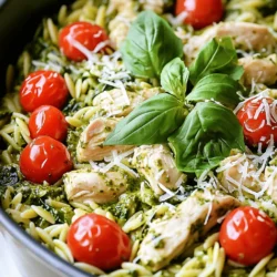 - 2 tablespoons extra virgin olive oil - 1 pound boneless, skinless chicken breasts, diced into bite-sized pieces - Salt and freshly ground black pepper, to taste - 1 small onion, finely chopped - 3 cloves garlic, minced - 1 cup orzo pasta This dish starts with some basic but essential ingredients. The olive oil adds a rich base flavor. Chicken breasts are our main protein, providing substance. The onion and garlic bring sweetness and depth. Orzo pasta, tiny and rice-like, gives a nice bite. - 4 cups low-sodium chicken broth - 1 cup heavy cream - 1/2 cup pesto (store-bought or homemade for a personal touch) - 1/2 cup freshly grated Parmesan cheese For rich flavor, chicken broth is key. It helps the orzo absorb taste as it cooks. Heavy cream adds a nice creaminess. Pesto, which can be homemade or store-bought, gives a fresh herb flavor. Finally, Parmesan cheese adds a salty kick that rounds it all out. - 1 cup cherry tomatoes, halved - 1 cup fresh spinach, roughly chopped - Fresh basil leaves, for garnish Cherry tomatoes add a burst of sweetness. Fresh spinach wilts down and adds color. The basil leaves on top make for a beautiful finish and add another layer of flavor. Together, these fresh additions make the dish vibrant and appealing. - Heating the oil: Start by pouring 2 tablespoons of extra virgin olive oil into a large pot. Heat it over medium-high heat until it shimmers. This step is key for a good sear on the chicken. - Preparing the chicken: While the oil heats, take 1 pound of boneless, skinless chicken breasts and dice them into bite-sized pieces. Season them with salt and freshly ground black pepper. Once the oil is hot, add the chicken to the pot. Sauté the chicken for about 5-7 minutes until it’s browned and cooked through. After cooking, remove the chicken from the pot and set it aside. - Sautéing onion and garlic: In the same pot, toss in the finely chopped onion and minced garlic. Sauté these for 2-3 minutes. You want the onion to become translucent and fragrant. - Toasting the orzo: Next, add 1 cup of orzo pasta to the pot. Stir it for about a minute. This toasting step boosts the flavor of the pasta. - Adding broth and simmering: Pour in 4 cups of low-sodium chicken broth. Stir everything to combine and bring it to a boil. Once it boils, reduce the heat to a gentle simmer. Cook while stirring occasionally until the orzo is al dente, which takes about 8-10 minutes. - Stirring in cream and pesto: Once the orzo is cooked, lower the heat. Slowly stir in 1 cup of heavy cream and 1/2 cup of pesto. Mix until it’s smooth and combined. - Incorporating chicken and vegetables: Return the cooked chicken to the pot. Add 1 cup of halved cherry tomatoes and 1 cup of roughly chopped fresh spinach. Mix everything until the spinach wilts and everything is heated through, about 2-3 minutes. Taste and add more salt or pepper if needed. To ensure the chicken cooks properly, start with diced pieces. This helps them cook evenly. Sauté the chicken until it turns golden brown and is no longer pink inside. Use a meat thermometer to check for doneness. The internal temperature should reach 165°F. For orzo, cook it until it is al dente. This means it should be firm to the bite. Stir the orzo while it cooks to prevent sticking. It usually takes about 8 to 10 minutes. If it's too soft, it can become mushy in the dish. Adjusting seasoning is key to a tasty dish. Always taste your food as you cook. Add more salt or pepper if needed. The right balance can make a big difference in flavor. For creamy consistency, add the heavy cream slowly. Stir it in well with the pesto. This helps create a smooth and rich sauce. If you want it creamier, you can add more cream or cheese. For serving, use shallow bowls for a lovely look. This helps show off the vibrant colors of the dish. Drizzle a bit of extra pesto on top for flair. It adds flavor and makes it eye-catching. Garnish with fresh basil leaves for a burst of color. You can also sprinkle extra grated Parmesan cheese on top. These little touches will make your dish look restaurant-worthy and inviting. {{image_4}} You can change proteins in this dish to suit your taste. Shrimp adds a sweet touch and cooks fast. Tofu is a great choice for a plant-based diet. Just sauté it until golden. You can also substitute orzo with other pasta types. Try small shells or penne for a fun twist. Each pasta will change the dish's feel, but the sauce will still shine. Using homemade pesto gives a fresh taste. You can blend basil, garlic, nuts, and olive oil easily. Store-bought pesto saves time but can still taste great. For a twist, try different pesto flavors. Sun-dried tomato pesto offers a rich and tangy kick. You can even mix in roasted red peppers for extra depth. For gluten-free needs, use gluten-free orzo or rice. Both alternatives work well and keep the dish tasty. If you want a vegan version, swap chicken for chickpeas or mushrooms. Use coconut cream instead of heavy cream. Adjust the pesto to a dairy-free recipe, and you’ll have a delicious meal for everyone. To store your leftover One Pot Creamy Pesto Chicken Orzo, place it in an airtight container. This step helps keep it fresh and prevents odors from other foods. It’s best to store it in the fridge within two hours of cooking. This dish can stay good for up to three days in your fridge. When you’re ready to enjoy your leftovers, you can use either the microwave or the stovetop. For the microwave, place a serving in a bowl and cover it. Heat it in short bursts, stirring often, until warm. If you prefer the stovetop, add the orzo to a pan over low heat. Stir in a splash of cream or broth to keep it creamy. This helps maintain that delicious texture. Yes, you can freeze this dish! To do this, let it cool completely before packing it. Use freezer-safe containers or bags. Label them with the date for easy reference. When it’s time to eat, thaw it overnight in the fridge. Reheat it gently on the stove, adding a bit of cream to keep it smooth. Enjoy your flavorful meal later! Can I make this dish ahead of time? Yes, you can make One Pot Creamy Pesto Chicken Orzo ahead of time. Cook the dish fully, then let it cool. Store it in an airtight container in the fridge for up to three days. When ready to eat, heat it on the stove over low heat. Add a splash of chicken broth to keep it creamy. What should I serve with One Pot Creamy Pesto Chicken Orzo? This dish is a complete meal, but you can add sides like a green salad or garlic bread. A light arugula salad with lemon vinaigrette pairs well. The fresh flavors balance the richness of the orzo. Caloric and nutritional breakdown per serving Each serving contains about 600 calories. You get around 45 grams of protein, 30 grams of carbs, and 40 grams of fat. It offers a good mix of nutrients, thanks to the chicken, spinach, and tomatoes. Allergen information This recipe contains common allergens like dairy and gluten. It includes chicken, cream, and Parmesan cheese. If you have nut allergies, ensure your pesto does not contain nuts. Always check labels when using store-bought ingredients. Can this recipe be made dairy-free? Yes, you can make it dairy-free. Use coconut cream instead of heavy cream. Replace the Parmesan with a dairy-free cheese or nutritional yeast for flavor. Make sure your pesto is also dairy-free. How to adjust for larger servings? To serve more people, simply double the recipe. Use a larger pot to fit all the ingredients. Make sure to adjust cooking times slightly, especially for the orzo, to ensure it cooks evenly. In this blog post, we explored how to make a One Pot Creamy Pesto Chicken Orzo. We covered essential ingredients like chicken, orzo, and flavor enhancers like heavy cream and pesto. You learned the cooking steps and tips for great texture and flavor. We also looked at ingredient substitutions, dietary adaptations, and storage tips for leftovers. This dish is easy to customize based on your taste. Enjoy creating and sharing a warm meal with loved ones.