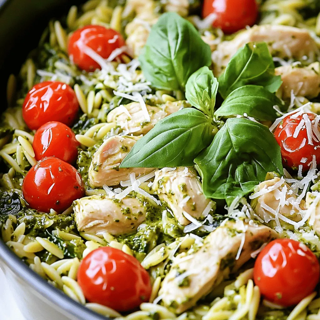 - 2 tablespoons extra virgin olive oil - 1 pound boneless, skinless chicken breasts, diced into bite-sized pieces - Salt and freshly ground black pepper, to taste - 1 small onion, finely chopped - 3 cloves garlic, minced - 1 cup orzo pasta This dish starts with some basic but essential ingredients. The olive oil adds a rich base flavor. Chicken breasts are our main protein, providing substance. The onion and garlic bring sweetness and depth. Orzo pasta, tiny and rice-like, gives a nice bite. - 4 cups low-sodium chicken broth - 1 cup heavy cream - 1/2 cup pesto (store-bought or homemade for a personal touch) - 1/2 cup freshly grated Parmesan cheese For rich flavor, chicken broth is key. It helps the orzo absorb taste as it cooks. Heavy cream adds a nice creaminess. Pesto, which can be homemade or store-bought, gives a fresh herb flavor. Finally, Parmesan cheese adds a salty kick that rounds it all out. - 1 cup cherry tomatoes, halved - 1 cup fresh spinach, roughly chopped - Fresh basil leaves, for garnish Cherry tomatoes add a burst of sweetness. Fresh spinach wilts down and adds color. The basil leaves on top make for a beautiful finish and add another layer of flavor. Together, these fresh additions make the dish vibrant and appealing. - Heating the oil: Start by pouring 2 tablespoons of extra virgin olive oil into a large pot. Heat it over medium-high heat until it shimmers. This step is key for a good sear on the chicken. - Preparing the chicken: While the oil heats, take 1 pound of boneless, skinless chicken breasts and dice them into bite-sized pieces. Season them with salt and freshly ground black pepper. Once the oil is hot, add the chicken to the pot. Sauté the chicken for about 5-7 minutes until it’s browned and cooked through. After cooking, remove the chicken from the pot and set it aside. - Sautéing onion and garlic: In the same pot, toss in the finely chopped onion and minced garlic. Sauté these for 2-3 minutes. You want the onion to become translucent and fragrant. - Toasting the orzo: Next, add 1 cup of orzo pasta to the pot. Stir it for about a minute. This toasting step boosts the flavor of the pasta. - Adding broth and simmering: Pour in 4 cups of low-sodium chicken broth. Stir everything to combine and bring it to a boil. Once it boils, reduce the heat to a gentle simmer. Cook while stirring occasionally until the orzo is al dente, which takes about 8-10 minutes. - Stirring in cream and pesto: Once the orzo is cooked, lower the heat. Slowly stir in 1 cup of heavy cream and 1/2 cup of pesto. Mix until it’s smooth and combined. - Incorporating chicken and vegetables: Return the cooked chicken to the pot. Add 1 cup of halved cherry tomatoes and 1 cup of roughly chopped fresh spinach. Mix everything until the spinach wilts and everything is heated through, about 2-3 minutes. Taste and add more salt or pepper if needed. To ensure the chicken cooks properly, start with diced pieces. This helps them cook evenly. Sauté the chicken until it turns golden brown and is no longer pink inside. Use a meat thermometer to check for doneness. The internal temperature should reach 165°F. For orzo, cook it until it is al dente. This means it should be firm to the bite. Stir the orzo while it cooks to prevent sticking. It usually takes about 8 to 10 minutes. If it's too soft, it can become mushy in the dish. Adjusting seasoning is key to a tasty dish. Always taste your food as you cook. Add more salt or pepper if needed. The right balance can make a big difference in flavor. For creamy consistency, add the heavy cream slowly. Stir it in well with the pesto. This helps create a smooth and rich sauce. If you want it creamier, you can add more cream or cheese. For serving, use shallow bowls for a lovely look. This helps show off the vibrant colors of the dish. Drizzle a bit of extra pesto on top for flair. It adds flavor and makes it eye-catching. Garnish with fresh basil leaves for a burst of color. You can also sprinkle extra grated Parmesan cheese on top. These little touches will make your dish look restaurant-worthy and inviting. {{image_4}} You can change proteins in this dish to suit your taste. Shrimp adds a sweet touch and cooks fast. Tofu is a great choice for a plant-based diet. Just sauté it until golden. You can also substitute orzo with other pasta types. Try small shells or penne for a fun twist. Each pasta will change the dish's feel, but the sauce will still shine. Using homemade pesto gives a fresh taste. You can blend basil, garlic, nuts, and olive oil easily. Store-bought pesto saves time but can still taste great. For a twist, try different pesto flavors. Sun-dried tomato pesto offers a rich and tangy kick. You can even mix in roasted red peppers for extra depth. For gluten-free needs, use gluten-free orzo or rice. Both alternatives work well and keep the dish tasty. If you want a vegan version, swap chicken for chickpeas or mushrooms. Use coconut cream instead of heavy cream. Adjust the pesto to a dairy-free recipe, and you’ll have a delicious meal for everyone. To store your leftover One Pot Creamy Pesto Chicken Orzo, place it in an airtight container. This step helps keep it fresh and prevents odors from other foods. It’s best to store it in the fridge within two hours of cooking. This dish can stay good for up to three days in your fridge. When you’re ready to enjoy your leftovers, you can use either the microwave or the stovetop. For the microwave, place a serving in a bowl and cover it. Heat it in short bursts, stirring often, until warm. If you prefer the stovetop, add the orzo to a pan over low heat. Stir in a splash of cream or broth to keep it creamy. This helps maintain that delicious texture. Yes, you can freeze this dish! To do this, let it cool completely before packing it. Use freezer-safe containers or bags. Label them with the date for easy reference. When it’s time to eat, thaw it overnight in the fridge. Reheat it gently on the stove, adding a bit of cream to keep it smooth. Enjoy your flavorful meal later! Can I make this dish ahead of time? Yes, you can make One Pot Creamy Pesto Chicken Orzo ahead of time. Cook the dish fully, then let it cool. Store it in an airtight container in the fridge for up to three days. When ready to eat, heat it on the stove over low heat. Add a splash of chicken broth to keep it creamy. What should I serve with One Pot Creamy Pesto Chicken Orzo? This dish is a complete meal, but you can add sides like a green salad or garlic bread. A light arugula salad with lemon vinaigrette pairs well. The fresh flavors balance the richness of the orzo. Caloric and nutritional breakdown per serving Each serving contains about 600 calories. You get around 45 grams of protein, 30 grams of carbs, and 40 grams of fat. It offers a good mix of nutrients, thanks to the chicken, spinach, and tomatoes. Allergen information This recipe contains common allergens like dairy and gluten. It includes chicken, cream, and Parmesan cheese. If you have nut allergies, ensure your pesto does not contain nuts. Always check labels when using store-bought ingredients. Can this recipe be made dairy-free? Yes, you can make it dairy-free. Use coconut cream instead of heavy cream. Replace the Parmesan with a dairy-free cheese or nutritional yeast for flavor. Make sure your pesto is also dairy-free. How to adjust for larger servings? To serve more people, simply double the recipe. Use a larger pot to fit all the ingredients. Make sure to adjust cooking times slightly, especially for the orzo, to ensure it cooks evenly. In this blog post, we explored how to make a One Pot Creamy Pesto Chicken Orzo. We covered essential ingredients like chicken, orzo, and flavor enhancers like heavy cream and pesto. You learned the cooking steps and tips for great texture and flavor. We also looked at ingredient substitutions, dietary adaptations, and storage tips for leftovers. This dish is easy to customize based on your taste. Enjoy creating and sharing a warm meal with loved ones.