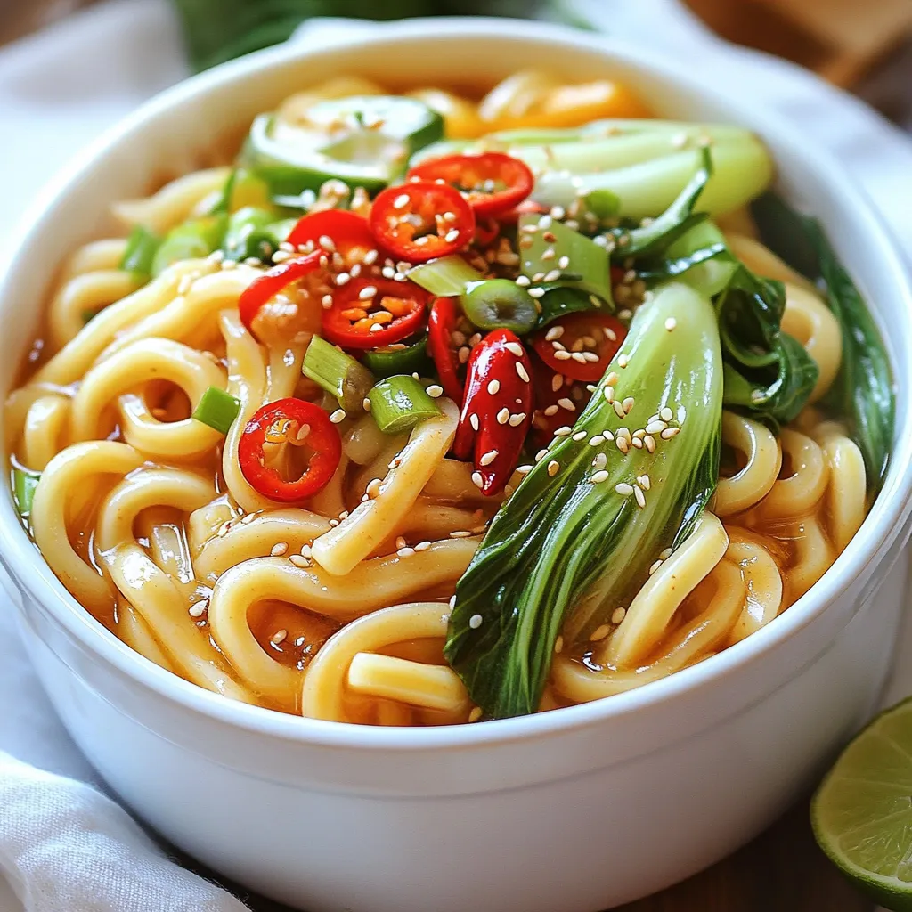 - 300g udon noodles - 3 tablespoons vegetable oil - 6 cloves garlic, finely minced - 1 tablespoon fresh ginger, grated - 2 red chilies, sliced thinly - 1 bell pepper, sliced into thin strips - 1 cup bok choy or fresh spinach, roughly chopped - 4 tablespoons soy sauce - 2 tablespoons toasted sesame oil - 1 tablespoon rice vinegar - 1 teaspoon granulated sugar Spicy garlic udon noodles need simple yet bold ingredients. You start with udon noodles. They are thick, chewy, and make the dish hearty. You can find them fresh or dried. Next, add vegetable oil. It helps cook the garlic and ginger. Then, we have garlic and ginger. These two create a fantastic base. Mince the garlic finely for better flavor. Grate the ginger to release its zest. For veggies, red chilies and bell pepper add heat and color. You can adjust the chilies based on your spice level. Bell pepper brings sweetness and crunch. Bok choy or spinach gives a nice green touch. They are quick to cook and healthy. Lastly, sauces and seasonings make the flavors pop. Soy sauce adds umami. Toasted sesame oil gives a nutty taste. Rice vinegar adds a slight tang. Sugar balances the heat and salt. With these ingredients, your spicy garlic udon noodles will shine on any plate. Start by bringing a large pot of salted water to a boil. This step is key. The salt adds flavor to the noodles. Once the water is boiling, add 300g of udon noodles. Cook them for 3 to 4 minutes, or until they are just al dente. Be sure to stir occasionally to prevent sticking. After they are done, drain the noodles in a colander. Rinse them briefly under cold water. This stops the cooking and keeps them from getting mushy. Set the noodles aside for later. Now, let's make the stir-fry base. Heat 3 tablespoons of vegetable oil in a large skillet or wok over medium-high heat. You want the oil to shimmer; this shows it’s hot enough. Add 6 cloves of minced garlic and 1 tablespoon of grated ginger. Sauté them for about 30 seconds. Stir constantly until the garlic is lightly golden. At this point, you will notice a wonderful fragrance filling your kitchen. Next, it’s time to add some spice and color. Toss in 2 sliced red chilies and 1 sliced bell pepper. Stir-fry this mixture for 2 to 3 minutes. The bell pepper should soften and change color slightly. After that, add 1 cup of chopped bok choy or fresh spinach. Stir continuously until the greens wilt and look vibrant. This step brings both flavor and nutrition to your dish. Now, let’s combine everything. Gently toss the cooked udon noodles into the skillet with the vegetables. In a separate bowl, whisk together 4 tablespoons of soy sauce, 2 tablespoons of toasted sesame oil, 1 tablespoon of rice vinegar, and 1 teaspoon of granulated sugar. Pour this sauce over the noodles and veggies. Use tongs to mix everything well. Make sure the noodles are evenly coated. Keep stir-frying for another 2 to 3 minutes to heat through. Once heated, remove the skillet from the heat. Transfer the spicy garlic udon noodles to a large serving platter or individual bowls. To make it look appealing, sprinkle sesame seeds and chopped green onions on top. For an extra touch, serve with a lime wedge. This allows everyone to squeeze fresh lime juice over the dish for a nice tang. When you serve it, create height in the bowls by piling the noodles in the center. This makes the dish look even more delicious. To control the heat in your spicy garlic udon noodles, start with the chilies. Use two red chilies for a kick, or cut back to one if you prefer less spice. You can also try adding red pepper flakes, sriracha, or chili oil for extra heat. These options let you customize the flavor to fit your taste. Prep your ingredients ahead of time to speed up cooking. Chop your veggies and mince your garlic and ginger before you start. This way, you can move quickly when cooking. Always use high heat for stir-frying. This gives your noodles a nice char and keeps the veggies crisp. Garnish your dish with sesame seeds and green onions for added flavor and crunch. You can also try other toppings like crushed peanuts or cilantro. For sauces, switch things up with hoisin, oyster sauce, or even a splash of lime juice. Each option brings a new twist to your udon noodles! {{image_4}} You can add protein to your spicy garlic udon noodles for more flavor. Some great options are chicken, tofu, or shrimp. - Chicken: Cut it into bite-sized pieces. Cook it for about 5-7 minutes until it's golden and fully cooked. - Tofu: Use firm tofu. Press it, cube it, and fry it for 3-4 minutes until golden. - Shrimp: Add peeled shrimp to the skillet. Cook for 3-4 minutes until pink and opaque. These proteins add taste and make your meal more filling. You can easily make this dish vegetarian or vegan. Swap out any non-plant-based ingredients. - Alternative vegetables: Use veggies like zucchini, carrots, or snap peas. They add crunch and color. - Sauces: Check your soy sauce. Some brands use fish. Choose a vegan version for a plant-based dish. These changes keep the dish fresh and exciting. If you need a gluten-free meal, don’t worry! You can still enjoy udon noodles. - Gluten-free udon noodles: Look for brands that offer gluten-free options made from rice or buckwheat. - Sauces: Use tamari instead of soy sauce. It has a similar taste and is gluten-free. These simple swaps make this dish safe and tasty for everyone. To keep your spicy garlic udon noodles fresh, refrigerate them right away. Use shallow containers to help cool them quickly. Store them in airtight containers, so they don’t dry out. Label the containers with the date, so you know when to eat them. When you want to enjoy your leftovers, reheating is key. The best method is to use a skillet over medium heat. Add a splash of water or oil to help steam the noodles. Stir often to keep them from sticking. This way, your noodles will stay tender and not turn mushy. If you want to save udon noodles for later, freezing works too. Place the noodles in a freezer-safe bag. Try to remove as much air as possible to avoid freezer burn. Note that freezing may change the texture a bit. To thaw, move them to the fridge overnight, then reheat as mentioned above. Udon noodles are thick, chewy wheat noodles from Japan. They have a smooth, soft texture that holds sauces well. Udon is often served in soups or stir-fries, making them versatile. Their mild flavor pairs nicely with strong spices, like garlic and chili. Yes! You can swap udon for many other noodles. Try soba, rice noodles, or even spaghetti if you need a quick fix. Each type will give a different taste and texture, but the dish will still be tasty. To reduce the heat, use fewer red chilies or remove the seeds. You can also add more vegetables, like bell peppers or bok choy, to balance the spice. Another option is to add a splash of coconut milk for creaminess and mildness. Absolutely! You can cook the noodles and stir-fry the veggies ahead of time. Just store them in separate containers in the fridge. When you're ready to eat, reheat them in a pan or microwave. Add the sauce just before serving for the best flavor. Udon stir-fry is tasty and easy to make. You learned about key ingredients like udon noodles, veggies, and sauces. I explained step-by-step cooking methods, tips for spice levels, and ways to store leftovers. You can customize this dish with proteins or make it vegan or gluten-free. By following these steps and ideas, you can enjoy a delicious udon meal anytime. Happy cooking!