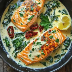 - 4 salmon fillets (approximately 6 oz each) - 1 cup sun-dried tomatoes packed in oil, drained and finely chopped - 1 cup heavy cream - 1 cup fresh or frozen spinach - 2 cloves garlic, finely minced - 1 tablespoon olive oil - 1 teaspoon dried Italian herbs (blend of oregano, basil, and thyme) - Zest of 1 lemon - Fresh parsley, chopped, for garnish When you start cooking, gather all these ingredients. Fresh salmon fillets bring great taste, while sun-dried tomatoes add a sweet and tangy touch. Heavy cream gives a rich, silky texture to the dish. Spinach enhances the meal's nutrition and color. Garlic adds depth to the flavor, while olive oil helps with cooking. For seasoning, dried Italian herbs bring warmth and aroma. Lemon zest brightens the dish, making it fresh. Finally, fresh parsley adds a pop of color and a hint of herbaceous flavor when garnishing. Keep these ingredients in mind, and you'll create a creamy sun-dried tomato salmon skillet that delights every palate. - First, season the salmon fillets with salt, black pepper, and dried Italian herbs. Use enough to coat both sides well. This step adds a lot of flavor. - Next, heat olive oil in a large skillet over medium heat. When the oil is hot, place the fillets skin-side down. Cook for about 4-5 minutes until they turn golden brown. Flip and cook for another 4-5 minutes. When done, remove the fillets and set them aside. - In the same skillet, add minced garlic and chopped sun-dried tomatoes. Sauté them for about 2-3 minutes. Stir often until the garlic smells great and turns lightly golden. - Then, slowly pour in the heavy cream. Stir it well to mix with the garlic and tomatoes. Bring the sauce to a gentle simmer. Let it thicken for about 3-4 minutes, stirring occasionally. - Stir in the spinach. If you use fresh spinach, cook until it wilts. If using frozen, heat it through for about 2 minutes. - Add lemon zest to the skillet. Now, gently nestle the cooked salmon fillets back into the creamy sauce. Make sure each fillet gets coated well. - Heat everything together for one more minute. Taste and adjust the salt and pepper if needed. Serve hot and enjoy! - Achieving perfectly cooked salmon: Cook salmon skin-side down. It adds flavor and keeps the fish moist. Aim for a golden crust after 4-5 minutes. Flip and cook for another 4-5 minutes. The salmon should flake easily when done. - Adjustments for desired creaminess: If you want a richer sauce, add more heavy cream. For a lighter sauce, use less cream. You can also mix in some chicken or vegetable broth for extra flavor without adding too much cream. - Plate arrangement suggestions: Place salmon fillets neatly on top of the creamy sauce. This looks nice and keeps the fish from getting soggy. - Garnish ideas for visual appeal: Sprinkle chopped parsley on top for a pop of color. Adding a lemon wedge on the side makes the plate look fresh. It also gives a nice option for extra zest. - Customizing flavor with herbs: You can switch up the dried Italian herbs. Try fresh herbs like basil or dill for different tastes. They add freshness and depth to your dish. - Balancing acidity with lemon: Lemon zest brightens the dish. If you prefer a tangy flavor, add more zest or a squeeze of lemon juice. This balances the creaminess and enhances the overall taste. {{image_4}} You can switch out salmon for other fish like trout or tilapia. This gives you new tastes while keeping it simple. For those who want a dairy-free option, consider using coconut cream. This keeps the dish creamy without the dairy. You can also try nut-based creams for a rich flavor. Adding spices can elevate this dish. Consider a pinch of red pepper flakes for heat or smoked paprika for depth. A splash of lemon juice brightens flavors and adds zing. You can also toss in vegetables like bell peppers or zucchini for more nutrition. They blend well with the creamy sauce and add color. Pair this dish with rice or pasta for a full meal. The creamy sauce goes great over a bed of fluffy rice. You can also use it as a filling for wraps or sandwiches. Just add some greens and enjoy a quick lunch. This dish is versatile and perfect for any occasion. To keep your creamy sun-dried tomato salmon fresh, start by letting it cool. Place the leftovers in an airtight container. You can store it in the fridge for up to three days. If you want to save it for later, freezing is a great option. Wrap the salmon tightly in plastic wrap, then place it in a freezer-safe container. It can last up to three months in the freezer. When reheating salmon, you want to keep it moist. The best way is to use a skillet. Heat a bit of olive oil over low heat. Add the salmon, cover it with a lid, and warm it slowly for about five minutes. For the sauce, gently reheat it in a separate pan. Stir often to avoid burning. This keeps the creamy texture smooth and rich. In the fridge, your creamy sun-dried tomato salmon lasts about three days. After that, check for signs of spoilage. If it smells off or has a slimy texture, it’s best to throw it away. Always trust your senses when it comes to food safety. To check if the salmon is cooked, look for a few signs. The fish should change from bright pink to a light opaque color. When you poke it with a fork, the flesh should flake easily. If you have a food thermometer, the inside should reach 145°F (63°C). These signs help you know when the salmon is ready to eat. Yes, you can use fresh spinach instead of frozen. Fresh spinach has a bright color and a crisp texture. It cooks quickly and adds a nice touch to the dish. If using fresh, add it to the sauce towards the end of cooking. This way, it wilts perfectly without losing its vibrant color. If you want a lighter option, you can try a few substitutes for heavy cream. You can use half-and-half or milk with cornstarch to thicken it. Coconut milk also works well for a dairy-free choice. These alternatives change the flavor slightly, so choose one that fits your taste. Yes, this recipe is great for meal prep. You can cook the salmon and sauce in advance. Keep them separate until you’re ready to eat. Store the salmon and sauce in airtight containers in the fridge. Reheat them gently to keep the salmon moist. This makes for quick, tasty meals throughout the week. This blog post covered a delicious salmon dish with sun-dried tomatoes and creamy sauce. You learned about key ingredients and how to cook salmon perfectly. I shared tips on seasoning, plating, and storage, ensuring your meal stays fresh and tasty. Explore flavor variations to make the dish your own. Remember, cooking is fun, so don’t be afraid to try new things. Enjoy your cooking journey, and let this recipe inspire your next meal!