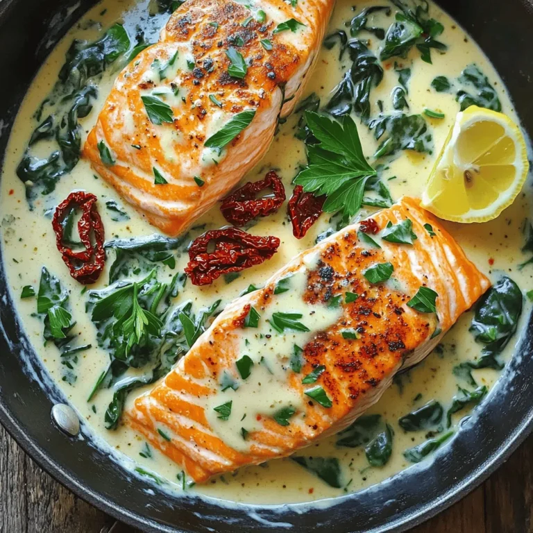 - 4 salmon fillets (approximately 6 oz each) - 1 cup sun-dried tomatoes packed in oil, drained and finely chopped - 1 cup heavy cream - 1 cup fresh or frozen spinach - 2 cloves garlic, finely minced - 1 tablespoon olive oil - 1 teaspoon dried Italian herbs (blend of oregano, basil, and thyme) - Zest of 1 lemon - Fresh parsley, chopped, for garnish When you start cooking, gather all these ingredients. Fresh salmon fillets bring great taste, while sun-dried tomatoes add a sweet and tangy touch. Heavy cream gives a rich, silky texture to the dish. Spinach enhances the meal's nutrition and color. Garlic adds depth to the flavor, while olive oil helps with cooking. For seasoning, dried Italian herbs bring warmth and aroma. Lemon zest brightens the dish, making it fresh. Finally, fresh parsley adds a pop of color and a hint of herbaceous flavor when garnishing. Keep these ingredients in mind, and you'll create a creamy sun-dried tomato salmon skillet that delights every palate. - First, season the salmon fillets with salt, black pepper, and dried Italian herbs. Use enough to coat both sides well. This step adds a lot of flavor. - Next, heat olive oil in a large skillet over medium heat. When the oil is hot, place the fillets skin-side down. Cook for about 4-5 minutes until they turn golden brown. Flip and cook for another 4-5 minutes. When done, remove the fillets and set them aside. - In the same skillet, add minced garlic and chopped sun-dried tomatoes. Sauté them for about 2-3 minutes. Stir often until the garlic smells great and turns lightly golden. - Then, slowly pour in the heavy cream. Stir it well to mix with the garlic and tomatoes. Bring the sauce to a gentle simmer. Let it thicken for about 3-4 minutes, stirring occasionally. - Stir in the spinach. If you use fresh spinach, cook until it wilts. If using frozen, heat it through for about 2 minutes. - Add lemon zest to the skillet. Now, gently nestle the cooked salmon fillets back into the creamy sauce. Make sure each fillet gets coated well. - Heat everything together for one more minute. Taste and adjust the salt and pepper if needed. Serve hot and enjoy! - Achieving perfectly cooked salmon: Cook salmon skin-side down. It adds flavor and keeps the fish moist. Aim for a golden crust after 4-5 minutes. Flip and cook for another 4-5 minutes. The salmon should flake easily when done. - Adjustments for desired creaminess: If you want a richer sauce, add more heavy cream. For a lighter sauce, use less cream. You can also mix in some chicken or vegetable broth for extra flavor without adding too much cream. - Plate arrangement suggestions: Place salmon fillets neatly on top of the creamy sauce. This looks nice and keeps the fish from getting soggy. - Garnish ideas for visual appeal: Sprinkle chopped parsley on top for a pop of color. Adding a lemon wedge on the side makes the plate look fresh. It also gives a nice option for extra zest. - Customizing flavor with herbs: You can switch up the dried Italian herbs. Try fresh herbs like basil or dill for different tastes. They add freshness and depth to your dish. - Balancing acidity with lemon: Lemon zest brightens the dish. If you prefer a tangy flavor, add more zest or a squeeze of lemon juice. This balances the creaminess and enhances the overall taste. {{image_4}} You can switch out salmon for other fish like trout or tilapia. This gives you new tastes while keeping it simple. For those who want a dairy-free option, consider using coconut cream. This keeps the dish creamy without the dairy. You can also try nut-based creams for a rich flavor. Adding spices can elevate this dish. Consider a pinch of red pepper flakes for heat or smoked paprika for depth. A splash of lemon juice brightens flavors and adds zing. You can also toss in vegetables like bell peppers or zucchini for more nutrition. They blend well with the creamy sauce and add color. Pair this dish with rice or pasta for a full meal. The creamy sauce goes great over a bed of fluffy rice. You can also use it as a filling for wraps or sandwiches. Just add some greens and enjoy a quick lunch. This dish is versatile and perfect for any occasion. To keep your creamy sun-dried tomato salmon fresh, start by letting it cool. Place the leftovers in an airtight container. You can store it in the fridge for up to three days. If you want to save it for later, freezing is a great option. Wrap the salmon tightly in plastic wrap, then place it in a freezer-safe container. It can last up to three months in the freezer. When reheating salmon, you want to keep it moist. The best way is to use a skillet. Heat a bit of olive oil over low heat. Add the salmon, cover it with a lid, and warm it slowly for about five minutes. For the sauce, gently reheat it in a separate pan. Stir often to avoid burning. This keeps the creamy texture smooth and rich. In the fridge, your creamy sun-dried tomato salmon lasts about three days. After that, check for signs of spoilage. If it smells off or has a slimy texture, it’s best to throw it away. Always trust your senses when it comes to food safety. To check if the salmon is cooked, look for a few signs. The fish should change from bright pink to a light opaque color. When you poke it with a fork, the flesh should flake easily. If you have a food thermometer, the inside should reach 145°F (63°C). These signs help you know when the salmon is ready to eat. Yes, you can use fresh spinach instead of frozen. Fresh spinach has a bright color and a crisp texture. It cooks quickly and adds a nice touch to the dish. If using fresh, add it to the sauce towards the end of cooking. This way, it wilts perfectly without losing its vibrant color. If you want a lighter option, you can try a few substitutes for heavy cream. You can use half-and-half or milk with cornstarch to thicken it. Coconut milk also works well for a dairy-free choice. These alternatives change the flavor slightly, so choose one that fits your taste. Yes, this recipe is great for meal prep. You can cook the salmon and sauce in advance. Keep them separate until you’re ready to eat. Store the salmon and sauce in airtight containers in the fridge. Reheat them gently to keep the salmon moist. This makes for quick, tasty meals throughout the week. This blog post covered a delicious salmon dish with sun-dried tomatoes and creamy sauce. You learned about key ingredients and how to cook salmon perfectly. I shared tips on seasoning, plating, and storage, ensuring your meal stays fresh and tasty. Explore flavor variations to make the dish your own. Remember, cooking is fun, so don’t be afraid to try new things. Enjoy your cooking journey, and let this recipe inspire your next meal!