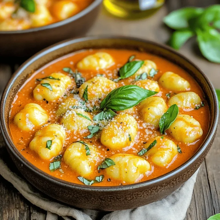 To make One Pot Creamy Tomato Basil Gnocchi, gather these simple ingredients: - 1 pound (450g) potato gnocchi - 1 tablespoon extra virgin olive oil - 3 cloves garlic, finely minced - 1 can (14 oz) crushed tomatoes - 1 cup vegetable broth - 1 cup heavy cream or coconut milk - 1 teaspoon dried oregano - Salt and freshly cracked pepper - 1 cup fresh basil leaves, chopped - 1/2 cup grated Parmesan cheese (optional) You can easily adapt this recipe for different needs: - For a dairy-free option, swap heavy cream for coconut milk. - If you're vegan, replace Parmesan cheese with nutritional yeast. - Use gluten-free gnocchi for a gluten-free version. Using fresh ingredients makes a big difference. Fresh basil adds bright flavor and aroma. It also brings a vibrant green color to the dish. Fresh garlic provides a strong taste that enhances the sauce. High-quality olive oil boosts the richness. Always choose the best ingredients you can find. They will elevate your dish and make every bite delightful. Start by heating one tablespoon of extra virgin olive oil in a large pot. Use medium heat. When the oil feels hot, add three finely minced garlic cloves. Sauté the garlic for about one minute. Smell that? It means you're on the right path! Be careful not to burn the garlic. Next, pour in one can of crushed tomatoes and one cup of vegetable broth. Mix everything well. Bring the mix to a gentle simmer. This base is where the magic begins. Now, it’s time to add one pound of potato gnocchi to your pot. Stir it in gently. Make sure every piece of gnocchi gets coated in that lovely sauce. Cook for about three to four minutes. You'll know they're ready when they float to the top. This means they are cooked perfectly. Next, reduce the heat to low. Pour in one cup of heavy cream or coconut milk for a lighter touch. Sprinkle in one teaspoon of dried oregano and season with salt and freshly cracked pepper. Allow the sauce to simmer gently for another three to five minutes. Stir often until it thickens to your liking. Once your sauce thickens, it's time to add in one cup of fresh basil leaves, chopped. This will give your dish a fresh pop! If you like cheese, fold in half a cup of grated Parmesan cheese. Stir until everything is well mixed and the cheese melts into the sauce. Taste your creation. Do you need more salt or pepper? Adjust as needed. Finally, let the pot sit off the heat for a few moments. This helps all the flavors blend beautifully. Serve it up, and enjoy your creamy tomato basil gnocchi! To cook gnocchi well, use a large pot. This gives them space to float. Always boil them in salted water. This adds flavor right from the start. Cook gnocchi until they rise to the top. This shows they are done. Do not overcook, or they can become mushy. If you prefer a firmer bite, try cooking them for a minute less. For a creamy sauce, add heavy cream or coconut milk slowly. Stir it in well to mix with the tomato base. Using full-fat cream gives a richer flavor. If you want a lighter dish, coconut milk works great too. Make sure to let the sauce simmer. This helps it thicken and become creamy. Adding cheese at the end creates a nice, smooth finish. Serve the creamy gnocchi in deep bowls to showcase the colors. Garnish with fresh basil leaves for a pop of green. A sprinkle of grated Parmesan adds a nice touch. Drizzling olive oil on top enhances the taste. You can also add a few red pepper flakes for heat. This dish looks great and tastes even better! {{image_4}} You can easily make this dish vegan. Swap heavy cream for coconut milk. It gives a creamy texture without dairy. Use nutritional yeast instead of Parmesan cheese for a cheesy flavor. You can also add more veggies like spinach or mushrooms for extra nutrition. Feel free to add your favorite veggies. Zucchini, bell peppers, or even kale work well. Just chop them small and add them when you cook the garlic. They will soften nicely and blend with the sauce. Adding vegetables boosts flavor and nutrients in your meal. If you like heat, add red pepper flakes. Start with a pinch and taste. You can always add more if you want it spicier. This twist enhances the dish and adds a new layer of flavor. It makes your creamy tomato basil gnocchi exciting and fun! To store leftovers, let the gnocchi cool down first. Place the gnocchi in an airtight container. Keep it in the fridge for up to three days. The sauce may thicken in the fridge. You can add a splash of broth or cream when reheating. When reheating, use a pot over low heat. Stir often to prevent sticking. You can add a little water or broth for moisture. Watch it closely to avoid burning. It should warm up in about 5 to 10 minutes. You can freeze this dish if you want. Let it cool completely, then transfer it to a freezer-safe container. It will stay good for up to three months. When ready to eat, thaw it in the fridge overnight. Reheat on the stove as described above for best results. Yes, you can use fresh gnocchi. Fresh gnocchi cooks faster than dried. Check the package for cooking times. When using fresh, reduce the cooking time by one to two minutes. This keeps your gnocchi soft and fluffy. To make this dish gluten-free, choose gluten-free gnocchi. Many brands now offer gluten-free options made from potatoes or rice. Check the label to ensure it fits your needs. The rest of the ingredients are naturally gluten-free, so you are good to go! This creamy dish pairs well with many sides. Here are a few ideas: - A fresh green salad with a light vinaigrette - Garlic bread or crusty bread for dipping - Roasted vegetables like zucchini or bell peppers - A simple side of steamed broccoli or green beans These sides add color and nutrition to your meal. Enjoy the blend of flavors! You now know how to make creamy tomato basil gnocchi. We covered the best ingredients, how to prep and cook, and ways to add your twist. Remember to use fresh ingredients for the best flavor. Keep tips handy for creamy texture and great serving ideas. Don't forget the storage methods to enjoy leftovers later. Get creative with variations that suit your taste, like vegan options or spice. With these steps and advice, you can feel confident making this dish. Enjoy your cooking!
