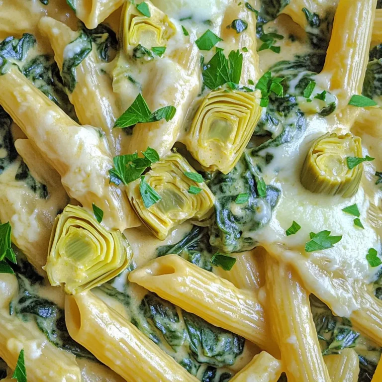 For this One Pot Spinach Artichoke Pasta, gather these items: - 2 cups pasta (penne or rotini recommended) - 1 tablespoon extra virgin olive oil - 3 cloves garlic, minced - 1 cup frozen spinach, thoroughly thawed and drained - 1 can (14 oz) artichoke hearts, drained and quartered - 1 cup vegetable broth - 1 cup heavy cream (or substitute with coconut cream for a vegan option) - 1 cup freshly shredded mozzarella cheese - ½ cup grated Parmesan cheese (or nutritional yeast as a vegan alternative) - 1 teaspoon dried Italian herbs (such as oregano and basil) - Salt and pepper to taste - Fresh parsley, chopped, for garnish For this dish, I suggest using penne or rotini. Both shapes hold the creamy sauce well. They also add nice texture and bite to each forkful. You can use other types, but these two work best. If you want a lighter option, you can swap heavy cream with coconut cream. It gives a rich, creamy taste that fits well. For cheese alternatives, try nutritional yeast. It adds a cheesy flavor without dairy. Start by boiling some salted water in a large pot. When it bubbles, add 2 cups of pasta. Penne or rotini works best. Cook it based on the package guides until it's al dente. Drain the pasta and set it aside. Don’t forget to keep a small cup of pasta water for later. In the same pot, heat 1 tablespoon of extra virgin olive oil over medium heat. Once hot, toss in 3 cloves of minced garlic. Sauté for about 1 minute until fragrant and just golden. Watch carefully to avoid burning it. Now, add 1 cup of thawed and drained frozen spinach and 1 can of drained artichoke hearts, quartered. Mix well with the garlic. Let it cook for 2-3 minutes so all the ingredients heat up nicely. Pour in 1 cup of vegetable broth. Raise the heat slightly and let it simmer gently for 3-4 minutes. This step helps all the flavors blend together perfectly. Lower the heat to low. Stir in 1 cup of heavy cream, 1 cup of shredded mozzarella, and ½ cup of grated Parmesan cheese. Add 1 teaspoon of dried Italian herbs. Mix until the cheeses melt, creating a rich and creamy sauce. Add the drained pasta back into the pot. Toss everything together gently. This ensures that the pasta is well-coated in the creamy sauce. If the sauce is too thick, add a splash of the reserved pasta water. Season with salt and pepper to your taste. Let the pasta cook on low heat for 2-3 more minutes. This warms everything through and allows flavors to meld. Serve the creamy spinach artichoke pasta in bowls. You can garnish with fresh parsley for a lovely touch. Enjoy your meal! To bring out the best flavor in your One Pot Spinach Artichoke Pasta, try these tips: - Add a squeeze of fresh lemon juice before serving. This brightens flavors. - Mix in a pinch of red pepper flakes for a gentle heat. - Use freshly minced garlic instead of jarred for a stronger taste. - Consider adding a splash of white wine when simmering the broth. This adds depth. Each of these methods can elevate this dish from good to great, making every bite memorable. Here are some common errors that can affect your pasta dish: - Overcooking the pasta can lead to mushy noodles. Aim for al dente. - Not draining the spinach well can add excess water, making the sauce runny. - Forgetting to reserve some pasta water can limit your sauce's creaminess. Save a cup for adjustments. - Adding cheese too early can lead to clumping. Stir it in slowly on low heat. Avoiding these pitfalls helps ensure a creamy, delicious meal every time. A lovely presentation makes every meal more inviting. Here are my top tips: - Use shallow pasta bowls for serving. This gives a nice look. - Sprinkle extra grated Parmesan on top for a touch of elegance. - Add fresh parsley right before serving for a pop of color. - Consider drizzling a little olive oil around the edge of the bowl for shine. These simple steps will impress your guests and make your dish look as good as it tastes. {{image_4}} To make this dish vegan, swap the heavy cream for coconut cream. This keeps the sauce rich and creamy without dairy. Use nutritional yeast instead of Parmesan cheese for a cheesy flavor. Replace mozzarella with vegan cheese. These swaps make the dish plant-based and still delicious. If you're gluten-free, choose pasta made from rice or corn. This keeps the meal safe for those with gluten issues. The other ingredients, like spinach and artichokes, are naturally gluten-free. Just check labels to be sure any broth or cheese is also gluten-free. You can add extra veggies for more flavor. Try mushrooms for a nice earthiness. Sun-dried tomatoes add a sweet and tangy twist. Chopped olives can give a briny kick. You can even toss in some cooked chicken or shrimp for added protein. Feel free to get creative with what you have! To keep your One Pot Spinach Artichoke Pasta fresh, store it in airtight containers. Let the pasta cool down before sealing. This helps prevent moisture buildup. Place the containers in the fridge if you plan to eat it within three days. For longer storage, freezing is a great option. When you're ready to enjoy the pasta again, use a microwave or a stovetop. If you use a microwave, heat it in short bursts. Stir it in between to ensure even warming. On the stovetop, add a splash of vegetable broth or water. Heat on low until warm, stirring often. This keeps the sauce creamy and delicious. You can freeze One Pot Spinach Artichoke Pasta for up to three months. Use freezer-safe containers to avoid freezer burn. Divide the pasta into single servings for easy meals later. To thaw, place it in the fridge overnight. Reheat as mentioned above, adding a bit of liquid if needed. To make this dish creamier, you can add more heavy cream. You can also stir in some cream cheese. If you want a vegan option, use more coconut cream for a rich texture. Mixing in a little extra mozzarella cheese also helps. Just keep stirring until everything melts together. Yes, you can use fresh spinach. Just wash and chop about 3 cups of fresh spinach. Sauté it with the garlic until it wilts. This will give a fresher taste. Fresh spinach cooks down more, so adjust the amount based on your taste. Absolutely! This pasta is great for meal prep. Cook it, let it cool, and store it in airtight containers. You can keep it in the fridge for up to four days. Just reheat it in the microwave or on the stove when you want to eat. Leftover One Pot Spinach Artichoke Pasta lasts about 3 to 4 days in the fridge. Make sure to store it in a sealed container. If you see any change in smell or color, it's best to throw it away. Always check before eating! We explored all the key elements to make One Pot Spinach Artichoke Pasta tasty. I shared the ingredients, cooking steps, and helpful tips to avoid common mistakes. You can even adapt the dish for dietary needs with simple swaps. Don't forget the best storage methods to keep leftovers fresh. With these insights, you can create a delicious meal everyone will enjoy. Now it's time to put your skills to the test and impress those around you!