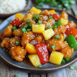 - 1 lb boneless, skinless chicken breasts - Assorted bell peppers (red, yellow, green) - Pineapple chunks (fresh or canned) - All-purpose flour, eggs, and cornstarch - Vegetable oil for frying - Salt and pepper for seasoning - Granulated sugar, apple cider vinegar, ketchup - Soy sauce and cornstarch for thickening In this recipe, I use fresh chicken breasts for the best taste. Cut them into one-inch pieces. This helps the chicken cook evenly and get crispy. For the bell peppers, I like using a mix of red, yellow, and green. They add color and crunch. Pineapple chunks bring sweetness and a juicy bite. You can use fresh or canned pineapple, but fresh gives better flavor. Next, we need the coating ingredients. We use all-purpose flour, eggs, and cornstarch. This three-step coating gives the chicken a crispy texture. Season the chicken with salt and pepper to enhance flavor. Don't forget the vegetable oil; it’s what makes the chicken golden brown and crunchy. For the sweet and sour sauce, we mix granulated sugar, apple cider vinegar, ketchup, and soy sauce. This blend creates that famous sweet and tangy taste. Cornstarch helps thicken the sauce, making it glossy and perfect for coating the chicken. Gather these ingredients, and you’re ready to create a dish that beats takeout any day. First, season your chicken pieces with salt and pepper. This simple step adds great flavor. Next, set up three shallow dishes. Place flour in the first dish. Pour the beaten eggs into the second dish. Finally, add cornstarch to the third dish. Now, let's coat the chicken. Dredge each piece in flour first. Shake off any extra flour. Then, dip it into the eggs. Finally, coat it evenly with cornstarch. This three-step coating gives the chicken a crispy texture when fried. Heat vegetable oil in a large skillet or wok over medium-high heat. You want the oil hot but not smoking. A good temperature is around 350°F (175°C). Carefully add the chicken pieces in small batches. This prevents overcrowding and helps them fry evenly. Fry each batch for about 5-7 minutes. You want them to be golden brown and cooked through. Check that the internal temperature is at least 165°F (75°C). Once cooked, remove the chicken and let it drain on paper towels. In a medium saucepan, combine granulated sugar, apple cider vinegar, ketchup, and soy sauce. Stir well and bring it to a gentle simmer over medium heat. Keep stirring until the sugar dissolves. This should take about 3-4 minutes. To thicken the sauce, mix cornstarch with water. Gradually add this to the simmering sauce, stirring continuously. Cook for another 2-3 minutes. The sauce should thicken and coat the back of a spoon. Lower the heat to medium-low. Add the fried chicken pieces, diced bell peppers, onions, and pineapple chunks to the sauce. Gently stir everything together. Make sure all ingredients are coated in the sauce. Allow it to cook for another 2-3 minutes. This helps the peppers soften and meld the flavors. Once heated through, remove from heat. Transfer your Sweet and Sour Chicken to a serving platter. For a colorful finish, sprinkle sesame seeds and chopped green onions on top. Pair it with fluffy steamed rice or warm noodles for a complete meal. Enjoy your homemade takeout! To make your sweet and sour chicken shine, season at each step. Start with the chicken. Use salt and pepper to bring out the flavor. Don't skip the veggies! Fresh bell peppers and pineapple add a burst of taste. The fresher the ingredients, the better the dish will be. You can make this dish lighter with a few easy swaps. Try using less sugar in the sauce. You can also reduce the frying oil. Instead of frying, bake the chicken for a crunchy texture. To lighten the coating, use whole wheat flour or skip the cornstarch. To keep your chicken crispy, follow some simple tricks. First, fry in small batches. Don’t crowd the pan. The oil needs space to circulate. After frying, drain the chicken on paper towels. This helps remove excess oil. When adding the sauce, do it at the end. This keeps the chicken crispy longer. {{image_4}} You can swap out chicken for shrimp or tofu. Shrimp cooks fast, so use medium heat. Cook shrimp for about 3-4 minutes until pink. Tofu needs a bit more time. Pan-fry it for about 5-6 minutes for a nice golden color. This keeps the dish fun and fresh! Feel free to tweak the sauce to fit your taste. If you want it sweeter, add more sugar. For more tang, add extra apple cider vinegar. Want some heat? Try adding a dash of red pepper flakes or sriracha. This way, you can make it just how you like! Mix up the veggies to keep things exciting. Broccoli, snap peas, or carrots work great too. You can also use seasonal vegetables like zucchini in summer. This lets you enjoy the dish all year while keeping flavors vibrant and tasty! To keep your sweet and sour chicken fresh, store it in an airtight container. This helps prevent moisture loss and keeps the flavors intact. Place the container in the fridge as soon as it cools. It lasts about 3 to 4 days. After this time, the chicken may lose its taste and texture. When reheating, avoid the microwave if you can. It may make the chicken soggy. Instead, use a skillet over medium heat. Add a splash of water or broth to keep it moist. Stir occasionally until heated through. You can also add fresh bell peppers or pineapple for extra flavor and crunch. To freeze sweet and sour chicken, let it cool completely first. Then, transfer it to a freezer-safe bag or container. Remove as much air as possible. This helps prevent freezer burn. It can stay in the freezer for about 2 to 3 months. When ready to eat, thaw it in the fridge overnight. Reheat it in a skillet for the best texture and taste. Yes, you can make Sweet and Sour Chicken ahead. For best results, follow these tips: - Prepare the sauce: Make the sauce and store it in the fridge. - Cook the chicken: Fry the chicken and keep it separate. - Combine before serving: Mix everything just before you eat for the best taste and texture. Sweet and Sour Chicken pairs well with many sides. Here are some popular options: - Steamed rice: Fluffy, white or brown rice is a great choice. - Noodles: Soft, warm noodles complement the dish nicely. - Vegetable stir-fry: Add more veggies for extra nutrition. To change the sweetness, you can: - Add or reduce sugar: Start with less sugar and taste as you go. - Use honey or maple syrup: These can be good substitutes for sugar. - Balance with vinegar: A little more vinegar can cut the sweetness. Yes, you can add some heat! Here’s how: - Red pepper flakes: Sprinkle these into the sauce for a spicy kick. - Chili sauce: Add a spoonful to the sauce while it simmers. - Fresh peppers: Dice jalapeños or other hot peppers into the mix. You can use frozen chicken, but follow these tips: - Thaw it first: Always thaw chicken completely before cooking. - Adjust cooking time: It may take longer to cook through. - Check for doneness: Use a meat thermometer to ensure it reaches 165°F. You learned how to make a delicious sweet and sour chicken dish. We covered the key ingredients, simple steps, and helpful tips. Remember to use fresh veggies and season well for great flavor. You can also try different proteins or adjust the sauce to fit your taste. This recipe is flexible, so feel free to experiment. Enjoy making your dish and sharing it with others. Your kitchen adventures can lead to tasty meals and happy moments.