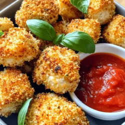 - 1 lb boneless, skinless chicken breasts - 1 cup Italian-seasoned breadcrumbs - ½ cup freshly grated Parmesan cheese - 1 teaspoon garlic powder - 1 teaspoon dried oregano - 1 teaspoon dried basil - Salt and pepper to taste - 1 large egg, beaten - ½ cup marinara sauce for dipping - Fresh basil leaves for garnish I love using these simple, fresh ingredients to create a delicious dish. The chicken is the star here. Choosing boneless, skinless chicken breasts keeps it lean and easy to cook. The Italian-seasoned breadcrumbs add a tasty crunch, while the freshly grated Parmesan cheese gives a rich flavor. For seasoning, I use garlic powder, oregano, and basil. These herbs bring a classic Italian taste that pairs perfectly with chicken. Don't forget the salt and pepper. They enhance all the flavors and make the dish pop. A large beaten egg acts as glue. It helps the breadcrumb coating stick well. This is key for that crispy texture you want. Marinara sauce adds a nice touch for dipping. It brings a tangy flavor that balances the savory bites. Fresh basil leaves are the finishing touch. They not only look good but add an extra layer of flavor too. Set your air fryer to 400°F (200°C). Let it heat for about 5 minutes. This step is key for getting that crispy finish. In a mixing bowl, combine these dry ingredients: - 1 cup Italian-seasoned breadcrumbs - ½ cup freshly grated Parmesan cheese - 1 teaspoon garlic powder - 1 teaspoon dried oregano - 1 teaspoon dried basil - Salt and pepper to taste Mix them well until everything is evenly distributed. This blend adds great flavor. Take your bite-sized chicken pieces and dip each one into the beaten egg. Make sure to let any extra egg drip off. Then, coat the chicken in the breadcrumb mixture. Press gently to ensure the crumbs stick well. Place the coated chicken bites in a single layer in the air fryer basket. Avoid crowding them for even cooking. Cook at 400°F (200°C) for 10-12 minutes. Flip them halfway through for a nice, golden-brown finish. The chicken bites are ready when they reach an internal temperature of 165°F (75°C). They should feel crispy on the outside. If they are not done, continue cooking for a few more minutes. Enjoy your tasty bites! To get those chicken bites extra crispy, do not overcrowd the air fryer. When food is too close together, it traps steam and makes it soggy. Place each piece in a single layer. This way, hot air circulates around each bite. You want that perfect crunch! If you want to make more servings, cook in batches. This keeps the temperature steady. Each bite will cook evenly and stay crispy. If you have a large air fryer, you can fit more pieces at once. Just keep an eye on them, and flip halfway through. Want to amp up the taste? Add more herbs or spices! Try adding crushed red pepper for a kick. A bit of thyme or parsley can also add depth. Mix these into the breadcrumb mixture. Always taste as you go. You can even experiment with different cheeses for more flavor. {{image_4}} You can use different cuts or types of chicken for this recipe. Chicken thighs add more flavor and stay juicy. If you prefer white meat, chicken tenders work well too. Just cut them into bite-sized pieces like the breasts. Keep in mind that cooking times may vary based on the cut you choose. For those on a gluten-free diet, use gluten-free breadcrumbs. There are many brands available that taste great. You can also use crushed nuts or seeds as a crunchy coating. For a low-carb option, try using almond flour instead of breadcrumbs. Both options still provide a tasty bite. Adding extra cheese can boost the flavor of these bites. Try mozzarella cheese for that gooey texture. You can also sprinkle in some red pepper flakes for a spicy kick. If you like herbs, fresh parsley or thyme can elevate the dish. Experiment with different spices to find your favorite combination. To keep your Air Fryer Chicken Parmesan Bites fresh, store them in an airtight container. Place a paper towel at the bottom to absorb moisture. This helps maintain crispness. If you want to freeze them, let the bites cool completely first. Then, lay them flat in a single layer on a baking sheet. Freeze until solid, then transfer to a freezer-safe bag. This method prevents them from sticking together. When it's time to enjoy leftovers, reheating properly is key. Preheat your air fryer to 350°F (175°C). Place the chicken bites in the basket in a single layer. Heat for about 5-7 minutes. This method keeps them crispy and warm. Avoid using the microwave, as it can make them soggy. In the fridge, your chicken bites will last about 3-4 days. If frozen, they can stay good for up to 3 months. For best quality, consume them within this time frame. Always check for any off smells or changes in texture before eating. Keeping track of these details helps you enjoy these tasty bites at their best! Yes, you can use frozen chicken breasts. Just remember to thaw them first. Thawing helps the chicken cook evenly. You can use the fridge overnight or a microwave for quick thawing. If you start from frozen, increase the cooking time by about 5 minutes. Always check that the chicken reaches 165°F (75°C) inside. There are many great options! For a gluten-free choice, try almond flour or crushed cornflakes. If you want a low-carb option, use ground pork rinds. You can also use crushed crackers or panko for a crispier bite. Each alternative gives a unique taste and texture. To make it lighter, swap the breadcrumbs for whole grain or almond flour. Use less cheese or a low-fat version to cut calories. Baking instead of air frying is another option. You can also use skinless chicken thighs for more flavor, but keep an eye on the fat content. You can create delicious air-fried chicken bites with simple ingredients. We covered main ingredients like chicken and breadcrumbs and the best seasoning. You learned how to coat chicken, cook it perfectly, and check for doneness. Remember to store leftovers properly and follow reheating tips for a crispy texture. Try variations to suit your taste. Enjoy experimenting in the kitchen and share your tasty results with others!