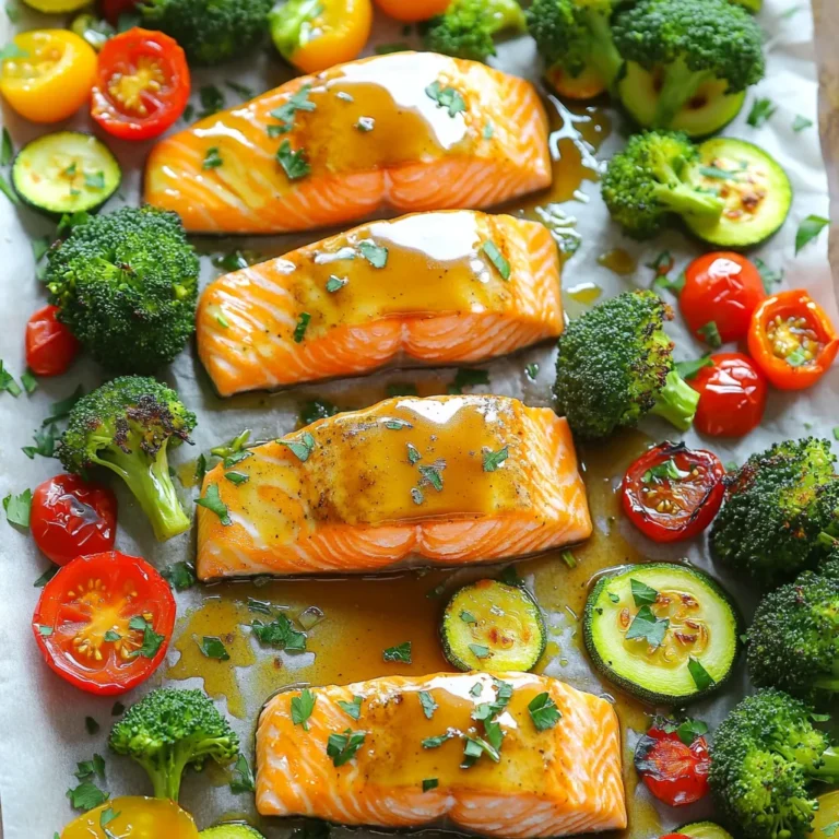 - 4 salmon fillets - 1/4 cup pure maple syrup - 3 tablespoons Dijon mustard - 2 tablespoons olive oil, divided - Spices including garlic powder, smoked paprika, salt, and pepper - 2 cups fresh broccoli florets - 1 cup cherry tomatoes, halved - 1 medium zucchini, sliced - 1 red bell pepper, chopped The main ingredients for this dish are simple and flavorful. The salmon fillets are the star, bringing a rich taste and healthy fats to your meal. The maple syrup adds sweetness, while the Dijon mustard gives a nice tang. Together, they make a tasty glaze that coats the salmon perfectly. For the additional ingredients, olive oil helps everything cook nicely while adding flavor. The spices, like garlic powder and smoked paprika, give depth to the dish. Adjust the salt and pepper to your taste for a finishing touch. The vegetables complement the salmon well. Fresh broccoli florets add crunch and nutrients. Cherry tomatoes burst with flavor, while zucchini offers a soft texture. The red bell pepper adds sweetness and color. Each veggie brings its own taste, making every bite fun and delicious. With these ingredients, you can create a balanced and vibrant meal that is easy to prepare. - Set your oven to 400°F (200°C). - Line a large sheet pan with parchment paper. This makes cleanup easy. - In a small bowl, mix the maple syrup, Dijon mustard, and one tablespoon of olive oil. - Add garlic powder, smoked paprika, and a pinch of salt and pepper. - Whisk until the glaze is smooth and well blended. - Place the salmon fillets on the sheet pan. - Use a brush or spoon to apply the maple Dijon glaze over each fillet. Make sure they are well coated. - In a separate bowl, toss the broccoli, cherry tomatoes, zucchini, and red bell pepper with the remaining olive oil. - Season the veggies with salt and pepper. - Spread the seasoned vegetables around the salmon on the sheet pan. - Make sure there is space for even cooking. - Bake in the oven for 15-20 minutes. The salmon is ready when it flakes easily with a fork. - After baking, take the sheet pan out of the oven. - Drizzle any leftover glaze over the salmon and veggies for extra flavor. - If you like a char on your veggies, switch to broil for the last 2-3 minutes. How to know when the salmon is done The salmon is done when it flakes easily with a fork. This usually takes about 15 to 20 minutes in the oven. The fish should turn from a bright pink to a more opaque color. If you have a meat thermometer, the internal temperature should reach 145°F (63°C). Adjusting cooking time for different vegetable types Different vegetables cook at different rates. Broccoli and bell peppers cook faster than zucchini and tomatoes. If you use denser veggies, like carrots or potatoes, cut them smaller. This helps them cook evenly with the salmon. You can also start roasting these vegetables first for a few minutes before adding the salmon. Presentation ideas for serving For a beautiful presentation, serve the salmon and veggies on a colorful platter. You can also plate each serving individually. Garnish with fresh parsley or sesame seeds for added color. This small touch makes the dish look gourmet. Suggested side dishes to complement the meal This meal pairs well with rice or quinoa. A fresh salad adds a nice crunch too. If you want something warm, mashed potatoes or roasted sweet potatoes are great options. These side dishes balance the flavors of the salmon and veggies. Alternative ingredients for the glaze You can customize the glaze by using honey instead of maple syrup for a different sweet taste. Try adding a splash of soy sauce for a savory twist. For a spicy kick, mix in some hot sauce. Customizing flavor profiles Feel free to change the Dijon mustard. Use whole grain mustard for a more robust flavor. You can also switch the garlic powder for fresh minced garlic for a stronger taste. Mixing and matching these ingredients allows you to create your own unique glaze. {{image_4}} You can easily change the protein in this dish. If you don’t have salmon, try using other fish like cod or tilapia. Both cook fast and have a mild taste. Chicken breasts also work well. Just ensure chicken is cooked to 165°F for safety. For a vegetarian option, try tofu or chickpeas. Tofu soaks up the maple Dijon glaze nicely. To use tofu, press it first to get rid of excess water. Then, cube the tofu and coat it in the glaze. For chickpeas, use canned ones and toss them in the same glaze before baking. Feel free to mix in other vegetables. Seasonal options like asparagus, carrots, or Brussels sprouts add variety. Just cut them into similar sizes to ensure even cooking. If you choose denser veggies, like carrots or sweet potatoes, cut them smaller. This helps them cook through in the same time as the salmon. You may need to add a few extra minutes to the baking time for them to become tender. To make this dish gluten-free, use gluten-free Dijon mustard. Most maple syrups are gluten-free, but always check labels to be sure. For a low-carb option, skip the cherry tomatoes and use more non-starchy veggies. Zucchini and bell peppers are great choices. This keeps the dish light and still tasty. Adjusting the ingredients lets everyone enjoy this meal! To store leftovers, let the dish cool down first. Place salmon and veggies in an airtight container. This helps keep them fresh. Use glass or plastic containers that seal well. Glass containers are great because you can see what’s inside. To reheat salmon, use the oven or a skillet. Preheat your oven to 275°F (135°C). Place the salmon on a baking sheet. Add a splash of water. Cover it with foil to keep moisture in. Heat for about 15 minutes. If using a skillet, heat it on low. Add a bit of olive oil. Cook the salmon gently to avoid drying it out. Always check the center to ensure it’s warm. Yes, you can freeze this dish! To freeze, place the cooled salmon and veggies in a freezer-safe container. Make sure to seal it tightly. Label the container with the date. For best taste, use it within three months. When ready to use, thaw it in the fridge overnight. Reheat as mentioned above. This way, you keep the flavors fresh! Can I use frozen salmon or vegetables? Yes, you can use frozen salmon or vegetables. However, I suggest thawing them first. This helps them cook evenly. If you use frozen veggies, they may release extra water. So, cook them a bit longer to get rid of excess moisture. How to ensure the salmon doesn't dry out? To keep salmon moist, do not overcook it. Bake it just until it flakes with a fork. The glaze also helps lock in moisture. You can also cover the salmon with foil for the first half of cooking. This traps steam and keeps it juicy. Is this recipe healthy? Yes, this recipe is healthy! Salmon is packed with protein and omega-3 fatty acids. The veggies add fiber and vitamins. Using olive oil in moderation keeps it heart-healthy. Plus, the maple syrup is a natural sweetener, making this dish a balanced choice. Nutritional information per serving Each serving offers about 350 calories. You get 25 grams of protein and 10 grams of healthy fats. It also includes 5 grams of carbs, mainly from veggies. This dish provides a great mix of nutrients that support your health. What is the benefit of cooking with a sheet pan? Cooking with a sheet pan saves time and effort. You can cook a full meal on one pan. This method also allows flavors to blend. Clean-up is easy since you use just one dish. Plus, it makes for a great presentation! Tips for cleaning and maintaining a sheet pan? To clean a sheet pan, soak it in warm, soapy water. Use a non-abrasive sponge to scrub off stuck bits. Avoid metal utensils that can scratch the surface. Store it flat to prevent warping. With good care, your sheet pan will last for years! This article shared a simple and tasty sheet-pan salmon recipe. You learned about the main and additional ingredients. I showed you step-by-step instructions for baking the dish. I also provided tips for cooking and serving. Remember, you can customize the recipe with different proteins or veggies. Don’t forget to store leftovers safely or freeze them for later. Enjoy your cooking and savor every bite of this healthy meal!