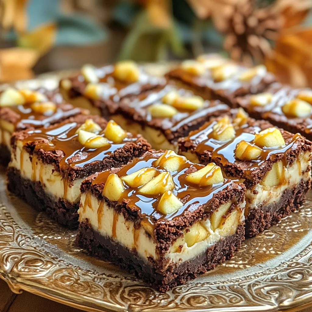 You need these main items for the brownies: - 1/2 cup unsalted butter - 1 cup granulated sugar - 2 large eggs - 1 teaspoon vanilla extract - 1 cup all-purpose flour - 1/4 cup unsweetened cocoa powder - 1/2 teaspoon baking powder - 1/4 teaspoon salt - 2 medium apples, peeled, cored, and diced - 1 teaspoon ground cinnamon - 8 oz cream cheese, softened - 1/4 cup powdered sugar - 1 large egg - 1/2 teaspoon vanilla extract - 1/2 cup caramel sauce (plus more for drizzling) To make your brownies even more delightful, consider these toppings: - Extra caramel sauce for drizzling - Thin apple slices for garnish - A sprinkle of cinnamon for added flavor Gather these tools before you start cooking: - Medium saucepan for melting butter - Mixing bowls for batter and cream cheese - Whisk for mixing ingredients - Spatula for spreading batter - 9x9-inch baking pan, greased or lined - Toothpick or knife for swirling the cream cheese mixture These ingredients and tools will help you create a fantastic dessert filled with rich flavors. Enjoy making this sweet treat! First, heat your oven to 350°F (175°C). This step is key for baking. Next, take a 9x9-inch baking pan. Grease it lightly or line it with parchment paper. This makes it easy to remove the brownies later. In a medium saucepan, melt 1/2 cup of unsalted butter over low heat. Once it’s melted, take it off the heat. Whisk in 1 cup of granulated sugar until smooth. Then, add 2 large eggs, one at a time. Mix well after each egg. Stir in 1 teaspoon of vanilla extract. In a separate bowl, mix 1 cup of all-purpose flour, 1/4 cup of cocoa powder, 1/2 teaspoon of baking powder, and 1/4 teaspoon of salt. Slowly fold this dry mix into the wet mix. Be gentle to avoid overmixing. Finally, fold in 2 medium apples, peeled and diced, along with 1 teaspoon of ground cinnamon. In another mixing bowl, take 8 oz of softened cream cheese. Add 1/4 cup of powdered sugar, 1 large egg, and 1/2 teaspoon of vanilla extract. Beat this mixture until it is smooth and creamy. Make sure there are no lumps left in the cream cheese. Pour the brownie batter into your prepared pan. Use a spatula to spread it evenly. Next, dollop spoonfuls of the cream cheese mixture over the brownie batter. Use a knife or toothpick to swirl the cream cheese into the batter. This creates a lovely marbled look. Drizzle 1/2 cup of caramel sauce on top, swirling it for extra flavor. Place the pan in your preheated oven. Bake for 30-35 minutes. Check if a toothpick comes out clean or with a few moist crumbs. Once done, remove the brownies from the oven. Let them cool in the pan for 15 minutes. Carefully lift them out using the parchment paper. Transfer to a wire rack to cool completely. After cooling, drizzle more caramel sauce on top. Cut into squares and serve. To get the best brownie texture, start with the right butter. Use unsalted butter and melt it slowly. This step helps the sugar mix in well. Mix the wet and dry ingredients just until combined. Overmixing can lead to tough brownies. Aim for a shiny surface before baking. When you cool the brownies, let them sit in the pan. This helps set the structure. Swirling cream cheese can be tricky, but it’s fun! First, make sure your cream cheese is soft. This way, it mixes easily. When you dollop the cream cheese on the brownie batter, use a spoon. Spread it randomly for a good look. Grab a knife or toothpick next. Start in the center and swirl gently. Don’t mix too much; a few swirls create a pretty pattern. Caramel adds a sweet touch! When drizzling, use warm caramel sauce. Warm sauce flows better and looks great. Drizzle half of it before baking. This lets the flavor soak in. After baking, add more caramel on top. For a fun effect, use a spoon to swirl it in. You can also sprinkle a pinch of cinnamon with the caramel. This adds a nice touch to the look and taste. {{image_4}} You can change the flavor of these brownies by adding other fruits or nuts. Try using pears, peaches, or berries. Each fruit brings its own taste and texture. If you want to add nuts, walnuts or pecans work great. Chop them up and mix them into the batter. This adds crunch and flavor to each bite. To make these brownies gluten-free, swap out the all-purpose flour for a gluten-free blend. Look for a mix that works well in baking. Check the label to ensure it contains xantham gum, which helps with texture. This simple switch lets everyone enjoy the treat without worry. For a rich twist, add chocolate or peanut butter swirls. Melt some chocolate or peanut butter and drizzle it over the cream cheese layer. Use a knife to swirl it in. This adds a delicious depth to the flavors. It makes the brownies even more fun and tasty. To keep your caramel apple cheesecake brownies fresh, store them properly. Place the brownies in an airtight container. This helps keep the moisture in. You can also use plastic wrap if you don’t have a container. Keep them at room temperature for up to three days. If you want them to last longer, put them in the fridge. They will stay good there for about a week. If you have extra brownies, freezing is a great option. First, let the brownies cool completely. Then, cut them into squares for easy serving. Wrap each square in plastic wrap. After that, place all wrapped squares in a freezer-safe bag. Be sure to remove as much air as you can. These brownies can stay frozen for up to three months. When you're ready to enjoy them, just thaw them at room temperature. Reheating brownies can bring back their soft texture. For the best results, use the oven. Preheat your oven to 350°F (175°C). Place the brownies on a baking sheet. Heat for about 10 minutes or until warm. You can also use a microwave, but be careful. Heat them in short bursts of 10 seconds to avoid drying them out. Once warm, drizzle with extra caramel sauce for a treat you’ll love! Yes, you can use different types of apples. I like to use Granny Smith for their tartness. Honeycrisp apples add a nice sweetness. You can mix apples for more flavor too. Just make sure they are firm and not mushy. This keeps the brownies from getting soggy. These brownies can last up to a week when stored properly. Keep them in an airtight container to keep them fresh. If you want them to last longer, you can freeze them. Just wrap each piece well and place them in a freezer bag. Yes, you can make this recipe dairy-free. Use a dairy-free butter substitute and a dairy-free cream cheese. There are many great brands available now. Make sure to check the labels to find the best options. This way, everyone can enjoy these tasty brownies! In this blog post, we explored how to make delicious caramel apple cheesecake brownies. We covered the key ingredients, step-by-step instructions, and tips for perfect results. You learned about optional garnishes and different variations to suit your taste. Remember to store leftovers properly to keep them fresh. With these guidelines, you can enjoy this tasty treat anytime. Get creative and have fun with your baking! Enjoy your homemade brownies and share them with friends and family.