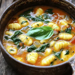 To make this One-Pot Tomato Basil Gnocchi Soup, you will need: - 1 tablespoon olive oil - 1 medium onion, finely diced - 3 cloves garlic, minced - 1 can (28 oz) crushed tomatoes - 4 cups vegetable broth - 1 teaspoon dried oregano - 1 teaspoon dried basil - 1/2 teaspoon red pepper flakes (optional for heat) - 1 package (16 oz) gnocchi (can be store-bought or homemade) - 2 cups fresh spinach, roughly chopped - Salt and pepper to taste - 1/2 cup heavy cream or coconut milk (for a vegan option) - Fresh basil leaves for garnish You can swap ingredients based on what you have. Here are some ideas: - Use chicken broth instead of vegetable broth for more flavor. - If you don’t have fresh spinach, try kale or Swiss chard. - You can replace heavy cream with Greek yogurt for a lighter option. - Store-bought gnocchi works great, but homemade gives a special touch. Fresh ingredients make a big difference. Here are some tips: - Choose firm tomatoes with rich color for the best taste. - Look for fresh basil with vibrant green leaves. Avoid yellow or wilting leaves. - When buying garlic, pick bulbs that feel firm and have dry skins. - For onions, select ones that are heavy and have dry, papery skins. Using fresh ingredients will enhance the soup's flavor and nutrition. Each bite will bring warmth and joy! Start by gathering all your ingredients. You need: - 1 tablespoon olive oil - 1 medium onion, finely diced - 3 cloves garlic, minced - 1 can (28 oz) crushed tomatoes - 4 cups vegetable broth - 1 teaspoon dried oregano - 1 teaspoon dried basil - 1/2 teaspoon red pepper flakes (optional for heat) - 1 package (16 oz) gnocchi - 2 cups fresh spinach, roughly chopped - Salt and pepper to taste - 1/2 cup heavy cream or coconut milk - Fresh basil leaves for garnish Chop your onion and garlic. This helps release their flavors. Next, measure out your spices and liquids. Having everything ready makes cooking easier. 1. Heat the olive oil in a large pot over medium heat. Wait until it shimmers. 2. Add the diced onion and sauté for 3-4 minutes. It should turn soft and translucent. 3. Stir in the minced garlic and cook for 1-2 minutes. The garlic should smell fragrant, but do not let it brown. 4. Pour in the crushed tomatoes and vegetable broth. Stir in the oregano, dried basil, and red pepper flakes if you want some heat. 5. Raise the heat and bring the soup to a boil. Once boiling, lower the heat and let it simmer for about 10 minutes. 6. Add the gnocchi to the pot. Cook them for about 3-5 minutes. They are done when they float to the top. 7. Stir in the chopped spinach and let it cook for a minute. It should wilt nicely. 8. Add the heavy cream or coconut milk, stirring well. This makes the soup creamy. Season with salt and pepper to your taste. To get the right soup consistency, pay attention to these tips: - Use a large pot. This helps the soup cook evenly. - Monitor the heat. Keep it low while it simmers to avoid overcooking. - If the soup is too thick, add more broth or water. Stir well if you adjust. - For a thicker soup, let it simmer longer without a lid. These steps will give you a warm, comforting bowl of soup every time. Enjoy! When making One-Pot Tomato Basil Gnocchi Soup, some common mistakes can ruin your meal. First, do not rush the sautéing step. Properly cooking the onion and garlic builds a strong base of flavor. If you skip this, your soup may taste bland. Next, avoid adding the gnocchi too soon. They need just a few minutes to cook. If you leave them in too long, they can turn mushy. Lastly, don't forget to taste and adjust seasoning. A little salt and pepper can make a big difference. To take this soup to the next level, try a few simple tricks. Adding fresh herbs like thyme or parsley can brighten the dish. You can also squeeze a bit of lemon juice for a zesty kick. If you want heat, increase the red pepper flakes. Using high-quality vegetable broth boosts the overall taste. For a richer flavor, consider a splash of balsamic vinegar. Don't shy away from experimenting with spices. A pinch of smoked paprika can add depth and warmth. Serving your soup well makes it even more enjoyable. Use rustic bowls for a cozy feel. Before serving, drizzle a bit of olive oil on top. This adds a nice shine and extra flavor. Garnish each bowl with fresh basil leaves. This not only looks pretty but also enhances the taste. If you want, sprinkle some grated cheese on top for added richness. Enjoy your delicious creation! {{image_4}} To make this soup vegan, swap heavy cream for coconut milk. Coconut milk adds richness and a hint of sweetness. You can also use plant-based broth to keep it dairy-free. The flavor won't suffer; it will still be delicious. Feel free to add more veggies. Carrots, zucchini, or bell peppers work great. You can also mix in beans for extra protein. For a bit more spice, toss in some chopped jalapeños or more red pepper flakes. Customize it to your taste! If you want a twist, try using other pasta types. Small shells or mini penne can work well. Just adjust cooking times based on the pasta you choose. Gnocchi is tasty, but variety can keep your meals exciting! To store your leftover soup, cool it first. Use a bowl with a lid or a glass jar. Put it in the fridge. It stays fresh for about 3 to 4 days. Make sure the soup is in an airtight container. This helps keep out bad smells and flavors. If you want to save the soup for later, freezing works great. Use freezer-safe bags or containers. Leave some space at the top. The soup will expand when it freezes. Label the bags with the date. You can freeze it for up to 3 months. When ready to eat, just thaw it in the fridge overnight. To reheat, pour the soup into a pot. Heat it on low to medium. Stir often to keep it from sticking. If it seems too thick, add a bit of water or broth. You can also use the microwave. Place the soup in a microwave-safe bowl. Cover it loosely and heat it in short bursts, stirring in between. Enjoy your warm, comforting meal! To make this soup gluten-free, you need to choose gluten-free gnocchi. Many stores offer gluten-free options made from rice flour or potatoes. You can also make your own gnocchi at home using gluten-free flour. Just follow your favorite gluten-free recipe. This way, you can still enjoy the rich flavors of the soup without gluten. Yes, you can use frozen gnocchi in this recipe. Frozen gnocchi cooks up just as well as fresh. When you add it to the soup, simply follow the package instructions for cooking time. Usually, this means they will take just a few minutes to cook. The frozen gnocchi will be soft and ready to enjoy in no time. This soup pairs well with many sides. Here are some ideas: - A simple green salad with lemon vinaigrette. - Crusty bread or garlic bread for dipping. - A cheese platter with fresh mozzarella or parmesan. - Grilled vegetables for a healthy touch. These options will enhance your meal and make it even more delightful. Enjoy your comforting soup! This blog post covered all the key parts of making a great Tomato Basil Gnocchi Soup. You learned about the ingredients, from what to use to how to swap them. We went through steps for prep and cooking, including tips for the best soup texture. Avoid common mistakes and enhance your soup's flavor with our tips. Plus, check out fun variations that fit your needs. Finally, I shared how to store and reheat leftovers. Feel excited to try this recipe and make it your own!