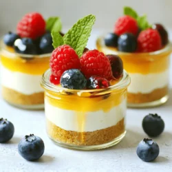 - 2 cups plain Greek yogurt - 8 oz cream cheese, softened to room temperature - 1/2 cup honey or maple syrup - 1 teaspoon pure vanilla extract - 1 teaspoon freshly squeezed lemon juice - 1/4 cup powdered sugar - 1 cup crushed graham crackers or almond flour - 4 tablespoons melted unsalted butter or coconut oil - Fresh berries: strawberries, blueberries, or raspberries - Fresh mint leaves for garnish You can switch honey for maple syrup for a vegan option. Instead of graham crackers, use almond flour for a gluten-free crust. For a dairy-free choice, replace cream cheese with a plant-based cream cheese. I love adding fresh berries on top for a burst of flavor. You can choose strawberries, blueberries, or raspberries. A sprig of mint adds a nice touch and boosts the look. For a chocolate twist, consider drizzling some melted dark chocolate over the top. To start, you need to make the crust. Grab a mixing bowl and add 1 cup of crushed graham crackers. If you want a gluten-free option, use almond flour instead. Next, melt 4 tablespoons of unsalted butter or coconut oil. Pour this into the bowl with the crumbs. Mix well until everything is coated and looks like wet sand. Now, take your serving cups or small jars. Evenly divide the crust mixture among them. Press down firmly with the back of a spoon. This step helps form a smooth, even layer at the bottom. Place the cups in the fridge to chill while you make the filling. For the cheesecake filling, use a large mixing bowl. Beat 8 ounces of softened cream cheese with a hand mixer. Mix until it is creamy and smooth with no lumps. Slowly add 2 cups of plain Greek yogurt to the bowl. Next, pour in 1/2 cup of honey or maple syrup, depending on your choice. Add 1 teaspoon of pure vanilla extract, 1 teaspoon of freshly squeezed lemon juice, and 1/4 cup of powdered sugar. Mix on medium speed until you have a smooth and creamy texture. Now, it’s time to assemble. Take the crust cups out of the fridge. Spoon the cheesecake filling over the crusts. Smooth the tops for a nice finish. Cover the cups with plastic wrap or a lid. Put them back in the fridge for at least 2-4 hours. The longer they chill, the better they taste! When you’re ready to serve, top each cup with fresh berries like strawberries, blueberries, or raspberries. Add a sprig of mint for a pretty garnish. Enjoy the creamy goodness of your Greek yogurt cheesecake cups! For a smooth cheesecake, start with soft cream cheese. Beat it until creamy. Then, add the Greek yogurt slowly. Mixing on medium speed helps blend well. This method keeps lumps away. The result? A creamy and rich texture that melts in your mouth. Sweetness is key in a cheesecake. You can use honey or maple syrup. Start with half a cup; taste it. If you want it sweeter, add more. Remember, toppings like berries add natural sweetness. This way, you can balance the flavors just right. How you serve matters. Use clear cups to show off the layers. It looks fancy and fun! Top with fresh berries and mint leaves for color. This adds a vibrant touch to your dessert. Your guests will love the look and the taste! {{image_4}} To make Greek yogurt cheesecake cups vegan, simply swap honey for maple syrup. This sweetener is plant-based and brings a rich flavor. Use 1/2 cup of pure maple syrup for the right sweetness. The creamy texture comes from the Greek yogurt and softened vegan cream cheese. This option keeps your dessert tasty and cruelty-free. You can easily make these cheesecake cups gluten-free. Instead of using crushed graham crackers, try almond flour. Mix 1 cup of almond flour with 4 tablespoons of melted coconut oil. This creates a delicious, nutty base that pairs well with the cheesecake filling. It’s a great choice for those avoiding gluten. You can customize your cheesecake cups with different flavors. For a chocolate twist, add 1/4 cup of cocoa powder to the filling. Mix it well to blend. If you want fruit-infused flavors, fold in fresh pureed fruits like strawberries or blueberries. You can also layer the fruit on top for a vibrant look and taste. To keep your Greek yogurt cheesecake cups fresh, store them in the fridge. Use an airtight container or cover them with plastic wrap. This will help keep the flavors intact. They should stay good for about three to four days. If you make a big batch, it’s best to store the cups separately. This way, you can grab just what you want to enjoy. You can freeze these cheesecake cups if you want to save them for later. First, let the cups chill in the fridge for at least four hours. After they set, cover each cup tightly with plastic wrap. Then place them in a freezer-safe container. You can freeze them for up to two months. When you want to eat them, move them to the fridge to thaw overnight. These cheesecake cups last well in the fridge for about three to four days. After that, the texture and taste may change. If you freeze them, they can last for about two months. Eating them sooner is best for the best taste and texture. Keep an eye on any signs of spoilage, like an off smell or changes in color. Always trust your senses when it comes to food! Yes, you can use low-fat Greek yogurt. This swap lowers fat content. The taste stays rich and creamy. Your cheesecake cups will still taste great. You might notice a slight change in texture, but they will be delicious. To make these cheesecake cups dairy-free, use dairy-free cream cheese. You can find this at many stores. Also, use plant-based yogurt instead of Greek yogurt. Coconut yogurt works well for this. For sweetness, stick with maple syrup. This keeps the treat vegan and tasty. You can substitute cream cheese with silken tofu. Blend it until smooth for a creamy texture. Another option is cashew cream. Soak cashews in water, then blend them until smooth. This adds a nice flavor and keeps the cups creamy. This blog post covered how to make delicious cheesecake cups. We explored the key ingredients, easy step-by-step instructions, and helpful tips for perfect texture and presentation. You learned about tasty variations like vegan and gluten-free options. Lastly, we shared best practices for storing leftovers. Remember, cheesecake cups can be fun and flexible. Enjoy creating your own flavors and sharing them with others!