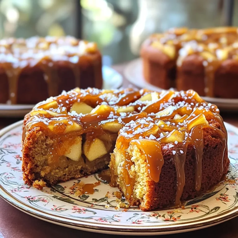 To make this Bakery-Style Salted Caramel Apple Cake, gather the following: - 2 cups all-purpose flour - 1 ½ teaspoons baking powder - ½ teaspoon baking soda - ½ teaspoon salt - 1 teaspoon ground cinnamon - ¾ cup unsalted butter, softened - 1 cup brown sugar, packed - ½ cup granulated sugar - 3 large eggs - 1 teaspoon pure vanilla extract - 1 cup buttermilk, at room temperature - 3 cups Granny Smith apples, peeled and diced - 1 cup salted caramel sauce - Flaky sea salt for garnish If you need substitutions, here are some ideas: - Flour: Use whole wheat flour for a heartier texture. - Butter: Coconut oil works well if you want a dairy-free cake. - Brown Sugar: You can use coconut sugar for a different flavor profile. - Buttermilk: Mix milk with lemon juice or vinegar for a quick substitute. - Apples: Try Honeycrisp or Fuji apples for a sweeter taste. Choosing apples is key to great flavor. Here are some tips: - Look for firmness: Pick apples that feel hard. Soft apples may be overripe. - Check for blemishes: Avoid apples with bruises or dark spots. - Choose tart varieties: Granny Smith apples add the perfect balance to sweet cake. - Smell them: Fresh apples have a nice, fruity scent. If they smell off, pass on them. Start by preheating your oven to 350°F (175°C). Grab a 9x13 inch baking pan. Grease it with butter. Dust it with flour, or use parchment paper. This helps the cake come out easily after baking. In a medium bowl, combine 2 cups of all-purpose flour, 1 ½ teaspoons of baking powder, ½ teaspoon of baking soda, ½ teaspoon of salt, and 1 teaspoon of ground cinnamon. Whisk these dry ingredients together until they are mixed well. Set this bowl aside for now. In a large bowl, cream together ¾ cup of softened unsalted butter, 1 cup of packed brown sugar, and ½ cup of granulated sugar. Use an electric mixer on medium speed for about 5 minutes. You want this mix to be light and fluffy. Then, add 3 large eggs one at a time. Mix well after each egg. Stir in 1 teaspoon of pure vanilla extract. Gradually add the dry mix from the first bowl into the wet mix. Alternate it with 1 cup of room temperature buttermilk. Start and end with the flour mix. Mix until just combined. Be gentle to avoid overmixing. Next, fold in 3 cups of diced Granny Smith apples. Pour half of the batter into the prepared pan. Drizzle half of the 1 cup of salted caramel sauce on top. Spread the rest of the batter over this layer. Drizzle the remaining caramel sauce on top. Use a knife or toothpick to swirl the caramel into the batter. Place the pan in the oven and bake for 40-45 minutes. Check with a toothpick; it should come out clean. Let the cake cool in the pan for 15 minutes. Then, move it to a wire rack to cool completely. Once cool, drizzle more salted caramel on top. Add flaky sea salt for a tasty finish. Enjoy your cake! To get a soft and fluffy cake, remember to cream your butter and sugars well. Beat them together for at least five minutes. This step adds air, making your cake rise better. Use room temperature butter, as it mixes easier. When adding dry and wet ingredients, mix just until combined. Overmixing can make your cake dense. You can adjust the flavor of the caramel sauce easily. If you want it sweeter, add more sugar to the sauce. Heat the sauce gently in a pan. Stir in a little brown sugar or honey. For extra saltiness, sprinkle in more flaky sea salt. Taste as you go. If your cake sinks in the middle, it may be underbaked. Always check with a toothpick. If it comes out wet, give it more time in the oven. If your cake is too dry, you might have overbaked it. To fix this, keep an eye on your baking time. Each oven is different. Lastly, if your cake sticks to the pan, make sure to grease and flour it well before pouring in the batter. {{image_4}} You can make this cake gluten-free. Use a gluten-free flour mix instead of all-purpose flour. Make sure it has xanthan gum for structure. The texture will still be soft and moist, just like the original. You may need to check the baking time. It could be a few minutes longer. To create a vegan version, swap out the eggs. Use flax eggs instead. Mix one tablespoon of ground flaxseed with three tablespoons of water. Let it sit until it thickens. Substitute the buttermilk with almond milk mixed with vinegar. For butter, use vegan butter or coconut oil. This will give you a rich, plant-based cake. You can add other fruits to this cake. Pears work great with the caramel flavor. You can also try berries, like blueberries or raspberries. For a fun twist, mix in some chopped nuts for crunch. Each fruit will add a new layer of flavor to your cake. To keep your salted caramel apple cake fresh, store it in an airtight container. Place parchment paper between the cake and the lid to avoid sticking. Keep it at room temperature for up to three days. If you want to keep it longer, refrigerate it for up to a week. To reheat your cake, slice it into pieces. Place the slices on a microwave-safe plate. Heat each slice for about 10-15 seconds. Check if it's warm enough. For a crispy edge, use an oven. Preheat it to 350°F (175°C) and bake for about 5-7 minutes. Freezing is a great way to save your cake. First, let it cool completely. Then, wrap the whole cake or slices in plastic wrap. Place it in a freezer-safe bag. Label it with the date. You can freeze it for up to three months. To enjoy, thaw it overnight in the fridge before serving. Yes, you can use other types of apples. Some good choices are Honeycrisp, Fuji, or Braeburn. Each type has its own flavor and sweetness. Granny Smith apples are tart, which adds a nice contrast. Using a mix of sweet and tart apples gives the cake depth. Experiment to find your favorite blend! To make your cake moister, try these tips: - Add an extra egg. Eggs help bind and add moisture. - Use full-fat buttermilk. It adds creaminess and flavor. - Do not overmix the batter. This can make the cake dense. - Bake just until done. The toothpick should come out clean, but not dry. These small changes can make a big difference! Yes, you can make the cake ahead of time. Bake it and let it cool completely. Wrap it well in plastic wrap or foil. Store it at room temperature for up to two days. You can also freeze it for longer storage. Just remember to thaw it in the fridge before serving. This way, you can enjoy the cake whenever you want! In this blog post, I shared key ingredients and how to choose the best apples. I outlined step-by-step baking techniques and provided tips for perfect texture. I also discussed variations, such as gluten-free and vegan options. Finally, I offered storage tips and answered common questions. By following these guidelines, you can create a delicious apple cake every time. Enjoy your baking journey!