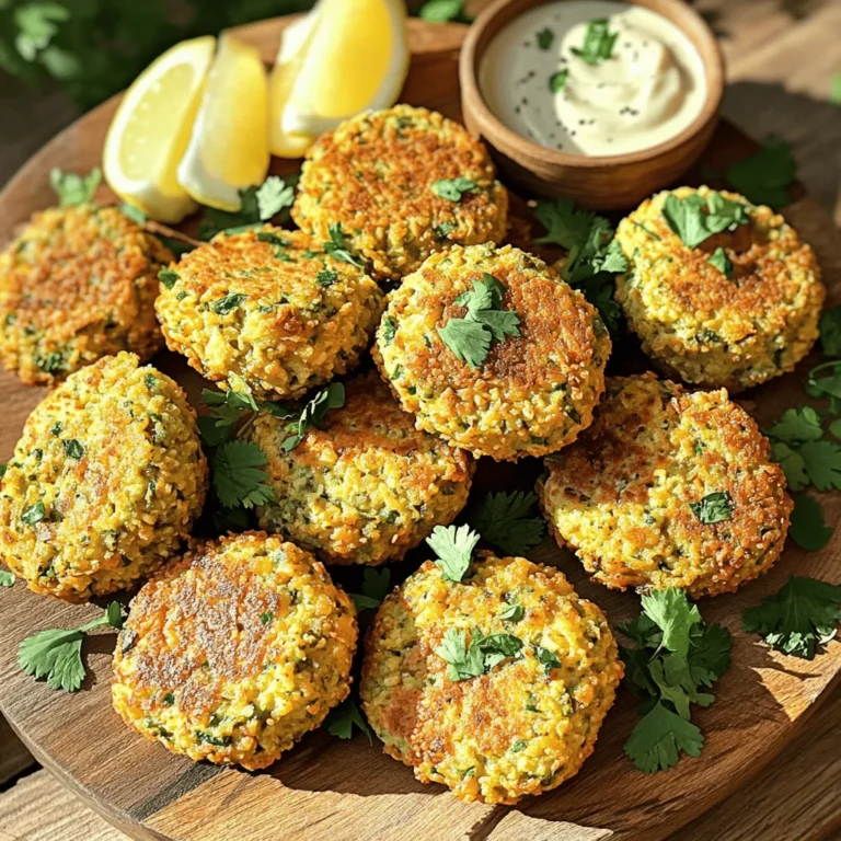 To make crispy falafel patties, you will need: - 1 can (15 oz) chickpeas, drained and rinsed - 1/4 cup fresh parsley, finely chopped - 1/4 cup fresh cilantro, finely chopped - 1 small onion, roughly chopped - 2 cloves garlic, minced - 1 teaspoon ground cumin - 1 teaspoon ground coriander - 1/2 teaspoon baking powder - 1/4 teaspoon cayenne pepper (optional for a spicy kick) - 1 teaspoon salt - 1 tablespoon fresh lemon juice - 1/4 cup all-purpose flour (or use chickpea flour for a gluten-free option) - Cooking spray or a light drizzle of olive oil If you want a gluten-free option, use chickpea flour instead of all-purpose flour. You can swap fresh herbs with dried ones if needed. Just use less, as dried herbs have a stronger flavor. If you prefer a milder taste, skip the cayenne pepper. You can also add other spices like paprika for extra flavor. When choosing herbs, look for bright green leaves. They should smell fresh and not wilted. For chickpeas, choose a can with a clear label and no added salt if you want to control sodium. Fresh onions should feel firm and have no soft spots. Opt for garlic that is plump and free of green sprouts. Fresh lemon should feel heavy for its size and should not have soft spots. These tips help ensure your falafel tastes amazing! Start by blending the ingredients for your falafel. In a food processor, add: - 1 can (15 oz) chickpeas, drained and rinsed - 1/4 cup fresh parsley, finely chopped - 1/4 cup fresh cilantro, finely chopped - 1 small onion, roughly chopped - 2 cloves garlic, minced - 1 teaspoon ground cumin - 1 teaspoon ground coriander - 1/2 teaspoon baking powder - 1/4 teaspoon cayenne pepper (optional) - 1 teaspoon salt - 1 tablespoon fresh lemon juice Pulse the mixture until it is well blended. Keep some texture; it should not be a smooth paste. This adds a nice bite to your patties. Next, transfer the mixture to a mixing bowl. Gradually stir in: - 1/4 cup all-purpose flour (or chickpea flour for gluten-free). Mix until the flour is even. If it feels sticky, add a bit more flour. You want a good consistency to form patties. Now, take small amounts of the mixture and shape them into patties. Aim for 2-3 inches in diameter. Place the patties on a plate or tray lined with parchment paper. Make sure they do not touch. This keeps them from sticking. Preheat your air fryer to 375°F (190°C) for about 5 minutes. This step is key for even cooking. While it heats, lightly spray the air fryer basket with cooking spray. Carefully place the patties in a single layer. Leave space between them for good air flow. Lightly spray the tops with more cooking spray or drizzle with olive oil. This helps them get crispy. Cook the patties for 10-12 minutes. Flip them halfway through. They should turn golden brown and crispy when done. Once cooked, remove them and let them cool for a minute. Serve your crispy falafel patties warm, and enjoy the delightful flavors you created! To make your falafel extra crispy, start with a few key steps. First, ensure your chickpeas are well-drained. Too much moisture makes patties soggy. Use fresh herbs like parsley and cilantro for a bright flavor and better texture. Next, don’t skip preheating the air fryer. This step is crucial for that golden brown crust. Lightly spray the patties with cooking spray or drizzle olive oil on top before cooking. This adds crunch and helps the patties brown nicely. One common mistake is over-blending the chickpea mixture. You want it slightly chunky for good texture. Also, avoid making the patties too thick. Thin patties cook faster and crisp better. If the mixture feels too wet, add a bit more flour. Lastly, resist the urge to overcrowd the air fryer basket. Give each patty enough space to cook evenly and crisp up. Serve your crispy falafel patties on a colorful platter. Pair them with creamy tahini sauce or refreshing tzatziki for dipping. Add a sprinkle of fresh herbs for a pop of color. Lemon wedges also brighten the dish and enhance flavor. You can serve the patties with pita bread or in a salad. Each bite will be a delightful mix of texture and taste. {{image_4}} You can spice up your falafel easily. Just add cayenne pepper, like in the recipe. For more heat, try adding chopped jalapeños or a dash of hot sauce. This gives a nice kick. Adjust the spice to match your taste. I love how each bite can surprise you with flavor. You can bake falafel if you want a lighter option. Baking uses less oil but may not get as crispy. Preheat your oven to 400°F (200°C). Place the patties on a baking sheet lined with parchment paper. Bake for about 20-25 minutes, flipping halfway through. The air fryer gives you crispy edges with less fuss. Both methods offer tasty results, so try both! Experiment with herbs and spices to make your falafel unique. Add fresh dill or mint for a refreshing twist. Smoked paprika can give a warm, rich flavor. You can even mix in some grated carrots for sweetness. The options are endless! Customizing your falafel will impress your family and friends. Store leftover falafel patties in an airtight container. Keep them in the fridge for up to three days. If they cool down, they may lose some crispiness. To keep them fresh, place a paper towel at the bottom of the container. This helps absorb any moisture. To reheat the falafel, use the air fryer for the best results. Preheat the air fryer to 350°F (175°C). Place the patties in the basket for about 5-7 minutes. This will make them warm and crispy again. You can also use a skillet over medium heat. Cook them for about 3-4 minutes on each side. You can freeze falafel patties before or after cooking. If you freeze them raw, shape the patties and place them on a baking sheet. Freeze them for about an hour. Then, transfer them to a freezer bag. They can last for up to three months. To cook frozen patties, no need to thaw. Just air fry them for 12-15 minutes, adding some extra time if needed. If you freeze cooked patties, cool them completely first. Store them in an airtight container. Reheat them in the air fryer or oven when you’re ready to eat. Yes, you can make falafel patties without an air fryer. You can pan-fry or bake them. For pan-frying, heat oil in a skillet over medium heat. Cook the patties for about 3-4 minutes on each side until they are golden brown. Baking is also an option. Preheat your oven to 400°F (200°C). Place the patties on a lined baking sheet and bake for 20-25 minutes, flipping halfway. Both methods will yield tasty results! You know falafel patties are done when they turn golden brown and crispy. If you use an air fryer, aim for 10-12 minutes of cooking time. Flip them halfway through for even cooking. You can also check the texture; it should feel firm to the touch. If you cook them in a skillet or oven, the same color and firmness apply. Trust your senses; they will smell amazing too! Falafel patties pair well with many sides. Here are some great options: - Tahini sauce: Creamy and nutty, it complements the falafel's flavor. - Tzatziki: A cool yogurt sauce with cucumber and garlic adds freshness. - Salad: A simple salad with tomatoes, cucumbers, and herbs brightens the meal. - Pita bread: Soft pita is perfect for wrapping falafel and sauces. - Hummus: This chickpea dip is a tasty spread to enjoy with falafel. These sides not only enhance the meal but also add color and variety to your plate! In this post, we explored how to make great falafel patties. We covered key ingredients and offered tips for choosing fresh items. You learned step-by-step instructions for making and cooking them in an air fryer. We also shared ways to achieve crispiness and avoid common mistakes. Lastly, we discussed variations and storage tips. With this guide, you can create tasty falafel confidently. Enjoy your cooking and the delicious meals ahead!